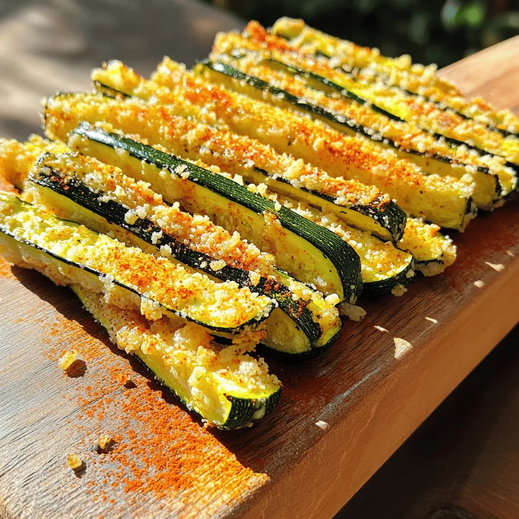 - 2 medium zucchinis, cut into fries - 1/2 cup all-purpose flour - 2 large eggs, beaten - 1 cup breadcrumbs (panko preferred for extra crunch) - 1/2 cup grated Parmesan cheese - 1 teaspoon garlic powder - 1/2 teaspoon onion powder - 1/2 teaspoon paprika - Salt and pepper to taste - Cooking spray or olive oil for drizzling - Baking sheet - Parchment paper - Shallow dishes for breading - Calories per serving: Approximately 150 - Key nutritional breakdown: - Carbohydrates: 20g - Fats: 7g - Protein: 5g When I make Crispy Parmesan Zucchini Fries, I enjoy using fresh zucchinis. They add a nice crunch and flavor. You can find these ingredients at any grocery store. The panko breadcrumbs create that extra crunch that everyone loves. For equipment, I recommend using a baking sheet lined with parchment paper. This makes cleanup easy and helps the fries crisp up. Shallow dishes for breading help you coat the zucchini fries evenly and quickly. As for nutrition, these fries are a tasty snack or side dish. They are lower in calories compared to regular fries. Each serving packs a nice balance of carbs, fats, and protein. If you want to know more, check the full recipe for cooking tips! 1. Preheat your oven to 425°F (220°C). This helps the fries crisp up nicely. 2. Line a baking sheet with parchment paper. This prevents sticking and makes cleanup easy. 1. In a shallow dish, mix 1/2 cup of flour with salt and pepper. This coats the zucchini well. 2. In another shallow dish, beat 2 large eggs until mixed. This will help the crumbs stick. 3. In a third shallow dish, combine 1 cup of breadcrumbs, 1/2 cup of grated Parmesan cheese, 1 teaspoon of garlic powder, 1/2 teaspoon of onion powder, 1/2 teaspoon of paprika, and a pinch of salt and pepper. This mix adds great flavor! 4. Take each zucchini fry and dip it first into the flour mixture. Shake off any extra flour. 5. Next, dip the fry into the beaten eggs. Make sure it’s well coated. 6. Finally, press the fry into the breadcrumb mixture, ensuring it sticks well. 1. Place the coated zucchini fries on the prepared baking sheet. Lay them in a single layer without touching. 2. Lightly spray or drizzle the fries with cooking spray or olive oil. This step gives extra crispiness. 3. Bake in the preheated oven for 20-25 minutes. Flip them halfway for even cooking. 4. Once they are golden brown and crispy, take them out and let them cool for a minute. Then, enjoy! For the full recipe, check the main section. To make your zucchini fries super crispy, I have a few tips. First, use panko breadcrumbs. They are lighter and give a great crunch. Second, space your zucchini fries well on the baking sheet. If they touch, they will steam instead of crisp up. You can jazz up the flavor with some extra spices. Try adding cayenne for heat or Italian seasoning for a herby touch. These small changes can make a big difference in taste. These fries taste great with dipping sauces. I love pairing them with marinara or ranch dressing. You can also try garlic aioli for a tasty twist. They make a fun snack or a side dish! For the full recipe, check out the complete guide. {{image_2}} If you need a gluten-free option, swap the all-purpose flour for almond flour or rice flour. These options work well to keep the crispiness. For the breadcrumbs, you can use gluten-free panko. It will give you that lovely crunch without the gluten. If you want to change the cheese, try using nutritional yeast for a vegan twist. It adds a cheesy flavor without dairy. You can also use mozzarella cheese if you prefer a milder taste. Just make sure to adjust the amount for a good melt. To make your zucchini fries even tastier, add herbs to your breadcrumb mix. Try mixing in dried basil or oregano; they bring a fresh taste. You can also use thyme or rosemary for a different flavor profile. Just one teaspoon of these herbs can elevate your fries to a new level. Using an air fryer is a smart way to make these fries. It cuts down on oil and still gives you crispiness. Preheat your air fryer to 400°F (200°C). Follow the same breading steps as the oven method. Place the coated fries in a single layer in the basket. Cook for about 10-15 minutes, flipping halfway through. Check for golden brown color. This method is quick and delicious! For the full recipe, check out the detailed instructions above. To keep your crispy zucchini fries fresh, store them in an airtight container. Make sure they cool down first. Place a paper towel at the bottom to absorb moisture. This helps keep them crispy. You can keep them in the fridge for about 3 days. After that, they might lose their crunch. When you want to enjoy your leftover fries, use the oven or an air fryer. Preheat your oven to 400°F (200°C). Spread the fries on a baking sheet. Bake them for about 10 minutes. This method helps them stay crispy. Avoid using the microwave, as it can make them soggy. You can freeze both uncooked and cooked zucchini fries. For uncooked fries, place them in a single layer on a baking sheet. Freeze until firm, then transfer them to a freezer bag. For cooked fries, let them cool completely before freezing. Use them within 3 months for the best taste. Yes, you can prepare the zucchini fries ahead of time. After coating the zucchini, place them on a baking sheet. Cover and refrigerate them for up to two hours. When you're ready, bake them straight from the fridge. This keeps them fresh and tasty. To check if your fries are done, look for a golden brown color. They should feel crispy on the outside. You can also insert a fork to test their tenderness. If they are soft inside, they are ready to eat. Absolutely! You can use other veggies like carrots, sweet potatoes, or eggplant. Just cut them into fry shapes. Adjust the cooking time based on the vegetable you choose. They should all be crispy and delicious. Zucchini fries taste great with many dips. You can try marinara sauce, ranch dressing, or garlic aioli. For something spicy, sriracha mayo is a fun choice. Each dip adds its own flavor to the fries. Enjoy experimenting! You learned how to make crispy Parmesan zucchini fries. We covered all the key ingredients, tools, and easy steps. Remember to use panko for crispiness and experiment with your favorite spices. Store leftovers properly for future enjoyment. You can even adapt the recipe for an air fryer. Whether for snacks or a side dish, these fries will impress. Enjoy the process, and don’t hesitate to try different flavors and veggies. Simple, tasty, and fun!