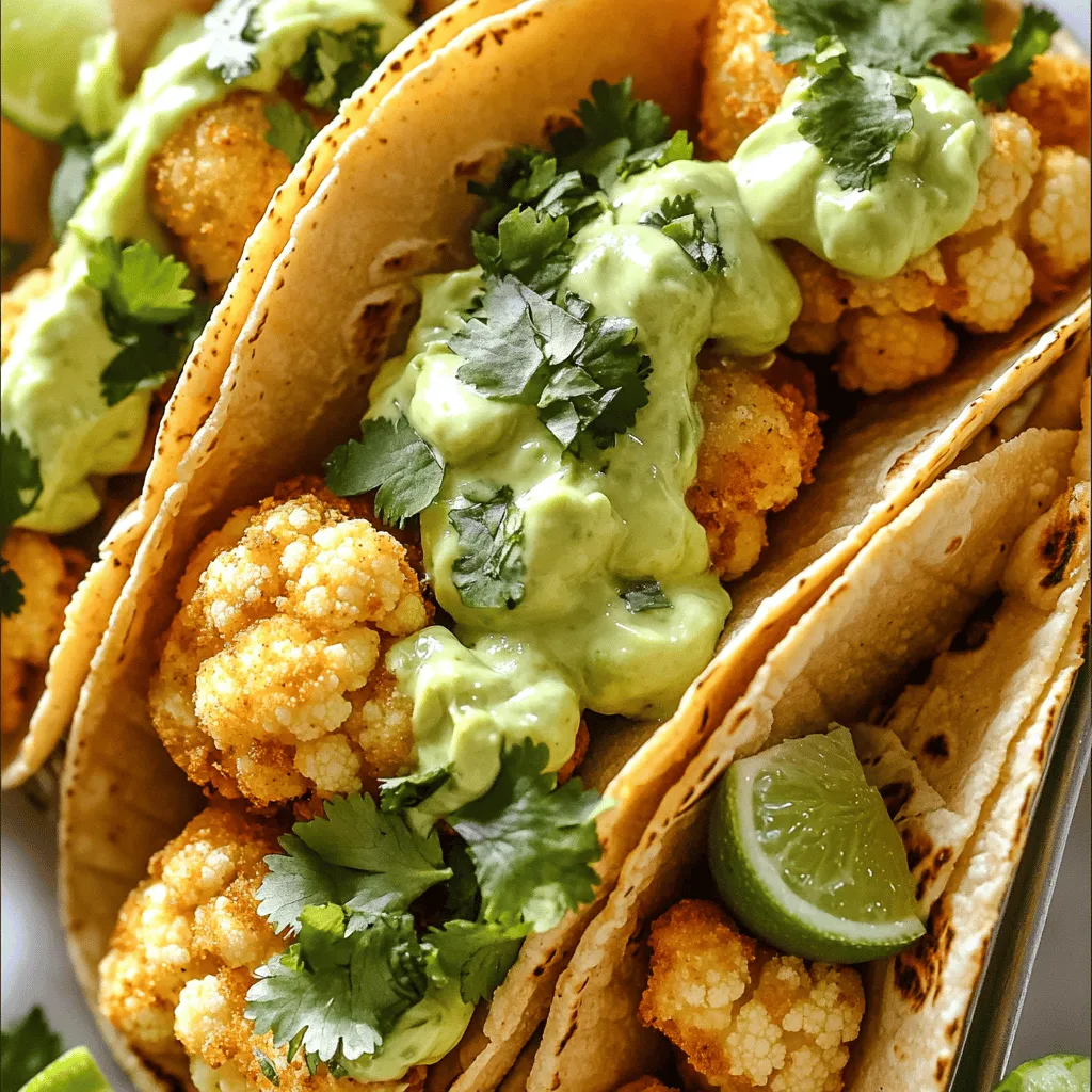 To make crispy cauliflower tacos, you will need: - 1 medium head of cauliflower, cut into florets - 1 cup all-purpose flour - 1 teaspoon garlic powder - 1 teaspoon cumin - 1 teaspoon paprika - 1/2 teaspoon cayenne pepper (adjust to taste) - 1/2 teaspoon salt - 1 cup cold sparkling water - Oil for frying - Corn tortillas (for serving) These ingredients create a tasty coating for the cauliflower. The spices add flavor and warmth to each bite. For the creamy avocado sauce, gather: - 1 ripe avocado - 1/4 cup plain Greek yogurt - 1 tablespoon lime juice - Salt and pepper to taste - Fresh cilantro, chopped (for garnish) This sauce is smooth and zesty. It perfectly complements the crunchy tacos. You can add these optional toppings for extra flavor: - Sliced radishes - Shredded cabbage - Diced tomatoes - Lime wedges These toppings bring color, crunch, and freshness to your dish. Enjoy customizing your tacos to suit your taste! For the full recipe, please refer to the original source. To start, gather your ingredients for the batter. You need flour, garlic powder, cumin, paprika, cayenne pepper, and salt. In a bowl, whisk these dry ingredients together. Next, slowly add cold sparkling water. Keep mixing until the batter is smooth. The bubbles in the sparkling water help make it light and crispy. Now, let’s coat the cauliflower. Take each floret and dip it into the batter. Make sure each piece gets an even coat. After dipping, gently shake off the extra batter. This step helps the cauliflower fry nicely without being too heavy. Heat oil in a deep skillet or frying pan. You want about one inch of oil. Turn the heat to medium-high. Test the oil by dropping a bit of batter in; it should sizzle. Once the oil is ready, carefully add the cauliflower. Fry in small batches, about 4-5 minutes, until they turn golden brown. Use a slotted spoon to take them out and place them on paper towels to drain the oil. For the avocado sauce, grab a ripe avocado. Cut it and scoop the flesh into a blender. Add Greek yogurt, lime juice, salt, and pepper. Blend until it’s creamy. Taste and adjust the seasoning if needed. This sauce adds a fresh kick to your tacos. Warm your corn tortillas in a pan or microwave. Lay out the tortillas and place 2-3 crispy cauliflower pieces in each one. Drizzle the avocado sauce over the cauliflower. For a beautiful finish, sprinkle with fresh cilantro. Enjoy your tasty, crispy cauliflower tacos right away. For the full recipe, check the details above. To get your cauliflower crispy, the batter is key. A thicker batter clings better. Use cold sparkling water for a light and airy texture. It adds bubbles that help the batter puff up. Coat each floret fully, but shake off extra batter. This prevents sogginess. Oil choice impacts taste and texture. I recommend using vegetable or canola oil. These oils have a high smoke point. This means they can handle the heat without burning. Heat about an inch of oil until it shimmers. This ensures even cooking and a perfect crunch. Serve your tacos hot for the best flavor. Warm corn tortillas add a nice touch. Fill each tortilla with 2-3 crispy cauliflower pieces. Drizzle with the creamy avocado sauce for added richness. You can also add fresh cilantro and lime wedges for zest. Enjoy these tacos with friends for a fun meal! {{image_2}} You can switch up the flavors in your crispy cauliflower tacos easily. Try adding different spices to the batter. For a smoky kick, use smoked paprika. If you prefer warmth, add more cayenne pepper. You can also mix in dried herbs like oregano or thyme for an earthier taste. Experimenting with seasonings can make each batch unique and exciting. While the avocado sauce is creamy and delicious, you have many other options. A zesty lime crema made with sour cream and lime juice adds a fresh zing. You could also try a chipotle mayo for a smoky, spicy twist. If you love heat, make a spicy salsa or a tangy mango salsa. Each sauce brings a new layer of flavor to your tacos. These tacos can easily fit a vegetarian or vegan diet. To make the avocado sauce vegan, replace Greek yogurt with a plant-based yogurt. You can also use chickpea flour instead of all-purpose flour in the batter. This option will add protein and fiber while keeping it delicious. Enjoy the same crispy texture and flavor, while catering to different dietary needs. For the full recipe, check out the complete guide on crispy cauliflower tacos. To store leftover cauliflower tacos, let them cool completely. Place them in an airtight container. You can keep them in the fridge for up to 3 days. To keep the tacos fresh, avoid stacking them. Instead, place parchment paper between layers. To reheat the tacos, I recommend using an oven. Preheat your oven to 375°F. Place the tacos on a baking sheet. Heat them for about 10-15 minutes. This method helps keep the cauliflower crispy. You can also use an air fryer for about 5-7 minutes. Both methods work well. If you want to freeze the cauliflower, it's best to freeze the florets before frying. After coating them in batter, flash freeze them on a baking sheet. Once frozen, transfer them to a freezer bag. You can store them for up to 2 months. When you're ready to cook, simply fry them straight from the freezer. This makes for a quick and easy meal. Yes, you can prep the cauliflower ahead. Cut the florets and make the batter. Store them separately in the fridge for up to a day. When ready, coat the florets and fry them fresh. This keeps them crispy and tasty. If you need a flour substitute, try using cornstarch or chickpea flour. Both create a lovely, crispy texture. You can also use gluten-free flour if preferred. Just remember to adjust the liquid for the right batter thickness. To keep the cauliflower crispy, place it on a wire rack after frying. Avoid stacking them on a plate, as steam can make them soggy. Serve them right away for the best crunch. Serve crispy cauliflower tacos on warm corn tortillas. Top them with creamy avocado sauce and fresh cilantro. You can also add lime wedges for a zesty kick. This combination brings out the flavors perfectly. For the full recipe, check out the Crispy Cauliflower Tacos section. It includes all the ingredients and step-by-step instructions to make this tasty dish! Crispy cauliflower tacos are easy and fun to make. We covered the best ingredients, step-by-step instructions, and helpful tips. You learned about variations and how to store leftovers, too. Experiment with spices and sauces to find your favorite flavor. Enjoy these tacos as tasty meals that anyone can love. Now, grab your ingredients and get cooking for a fun family dinner!