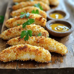 To make these tasty chicken tenders, you need: - 1 pound chicken breast tenders - 1 cup buttermilk (or 1 cup milk + 1 tablespoon lemon juice) - 1 cup all-purpose flour - 1 cup Panko breadcrumbs - 1 teaspoon garlic powder - 1 teaspoon onion powder - 1 teaspoon smoked paprika - 1 teaspoon salt - ½ teaspoon black pepper - ½ teaspoon cayenne pepper (optional for spice) - 2 tablespoons olive oil These ingredients create a great base for the tenders. The buttermilk helps tenderize the chicken and adds flavor. Panko breadcrumbs give a nice crunch, making them extra crispy. You can add more flavor with these optional ingredients: - 1 teaspoon dried herbs (like thyme or oregano) - 1 tablespoon grated Parmesan cheese - Zest of 1 lemon These additions can elevate the dish. Dried herbs add depth, while Parmesan adds a rich, cheesy note. Lemon zest gives a fresh hint that balances the flavors perfectly. Serve your chicken tenders with these tasty dips: - Honey mustard - Ranch dressing - Barbecue sauce - Garlic aioli Dipping sauces enhance the eating experience. Honey mustard offers sweet and tangy notes. Ranch dressing provides creaminess, while barbecue sauce adds smokiness. Garlic aioli is great for a gourmet touch. For the full recipe, visit the link provided. Enjoy your cooking! First, grab your pound of chicken breast tenders. Pat them dry with paper towels. This helps the coating stick better. Next, place the tenders in a medium bowl. Pour in the buttermilk. Make sure each piece is well-coated. Let them sit for at least 30 minutes. If you have time, marinate overnight in the fridge. This step adds great flavor and tenderness. Now, let’s make the coating. Take a shallow dish and mix together the flour, garlic powder, onion powder, smoked paprika, salt, black pepper, and cayenne pepper. Stir these ingredients well to ensure they blend nicely. In another dish, place the Panko breadcrumbs. Drizzle the olive oil over them. Toss the breadcrumbs to coat with oil. This will help them get crispy in the oven. Once your chicken is marinated, it’s time to coat them. Remove each tender from the buttermilk. Let any extra buttermilk drip off. Dredge the chicken in the flour mixture. Make sure it is covered well. Then, dip the floured chicken into the Panko breadcrumbs. Press gently to make sure they stick. Arrange the coated tenders on a baking sheet. Leave space between each piece for even cooking. Bake them in a preheated oven at 425°F (220°C) for 15-20 minutes. Flip them halfway through for even browning. They are ready when golden brown and reach 165°F (75°C) inside. Let them cool a bit before serving for extra crunch. You can find the Full Recipe for all the details. To get that perfect crispy coating, use Panko breadcrumbs. They create a light crunch. Make sure to drizzle olive oil on the breadcrumbs. This helps them crisp up in the oven. Another tip is to flip the chicken halfway through baking. This ensures even browning on all sides. Lastly, don’t overcrowd the baking sheet. Give each chicken tender space to breathe. Marinating your chicken in buttermilk adds flavor and moisture. You can use plain milk with lemon juice if you don't have buttermilk. Let the chicken sit in the marinade for at least 30 minutes. For even more flavor, you can marinate overnight. Adding spices to your marinade, like garlic powder, boosts taste. Try to coat every piece well for the best results. Cook your chicken tenders until they reach an internal temperature of 165°F (75°C). This keeps them safe to eat. Use a meat thermometer for accuracy. To test doneness, cut into a tender. The meat should be white, not pink. If you're unsure, always check the temperature. This simple step ensures your meal is both safe and delicious. {{image_2}} To add some heat, I love making spicy oven baked chicken tenders. Just mix in cayenne pepper with the flour. You can also add some hot sauce to the buttermilk. This gives your chicken a nice kick. Adjust the spice level to fit your taste. If you like it hot, add more cayenne! For a cheesy twist, try parmesan crusted chicken tenders. Mix grated parmesan cheese into the breadcrumb mixture. The cheese adds a rich flavor and a nice crunch. You can use half breadcrumbs and half parmesan for a great texture. This variation works well with marinara sauce for dipping. If you need gluten-free chicken tenders, it's easy to make changes. Substitute all-purpose flour with gluten-free flour. Use gluten-free breadcrumbs or crushed cornflakes instead of Panko. Both options give you a crispy coating. Just make sure to check your labels for hidden gluten. These adjustments let everyone enjoy crispy chicken tenders! For all these variations, check out the Full Recipe for the basic steps. Enjoy experimenting! To store leftover chicken tenders, first let them cool. Place them in an airtight container. Keep the container in the fridge. They will stay fresh for about three days. For best taste, eat them within this time. When you’re ready to enjoy your leftovers, preheat your oven to 375°F (190°C). Place the chicken tenders on a baking sheet. Cover them loosely with foil to keep them moist. Heat for about 10-15 minutes. This method keeps them crispy and tasty. You can also use an air fryer. Set it to 350°F (175°C) and cook for 5-7 minutes. Freezing chicken tenders is a great option for long-term storage. First, let them cool completely. Wrap each tender tightly in plastic wrap. Place the wrapped tenders in a freezer bag. Squeeze out as much air as you can before sealing. They can last for up to three months in the freezer. When you’re ready to eat, thaw them in the fridge overnight before reheating. This keeps them juicy and flavorful. For more details, check the Full Recipe. You can use milk with lemon juice. Mix 1 cup of milk with 1 tablespoon of lemon juice. Let it sit for a few minutes. This will create a similar tangy flavor as buttermilk. You can use this mixture to marinate the chicken. It works just as well! Yes, you can definitely use chicken thighs. Thighs will give you a juicier bite. They may take a bit longer to cook. Just make sure they reach 165°F (75°C) for safety. Thighs offer great flavor and texture, making a tasty option. Many sides go well with these chicken tenders. Try serving them with: - French fries - Mashed potatoes - Steamed broccoli - Coleslaw - Fresh salad These sides balance the meal and add more fun to your plate! Leftover chicken tenders can last up to four days in the fridge. Make sure to store them in an airtight container. This helps keep them fresh. Reheat them well before eating! If you don’t have an oven, you can fry them on the stove. Heat oil in a pan over medium heat. Cook the chicken tenders for about 4-5 minutes on each side. Check that they reach an internal temperature of 165°F (75°C) to ensure safety. Enjoy them crispy and delicious! Oven baked chicken tenders offer a tasty treat that’s easy to make. We explored the key ingredients, simple steps, and ways to make them crispy. I shared tips for extra flavor and safe cooking. Don’t forget the fun variations and storage tips to keep leftovers fresh. Experiment with sauces and enjoy your meal. You can create your perfect chicken tenders at home. Try new flavors and enjoy each bite!