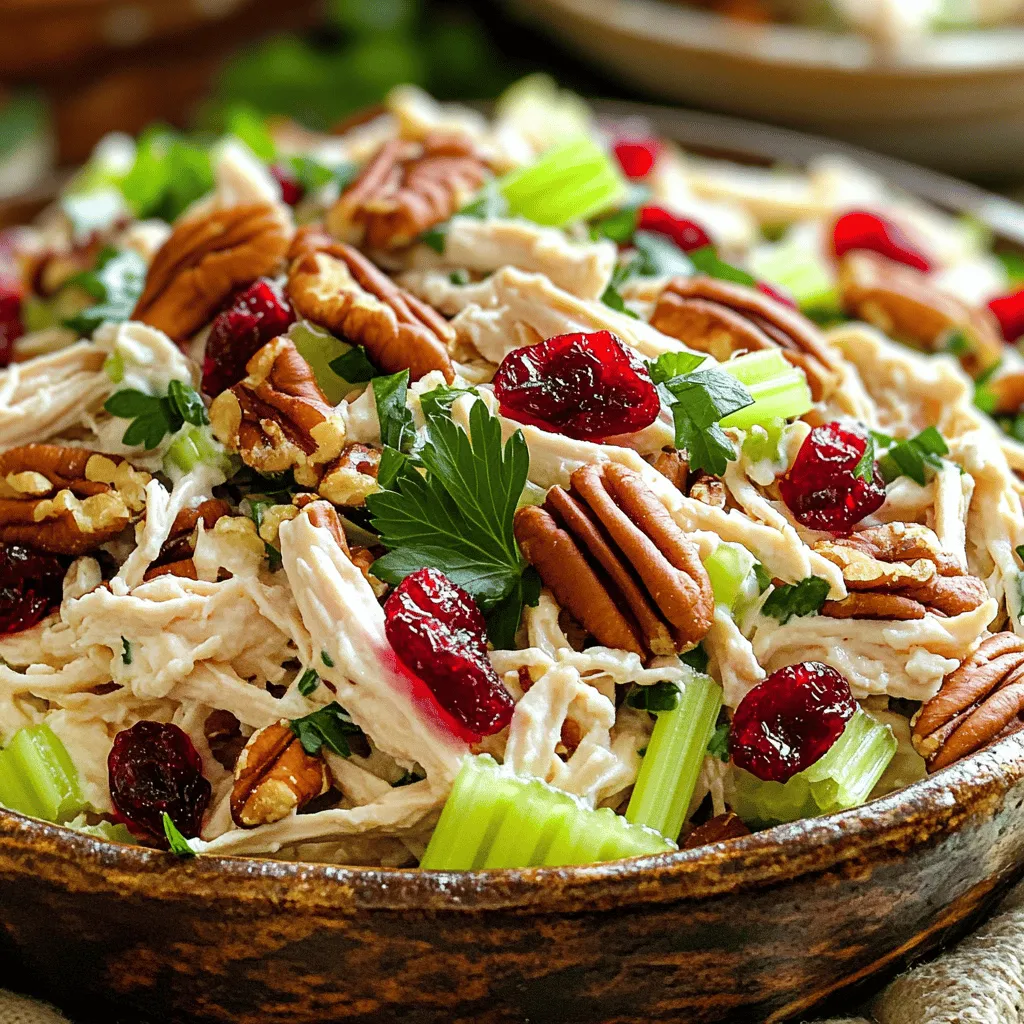 For a tasty Cranberry Pecan Chicken Salad, gather these items: - 2 cups cooked chicken, shredded (can use rotisserie chicken) - 1/2 cup dried cranberries - 1/2 cup pecans, chopped - 1/2 cup celery, diced - 1/4 cup red onion, finely chopped - 1/2 cup Greek yogurt (or mayonnaise if preferred) - 1 tablespoon honey - 1 tablespoon Dijon mustard - Salt and pepper to taste - Fresh parsley, chopped (for garnish) You can add more flavor with these optional items: - A squeeze of lemon juice for brightness - Sliced grapes for extra sweetness - A pinch of cayenne for heat If you need substitutes, consider these options: - Use turkey instead of chicken for a different taste. - Swap pecans for walnuts or almonds if you prefer. - Replace Greek yogurt with sour cream for a creamier texture. For the full recipe, check out the detailed instructions! To start, gather your ingredients. You will need cooked chicken, dried cranberries, pecans, celery, and red onion. Shred the chicken if it isn’t already. You can use rotisserie chicken for ease. Dice the celery into small pieces and chop the red onion finely. This makes the salad mix well and taste great. In a large bowl, mix the shredded chicken, cranberries, pecans, diced celery, and red onion. Stir them gently to combine. In a separate bowl, whisk together Greek yogurt, honey, and Dijon mustard until smooth. This adds a nice creaminess. Pour this mixture over the chicken and veggies. Fold everything together carefully until mixed well. Season with salt and pepper to taste. Be sure to mix gently again to spread the seasoning evenly. Cover the bowl with plastic wrap. Chill the salad in the fridge for at least 30 minutes. This helps the flavors blend and taste better. Before serving, stir the salad again. Lastly, garnish with chopped parsley for a fresh look. Enjoy this tasty dish! For the full recipe, check out the section above. To make your cranberry pecan chicken salad shine, use fresh herbs. Fresh parsley adds a bright note. You can also try fresh dill or chives for a twist. Another great tip is to toast your pecans. Lightly browning them will give a warm, nutty flavor. Add a splash of lemon juice to brighten the dish. It will lift all the flavors and make your salad pop. For a touch of sweetness, consider using maple syrup instead of honey. One common mistake is over-mixing the salad. If you mix too hard, it can turn mushy. Instead, fold the ingredients gently. This keeps the chicken pieces intact and the salad fresh. Also, watch the salt. Too much can overpower the taste. Start small and adjust as needed. Lastly, don’t skip the chilling step. Letting the salad rest helps the flavors combine. It also makes for a better texture. Serve your cranberry pecan chicken salad on a bed of greens. Lettuce or spinach works well. You can also use it as a filling for wraps or sandwiches. If you want a crunchy side, pair it with pita chips or crackers. For a heartier meal, serve it with quinoa or brown rice. This salad is great for picnics, too. Just keep it cool in a cooler until ready to eat. Check the [Full Recipe] for more details. {{image_2}} You can swap chicken for other proteins. Try turkey for a lighter taste. Canned tuna works well too. If you like seafood, shrimp adds a nice twist. For a vegetarian option, use chickpeas. They add protein and texture. Each choice gives a new flavor to the salad. To make this salad gluten-free, check the mustard and yogurt labels. Most are safe, but it's good to be sure. For a vegan version, skip the chicken and use tofu. Replace Greek yogurt with plant-based yogurt. Maple syrup can replace honey to keep it sweet. This way, everyone can enjoy the dish. Pecans are great, but try walnuts or almonds for a change. Each nut brings a different crunch and taste. For fruits, add apples or grapes. They give a sweet and juicy bite. You can also mix in sunflower seeds for extra crunch. Experiment to find your favorite combo! To keep your cranberry pecan chicken salad fresh, store it in an airtight container. Place the salad in the fridge right after serving. It will stay good for up to three days. If you notice any off smells or colors, it's best to toss it out. Freezing this salad is not recommended. The yogurt and veggies do not freeze well. They can turn mushy when thawed. If you want to save time, prep the chicken and mix the dry ingredients. Keep the dressing separate until you’re ready to eat. You do not need to heat this salad. It’s best served cold. If you prefer warm chicken, gently reheat it in a microwave. Use a microwave-safe dish and heat in short bursts. Stir between each burst to ensure even heating. After warming, mix it back with the salad. Yes, you can use canned chicken. Just drain it well and shred it. Canned chicken is quick and easy. However, fresh or rotisserie chicken adds better taste and texture. If you want the best flavor, stick with cooked chicken. You can keep the salad in the fridge for about three days. Make sure to store it in an airtight container. The longer it sits, the softer the ingredients may become. So, enjoy it fresh for the best taste! Absolutely! This salad is great for meal prep. Make it a day ahead, and let the flavors blend in the fridge. Just stir it before serving. You can also add fresh parsley right before you serve it for a bright touch. For the full recipe, check out the details above. You learned about the key ingredients and their substitutes. I gave you clear steps for preparation and serving. We covered tips to boost flavor and avoid common mistakes. You explored various substitutions for diets and different tastes. Lastly, I shared storage tips to keep leftovers fresh. In summary, this recipe is adaptable and easy to follow. With these insights, you can make a delicious salad that suits your needs. Enjoy creating your unique dish!