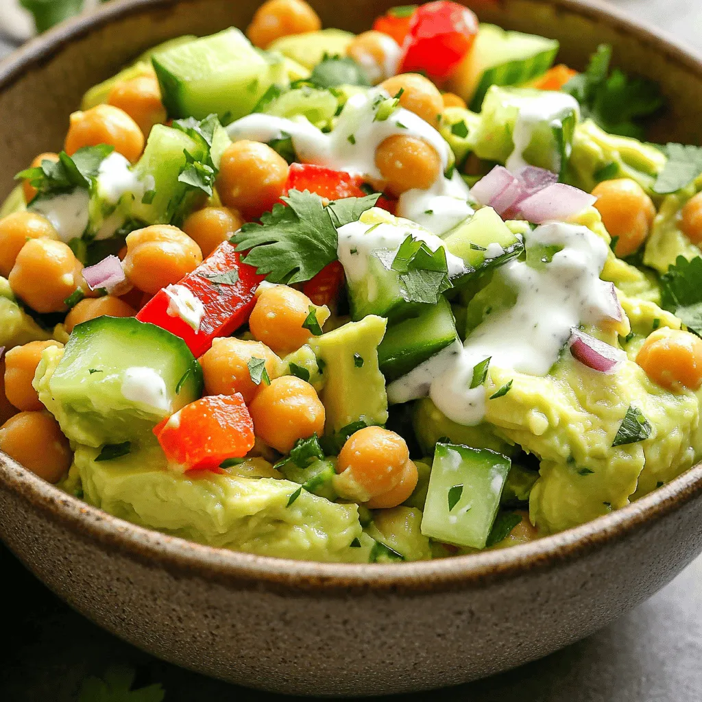 To make a Smashed Avocado Chickpea Salad, gather these fresh ingredients: - 2 ripe avocados - 1 can (15 oz) chickpeas, drained and rinsed - 1 small red onion, finely chopped - 1 small cucumber, diced - 1 red bell pepper, diced - 1 tablespoon fresh lemon juice - 2 tablespoons plain Greek yogurt (or vegan alternative) - 1 teaspoon garlic powder - 1 teaspoon cumin - Salt and pepper to taste - Fresh cilantro or parsley for garnish Each ingredient plays a key role in making this salad tasty and healthy. The avocados provide creaminess, while the chickpeas add protein. The veggies bring crunch and color, making every bite a delight. The dressing enhances the flavors, tying everything together. You’ll love how easy and quick this dish is to prepare. For the full recipe, check out the details above. 1. Mashing avocados and chickpeas Start with two ripe avocados. Cut them in half and remove the pit. Scoop out the green flesh into a medium bowl. Use a fork to mash the avocados. You want it to be smooth but still a bit chunky. Next, open a can of chickpeas. Drain and rinse them under cool water. Add them to the bowl with the avocados. Mash some chickpeas with the fork, but keep some whole for bites. 2. Mixing in vegetables Now, grab a small red onion. Chop it finely and add it to the bowl. Then, take a small cucumber and dice it into small pieces. Toss that in too. Lastly, take a red bell pepper, remove the seeds, and chop it into small cubes. Mix all these fresh veggies into the bowl with the avocado and chickpeas. This adds crunch and flavor. 3. Preparing the dressing In a small bowl, squeeze one tablespoon of fresh lemon juice. Add two tablespoons of plain Greek yogurt, or a vegan alternative if preferred. Sprinkle in one teaspoon of garlic powder and one teaspoon of cumin. Season with salt and pepper. Whisk it all together until it forms a smooth dressing. This will bring all the flavors together nicely. 4. Combining ingredients Drizzle the dressing over the avocado and chickpea mixture. Use a spatula or spoon to gently mix everything together. Make sure all the ingredients are well-coated in the dressing. Taste your salad and adjust the seasoning if needed. Add more salt, pepper, or lemon juice to get the flavor just right. You can serve your Smashed Avocado Chickpea Salad chilled or at room temperature. Don’t forget to garnish with fresh cilantro or parsley for a pop of color! For the full recipe, check out the section above. You can switch ingredients to suit your taste. If you want a vegan option, use plant-based yogurt. This option keeps the salad creamy without dairy. You can also change the vegetables. Try adding corn, cherry tomatoes, or even spinach. Each veggie brings a new flavor to the dish. For seasoning, feel free to adjust to your liking. If you love heat, add some red pepper flakes. If you want a fresh bite, toss in some dill or basil. Choosing ripe avocados is key. Look for avocados that feel slightly soft when pressed. If they are hard, let them ripen at room temperature. Once ripe, use them quickly to avoid browning. To get the right texture for your salad, mash the avocados and chickpeas with a fork. This keeps some chunks for a nice bite. Don't overmix; you want a mix of creamy and chunky. For the full recipe, check the instructions above. Happy cooking! {{image_2}} You can make this salad even more fun by adding spices. A sprinkle of chili powder gives it a nice kick. Paprika also adds a smoky flavor that pairs well with the creamy avocado. Try using fresh herbs too. Basil adds a sweet touch, while dill brings a fresh taste. These flavors can really change the vibe of your salad. This salad shines when served with bread or crackers. The crunchy texture complements the creaminess perfectly. You can also use this salad as a filling for wraps or sandwiches. It makes a quick lunch that is both tasty and filling. Just spread it on your favorite bread or tortilla, and you’re ready to go. For the full recipe, check out the details above. To keep your Smashed Avocado Chickpea Salad fresh, store it properly. Use an airtight container to prevent air from getting in. This helps keep the salad from turning brown. I recommend a glass container. Glass is easy to clean and does not hold smells. If you have extra salad, cover it tightly with plastic wrap. Press the wrap down to remove air. This simple step helps your salad stay fresh longer. This salad can last in the fridge for about 2 to 3 days. After that, it may spoil. Look for signs that your salad is no longer good. If it smells off or looks brown and mushy, it's time to toss it. Freshness is key for taste and health. Enjoy your Smashed Avocado Chickpea Salad while it's still delicious! Smashed Avocado Chickpea Salad is a fresh and tasty dish. It combines creamy avocado and protein-rich chickpeas. This salad is packed with nutrients that benefit your body. - Avocados are high in healthy fats. They provide fiber and help keep your heart healthy. - Chickpeas are great for protein and fiber. They support digestion and keep you full longer. - Red onions add flavor and antioxidants. They may help fight inflammation. - Cucumbers are hydrating and low in calories. They help keep you refreshed. - Red bell peppers are rich in vitamins A and C. They boost your immune system. This salad is not only delicious, but it also nourishes your body. Yes, you can make Smashed Avocado Chickpea Salad ahead of time. This makes it a perfect choice for busy days. - Prepare the salad and store it in an airtight container. This keeps it fresh. - If you want, you can mix the dressing separately. Add it just before serving to keep flavors bright. - For best taste, eat the salad within a day of making. Making this salad in advance saves time and adds flavor to your meals. Preventing avocado from browning is easy with a few simple tips. - Use fresh lemon juice when you make the salad. The acid helps slow browning. - Keep the salad stored tightly covered in the fridge. This limits air exposure. - If you notice browning, you can gently stir the salad. This mixes in the fresh avocado. These tips help keep your Smashed Avocado Chickpea Salad looking vibrant and fresh. For the full recipe, check the details above. This blog post covered everything you need to know about Smashed Avocado Chickpea Salad. We looked at the key ingredients and how to prepare them. I shared tips for substitutions and best practices. We also explored flavor variations and ways to serve it. Storing leftovers properly keeps the dish fresh for longer. Whether you're making it for a meal or a snack, this salad is easy and nutritious. I hope you try it and enjoy its fresh flavors. Happy cooking!