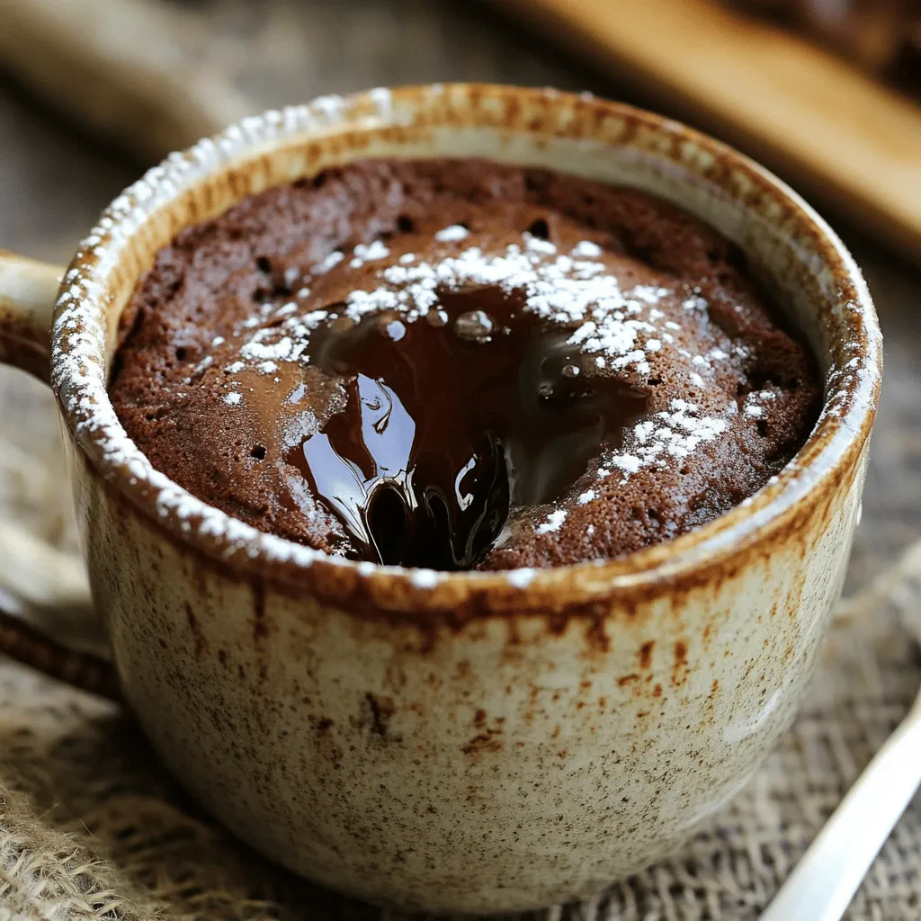 To make a delicious chocolate lava mug cake, gather these simple ingredients: - 4 tablespoons all-purpose flour - 4 tablespoons granulated sugar - 2 tablespoons unsweetened cocoa powder - 1/8 teaspoon baking powder - 1/8 teaspoon salt - 3 tablespoons milk - 2 tablespoons vegetable oil - 1/4 teaspoon vanilla extract - 1 ounce semi-sweet chocolate (or a chocolate square) - Optional: Powdered sugar for dusting Measuring your ingredients right is key to a good mug cake. Here are some tips: - Use dry measuring cups for flour, sugar, and cocoa. - Level off the tops with a straight edge for accuracy. - Use a liquid measuring cup for milk and oil. - For small amounts like baking powder and salt, a measuring spoon works best. If you have dietary needs or preferences, you can easily swap some ingredients: - For gluten-free, use a gluten-free flour blend. - For dairy-free, replace milk with almond or soy milk. - Use coconut oil or canola oil instead of vegetable oil. - You can also switch to dark chocolate for a richer taste. This recipe is flexible, so feel free to make it your own! If you want the full recipe, check the instructions above. To start, grab a microwave-safe mug. This will be your baking dish. In the mug, mix these dry ingredients: - 4 tablespoons all-purpose flour - 4 tablespoons granulated sugar - 2 tablespoons unsweetened cocoa powder - 1/8 teaspoon baking powder - 1/8 teaspoon salt Stir the dry ingredients well to break up any lumps. Next, add your wet ingredients: - 3 tablespoons milk - 2 tablespoons vegetable oil - 1/4 teaspoon vanilla extract Mix it all together until the batter is smooth. Push a piece of chocolate into the center. This chocolate will melt and create the lava! Now it’s time to cook your mug cake. Place the mug in the microwave. Cook it on high for about 40 to 50 seconds. Watch closely as it cooks. The cake will rise, but don't overcook it. You want a soft, gooey center. Let it sit for one minute after cooking. This helps the cake set a little. To get the perfect lava center, make sure the chocolate is deep in the batter. If it's too close to the top, it may not melt fully. Also, avoid microwaving too long. The cake should be soft and not fully cooked in the center. If you want a little extra flair, dust the top with powdered sugar before serving. Enjoy your warm chocolate lava mug cake! For the full recipe, check the previous section. When making a chocolate lava mug cake, avoid these common mistakes. First, do not overmix your batter. This can make the cake tough. Second, watch your cooking time closely. Microwaves vary, so check at 40 seconds. If it rises too much, it may overflow. Lastly, use a large enough mug. A small mug can cause a messy spill. You can easily customize your lava mug cake to suit your taste. Try adding a pinch of cinnamon for warmth. For a fruity twist, mix in a few raspberries or cherries. You can also swap the semi-sweet chocolate for dark chocolate or white chocolate. Want a nutty flavor? Add a tablespoon of peanut butter or almond butter to the batter. Serve your mug cake warm to enjoy its gooey center. Top it with a scoop of vanilla ice cream for a creamy contrast. Drizzle some caramel or chocolate sauce on top for added sweetness. Sprinkle chopped nuts or fresh berries for a nice crunch. Dust it with powdered sugar for a touch of elegance. For the full recipe, check out the earlier section. {{image_2}} You can play with flavors in your chocolate lava mug cake. Try adding caramel sauce in the center for a sweet twist. Simply replace the chocolate square with a spoonful of caramel. You can also use peanut butter instead of chocolate. Just drop a spoonful in the middle before microwaving. Both options give a fun surprise. Toppings can enhance your mug cake’s look and taste. You can sprinkle chopped nuts like walnuts or almonds on top after cooking. This adds crunch. Drizzle extra chocolate or caramel sauce on top for a sweet touch. Whipped cream or ice cream on the side makes it extra special. You can also mix in chocolate chips or marshmallows before cooking for a gooey bite. You can make a vegan version of this mug cake. Use almond milk or coconut milk instead of regular milk. For the chocolate square, pick a vegan chocolate. Replace the vegetable oil with melted coconut oil or applesauce. This still gives you that yummy lava center. You won't miss the eggs or dairy at all! If you have leftover mug cake, let it cool down first. Cover the mug with plastic wrap or a lid. You can also transfer it to an airtight container. Store it in the fridge for up to two days. This keeps it fresh and tasty for later. To reheat your mug cake, take it out of the fridge. Remove any plastic wrap. Microwave it for about 10-15 seconds. Check if it’s warm enough. If not, heat it for a few more seconds. Be careful not to overheat, or it may dry out. Mug cakes are best fresh. They last about two days in the fridge. If you want to keep it longer, freeze it. Wrap the mug cake tightly in plastic wrap and then foil. It can last up to a month in the freezer. When you want to eat it, thaw it overnight in the fridge. Then reheat as mentioned above. Enjoy your delicious treat! You can tell your mug cake is done when it rises well. The edges should look firm, while the center remains soft. A toothpick test works too. If it comes out clean, the cake is overcooked. If it has some batter on it, it's just right. For the best results, aim for 40-50 seconds in the microwave. Remember, the cake continues to cook a bit after you take it out. Yes, you can! Just prepare each mug cake in its own mug. Remember to microwave them one at a time. If you cook them all at once, they might not cook evenly. Each mug will need its own time to get that perfect lava center. Toppings can make your mug cake even better! Here are some great ideas: - Whipped cream - Vanilla ice cream - Fresh berries - Chopped nuts - Caramel sauce - Chocolate syrup - Powdered sugar You can mix and match for fun flavors. Each topping adds its own twist to your dessert. Enjoy exploring different combinations! For the full recipe, check out the detailed steps above. You learned how to make a delicious chocolate lava mug cake. We covered the key ingredients, precise measuring tips, and easy substitutions. I provided step-by-step instructions for perfecting your mug cake in the microwave. You discovered tips for avoiding common mistakes and personalizing your treat. We explored flavorful variations and how to store leftovers. Enjoy your baking, savor each bite, and impress your friends with this tasty dessert!