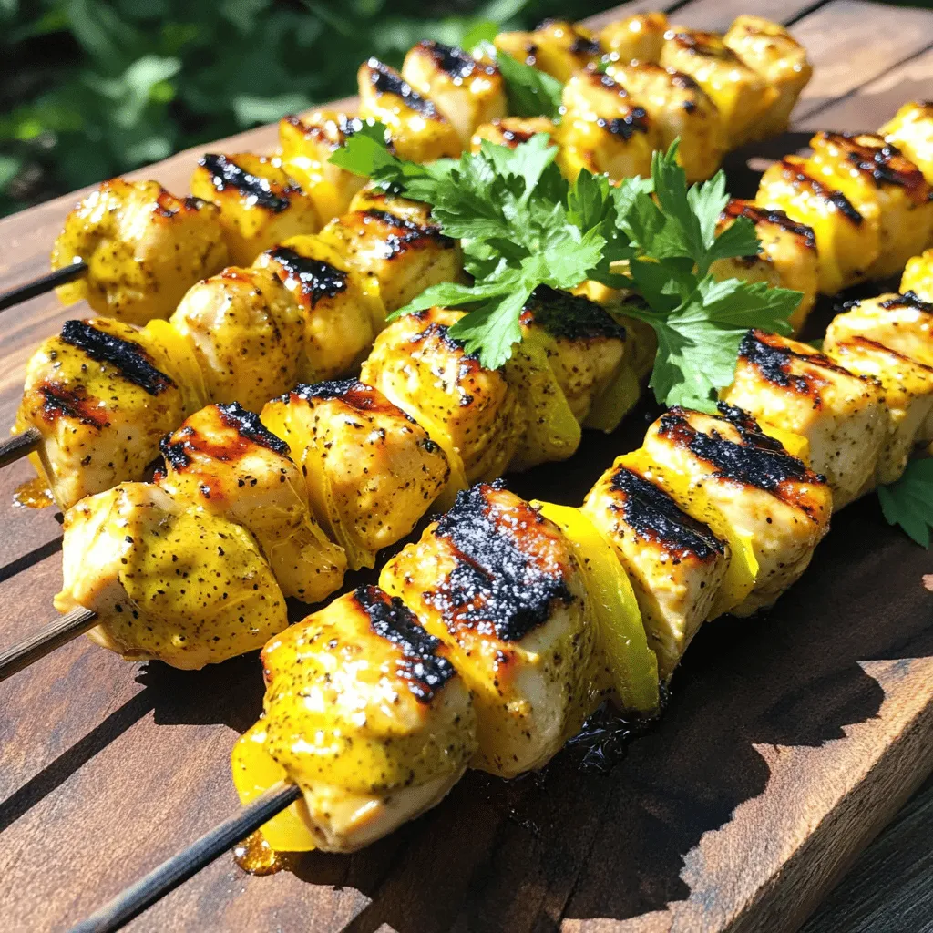 - 1 lb boneless chicken breasts - 1/4 cup honey - 1/4 cup Dijon mustard - 2 tablespoons olive oil - 1 tablespoon apple cider vinegar - 1 teaspoon garlic powder - 1 teaspoon smoked paprika - Salt and pepper to taste - 8 wooden skewers - Bowl for marinating - Grill or grill pan When making honey mustard chicken skewers, the right ingredients make all the difference. You’ll start with boneless chicken breasts. They are lean and cook evenly, making them ideal for skewers. Cut the chicken into 1-inch cubes so they cook well on the grill. You’ll also need honey and Dijon mustard. These two are the star flavors. Honey adds sweetness, while Dijon brings a tangy bite. Together, they create a rich, tasty marinade. Olive oil helps to keep the chicken moist. It also helps the marinade stick. For extra flavor, you’ll want apple cider vinegar. It adds acidity that balances the sweetness. Garlic powder and smoked paprika give depth to the taste. Don’t forget to add salt and pepper for seasoning. Gather 8 wooden skewers for grilling. Soak them in water for 30 minutes. This step prevents them from burning on the grill. You’ll need a bowl for mixing the marinade. A grill or grill pan will help you achieve those nice char marks. This combination of ingredients creates a juicy and flavorful meal. With the right tools, your honey mustard chicken skewers will shine. For the full recipe, check out the details above. In a bowl, I whisk together these simple ingredients: - 1/4 cup honey - 1/4 cup Dijon mustard - 2 tablespoons olive oil - 1 tablespoon apple cider vinegar - 1 teaspoon garlic powder - 1 teaspoon smoked paprika - Salt and pepper to taste This mix creates a sweet and tangy flavor that really shines. Whisk until everything is smooth and combined. The honey adds a lovely sweetness, while the mustard gives it a nice kick. Next, I take 1 lb of boneless chicken breasts and cut them into 1-inch cubes. I coat each piece in the marinade. It’s important to ensure every piece gets covered. This step is vital. I cover the bowl and refrigerate for at least 30 minutes. This allows the chicken to soak up all the great flavors. Now it’s time to grill! I preheat the grill or grill pan over medium-high heat. I take the soaked wooden skewers and thread the marinated chicken onto them. I leave a little space between each piece. This helps them cook evenly. I grill the skewers for about 10-12 minutes, turning them occasionally. They are done when they are cooked through and have nice grill marks. I let them rest for a few minutes before serving. This helps keep the chicken juicy. For the full recipe, check the notes above. Enjoy these juicy and flavorful honey mustard chicken skewers with your favorite side! To get the best flavor, marinate your chicken for a longer time. I recommend at least one hour. This extra time allows the honey and mustard to soak into the chicken. You can even marinate it overnight for an even richer taste. When you grill the skewers, space the chicken pieces evenly. This ensures they cook at the same rate. If they are too close together, some may be raw while others are done. A good rule is to leave a small gap between each piece. These honey mustard chicken skewers pair well with many sides. Try serving them with a fresh salad or roasted vegetables for balance. You might also enjoy them with rice or quinoa for a hearty meal. For a refreshing touch, add a yogurt sauce or a tangy coleslaw. Check out the Full Recipe for more ideas! {{image_2}} You can switch chicken for shrimp or tofu. Shrimp adds a nice ocean flavor. It cooks quickly on the grill. Tofu is great for a plant-based meal. Use firm tofu for the best results. Marinate it just like chicken. Both options keep the honey mustard taste. Want to mix things up? Try adding different spices or herbs. Some good choices are thyme, rosemary, or cayenne pepper. These spices change the taste and make it unique. You can also add lemon zest for a fresh kick. Don’t be shy; experiment to find your favorite blend! If you don’t have a grill, don’t worry! You can oven-bake or air-fry your skewers. For oven-baking, preheat to 400°F (200°C). Place skewers on a baking sheet and cook for about 15-20 minutes. Make sure to flip them halfway. Air-frying is quick and gives a nice crisp. Set your air fryer to 375°F (190°C) and cook for 10-12 minutes. Both methods keep the chicken juicy and flavorful. For the full recipe, check out the details above! To store leftover skewers in the fridge, place them in an airtight container. Make sure they cool down to room temperature first. This helps keep them juicy. You can keep them in the fridge for up to three days. If you want them to stay fresh longer, wrap them tightly in plastic wrap before placing them in the container. For freezing, let the skewers cool completely. Then, wrap each skewer in plastic wrap. Place the wrapped skewers in a freezer bag. Squeeze out as much air as possible to prevent freezer burn. You can freeze them for up to three months. When you are ready to eat, take them out and let them thaw in the fridge overnight. When reheating, keep the skewers juicy and flavorful by using a grill or an oven. Preheat your grill to medium heat. Place the skewers on the grill for about 5-7 minutes, turning them often. This method retains the moisture. You can also use the oven. Preheat it to 350°F (175°C). Place the skewers on a baking sheet and cover them with foil. Heat for about 10-15 minutes. This helps keep them tender. Enjoy your honey mustard chicken skewers again! For the full recipe, check out the earlier section. Dipping sauces add fun and flavor to honey mustard chicken skewers. Some popular choices include: - Ranch dressing: It’s creamy and pairs well with honey mustard. - BBQ sauce: The smoky sweetness complements the chicken. - Hot sauce: A little heat can balance the sweet flavor. - Sweet chili sauce: This adds an Asian twist with spice and sweetness. Mix and match to find your favorite combo! Yes, you can use boneless thighs. They are juicier and more tender than breasts. This change will give your skewers a richer flavor and softer texture. Thighs also hold up well on the grill. Just make sure to cut them into similar-sized pieces for even cooking. You can keep leftover chicken skewers in the fridge for up to four days. Store them in an airtight container. For longer storage, freeze them for up to three months. When you reheat, use low heat to keep them juicy. Enjoy the same great taste later! In this post, we covered how to make tasty honey mustard chicken skewers. We went through the main and additional ingredients, and I shared step-by-step instructions. You learned how to marinate your chicken, grill it, and even store leftovers safely. Remember, feel free to try different proteins or cooking methods. These skewers are easy to customize based on what you like. Enjoy your cooking and have fun with this recipe!