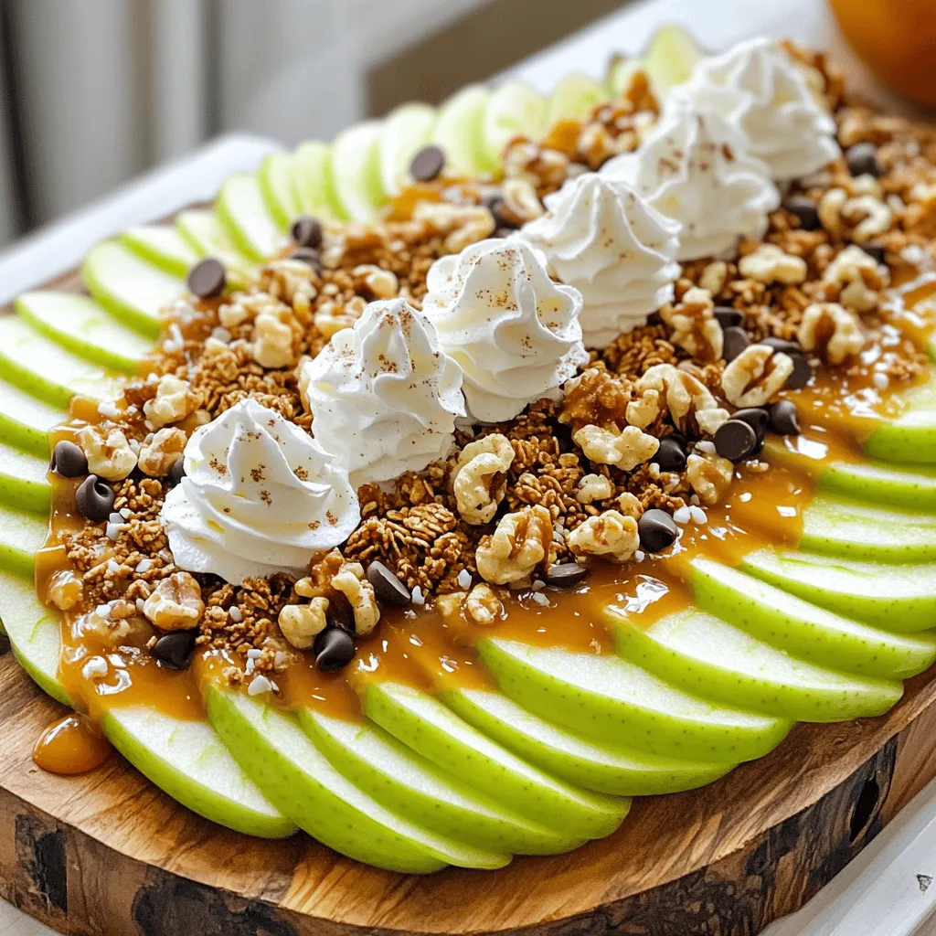 For the best caramel apple nachos, you need to gather some tasty ingredients. Here’s what you will need: - 2 large Granny Smith apples, thinly sliced - 1 cup granola (your choice of flavor) - 1/2 cup caramel sauce (store-bought or homemade) - 1/4 cup mini chocolate chips - 1/4 cup chopped nuts (such as walnuts or pecans) - 1/2 teaspoon cinnamon - Whipped cream for drizzling (optional) - Sea salt (optional) These ingredients come together to make a fun and sweet treat. The tartness of the Granny Smith apples balances well with the sweet caramel and chocolate. You can add granola for a crunchy texture, and chopped nuts add a nice bite. Cinnamon can give it a warm flavor, while whipped cream makes it extra special. Don’t forget the sea salt! It brings out all the flavors. Ready to make your caramel apple nachos? Check out the Full Recipe for full details and steps. Start by washing the Granny Smith apples. Use cold water and scrub them well. This removes dirt and wax. Next, slice the apples into thin wedges. Aim for about a quarter-inch thickness. This size helps them hold toppings better. As you slice, remove the core from each piece. You want only the crisp apple flesh for your nachos. Once your apples are ready, grab a large platter or baking sheet. Lay the apple slices out in an overlapping pattern. Cover the whole surface for a nice look. Make sure each slice is visible. This makes the nachos more fun to eat. After arranging the apples, sprinkle granola evenly over them. Choose your favorite flavor for added crunch. Now it's time for the caramel! Heat the caramel sauce slightly in a microwave. This helps it pour easily. Use a spoon to drizzle the warm sauce all over the apple slices and granola. Don’t be shy—generosity is key here! Next, sprinkle mini chocolate chips and chopped nuts on top. For extra flavor, add a dash of cinnamon and a pinch of sea salt. If you like it creamy, add some whipped cream for fun. Enjoy your sweet treat! - Tips for even slices: Use a sharp knife for quick cuts. Aim for thin, even slices. This helps the nachos look great and makes them easy to eat. - Preventing browning: To stop apples from turning brown, soak them in lemon juice for a few minutes. Rinse and dry them before using. - Creative topping options: Try adding different toppings like shredded coconut or dried fruit. Swap mini chocolate chips for peanut butter chips for a twist. - Flavor variations for granola: Use flavored granola like apple cinnamon or honey nut. This adds extra taste and texture to your nachos. - Ideal occasions for serving: Serve these nachos at parties, game days, or family gatherings. They make a fun dessert or snack for all ages. - Pairing with beverages: Enjoy with warm cider or a scoop of vanilla ice cream. These drinks balance the sweet flavors of the nachos. Remember to check the Full Recipe for all the details to make your caramel apple nachos perfect! {{image_2}} You can use many apple types for nachos. Granny Smith apples are tart and crisp. Honeycrisp apples offer a sweet and juicy bite. Fuji apples are firm and sweet, perfect for a crunchy treat. You can even try Red Delicious for a milder flavor. Each variety gives a new taste and texture. Mix and match apples for a fun twist! Try different sauces for great flavors. Use chocolate sauce or peanut butter for a tasty change. You can drizzle butterscotch sauce for an extra sweet kick. Seasonal toppings also add fun. In the fall, add pumpkin spice. In winter, try crushed peppermint. Each season brings new ideas for your nachos. Make your nachos fit your diet. For gluten-free options, choose gluten-free granola. You can also swap nuts for seeds if needed. If you want vegan nachos, use dairy-free caramel sauce. Coconut whipped cream is a great topping too. These changes let everyone enjoy this treat! To keep your caramel apple nachos fresh, store them in an airtight container. Place parchment paper between layers to prevent sogginess. Make sure to store in the fridge. Enjoy within two days for the best taste and texture. To reheat caramel apple nachos, use a microwave. Heat in short bursts of 15 seconds. Check often to avoid melting the apples too much. If you want hot nachos, try a toaster oven. This keeps the crunch of the granola intact. You can freeze caramel apple nachos, but it’s not ideal. Freezing changes the texture of the apples. If you want to freeze them, remove toppings first. Store the apple slices in a freezer bag. You can add toppings after thawing. To keep apples fresh, use lemon juice. Just squeeze a bit over the slices. The acid slows browning. You can also soak the slices in a mix of water and lemon juice for a few minutes. This helps keep them looking great for your nachos. You can prep some parts early. Slice the apples and mix them with lemon juice. Store them in the fridge. You can also measure out the toppings, like nuts and chocolate chips, in advance. Just wait to drizzle the caramel until you are ready to serve. If you want a change, try chocolate sauce or honey. Nut butters, like almond or peanut, can also add a nice flavor. You might like a fruit compote for a fresh twist. Each choice brings a different taste to your nachos. You can find pre-made versions at some grocery stores or dessert shops. Check the bakery section. Online stores might also have them ready to ship. Just search for "caramel apple nachos" to find options near you. For detailed instructions, check out the complete Caramel Apple Nachos [Full Recipe]. Caramel apple nachos are easy and fun to make. We've covered key ingredients, step-by-step directions, and useful tips. You can customize them to match your taste and dietary needs. Store leftovers properly for later enjoyment and consider different apple types for variety. This treat works well for parties or family nights. With creativity, you can turn a simple dish into a crowd favorite. Enjoy your caramel apple nachos, and share them with friends!