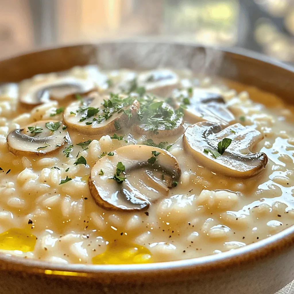 To make a creamy mushroom risotto, you need a few key ingredients. Each one adds flavor and texture to the dish. Here’s what you’ll need: - 1 cup Arborio rice - 4 cups vegetable broth - 1 cup mushrooms (cremini or button), sliced - 1 small onion, finely chopped - 2 cloves garlic, minced - 1/2 cup heavy cream - 1/2 cup grated Parmesan cheese (or a vegan alternative) - 2 tablespoons olive oil - 1 tablespoon butter (or vegan butter) - Salt and pepper to taste - Fresh parsley for garnish Arborio rice is special. It has a high starch content. This makes the risotto creamy. Vegetable broth gives a rich base. You can use homemade broth for extra flavor. Mushrooms are the star. Cremini or button mushrooms work well. They add a deep, earthy taste. Onion and garlic give a nice aroma and sweetness. Heavy cream and Parmesan cheese make it rich and indulgent. Olive oil and butter add richness and depth. Seasoning is important. Salt and pepper bring out the flavors. Fresh parsley on top adds color and freshness. For the full recipe, check out the detailed instructions to make this delightful dish. Start by warming your vegetable broth. Place it in a saucepan over low heat. Keeping it warm is key. It helps the rice cook evenly. If you add cold broth, it slows down cooking. Gradually add warm broth to the rice for the best results. Next, heat olive oil and butter in a large skillet over medium heat. Once melted, add the finely chopped onion. Sauté it until it turns translucent, about 4-5 minutes. This brings out sweetness. Then, add minced garlic and sliced mushrooms. Cook until the mushrooms are tender and have released their moisture, around 5-7 minutes. After that, stir in the Arborio rice. Toast the rice for about 1-2 minutes until it starts to look slightly translucent. This step adds a wonderful nutty flavor. Now, it’s time to start adding the broth. Use a ladle to add the warm broth to the rice. Stir gently and keep the heat on medium-low. Wait until most of the liquid is absorbed before adding more. Repeat this process for about 18-20 minutes. The rice should be creamy and al dente. Once the rice is cooked, reduce the heat to low. Stir in the heavy cream and grated Parmesan cheese. Mix until the cheese melts and the risotto is creamy. Season with salt and pepper to your taste. Let the risotto sit for a couple of minutes. This resting time helps it thicken a bit. Serve hot and enjoy the rich flavors of your creamy mushroom risotto! For a full recipe, check out the detailed steps above. Stirring is key to making creamy risotto. It helps release the starch in the rice. This starch gives risotto its rich, creamy texture. Stir gently but often. Keep the heat low to avoid burning the rice. To test for doneness, taste a grain. The rice should feel soft, but still have a slight bite. This is called "al dente." If it is too hard, add a bit more broth and stir. Let it cook for a few more minutes. For extra flavor, add herbs like thyme or rosemary. A pinch of nutmeg can also make it special. You might also think about using lemon zest for brightness. Using homemade broth gives a richer taste. Store-bought broth works too but check for low sodium. This allows you to control the salt better. Serve the risotto in warm bowls. This keeps it hot longer. You can add a sprinkle of Parmesan on top for extra flavor. A drizzle of olive oil adds shine. For garnish, chop fresh parsley or add some whole mushroom slices. This adds color and looks nice on the plate. Always aim for a meal that is as beautiful as it is tasty. For the complete recipe, be sure to check the Full Recipe. {{image_2}} You can make creamy mushroom risotto even more delicious with seasonal vegetables. Think about adding peas, asparagus, or spinach. These fresh veggies bring color and nutrients. They also enhance the dish's flavor and texture. You can also switch up the mushroom types. Use shiitake, portobello, or oyster mushrooms for different tastes. Each type adds its unique flair. Mix and match your favorites to find the perfect combo for your risotto. Want to make your risotto heartier? Consider adding protein! Chicken, shrimp, or tofu can boost the dish. For chicken, cook it first and add it back at the end. For shrimp, toss them in just a few minutes before serving. Tofu is a great vegan choice. Cook it until crispy and mix it in for a satisfying bite. If you want a vegan option, try chickpeas or lentils. These add protein and fiber. They also make the dish filling without meat. Changing the cheese can alter the flavor. Parmesan is classic, but try goat cheese or feta for a tangy twist. You can also go vegan with nutritional yeast for a cheesy taste. Adding white wine gives the risotto depth. Pour in a splash after sautéing the mushrooms. Let it cook down before adding the broth. This small step adds a rich layer of flavor that elevates your risotto. For the full recipe, check out the [Full Recipe]. To keep your creamy mushroom risotto fresh, follow these best practices. First, allow the risotto to cool to room temperature. This prevents steam from building up in the container. Next, store it in an airtight container. Glass or plastic containers work well. Place it in the fridge and eat within three days for the best taste. The shelf life of risotto is about three days in the fridge. If you want to keep it longer, consider freezing it. When frozen, it can last up to two months. Just remember to use freezer-safe containers. This keeps the risotto from getting freezer burn. Reheating risotto can be tricky. You want to make sure it stays creamy and delicious. One method is to use the stovetop. Place the risotto in a saucepan over low heat. Add a splash of broth or water to help it warm up. Stir often to keep it from sticking. Another option is the microwave. Transfer the risotto to a microwave-safe bowl. Add a little broth or water, then cover it with a damp paper towel. Heat in short bursts, stirring in between. This helps avoid drying out the risotto. Always check the temperature before serving. You want it hot but not overcooked. Enjoy your delicious risotto again! For the full recipe and more tips, check out the Full Recipe. To fix mushy risotto, you can adjust the cooking process. First, stop adding broth if the rice is too wet. Instead, let it sit uncovered for a few minutes. This helps some moisture escape. Stirring less can also help keep the grains intact. Timing is crucial, too. Always check for doneness around the 18-minute mark. The rice should be creamy but firm. You can use brown rice, but it cooks differently. Brown rice takes longer to cook, about 40-50 minutes. It also has a chewier texture, unlike Arborio's creaminess. To adjust, soak the brown rice for a few hours before cooking. This will help it cook faster and absorb flavors better. Yes, risotto can be gluten-free. The main ingredient, Arborio rice, is naturally gluten-free. Always check your broth for gluten. Some broths may contain gluten. Cross-contamination can happen, so use separate utensils and pots if needed. This ensures your dish stays gluten-free. Creamy mushroom risotto pairs well with light dishes. Grilled vegetables or a fresh salad add great balance. You can also serve it with protein like chicken or shrimp. For wine, a glass of white, like Pinot Grigio, complements the dish nicely. Creamy mushroom risotto comes from Italy, specifically the northern regions. It has a rich history and is a staple in Italian cuisine. Each area has its twist on risotto. The use of mushrooms adds a local touch, making it both comforting and special. To make vegan creamy mushroom risotto, swap heavy cream for coconut milk or a nut cream. Use nutritional yeast in place of Parmesan cheese for a cheesy flavor. Also, use vegan butter instead of regular butter. Make sure your broth is plant-based too. This way, you keep all the creaminess without dairy. You learned about the key ingredients for creamy mushroom risotto and how to prepare each part. I shared helpful tips for perfect texture and flavor. You saw ways to customize the dish with different veggies, proteins, and flavor enhancements. Remember, practice is key to mastering risotto. Whether you make it vegan or keep it creamy, this dish can fit any taste. Enjoy your cooking journey!