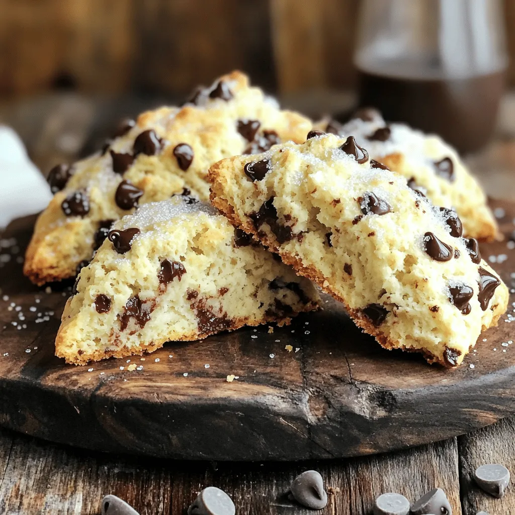 To make chocolate chip scones, you need a few key ingredients. These are: - 2 cups all-purpose flour - 1/3 cup granulated sugar - 1 tablespoon baking powder - 1/2 teaspoon baking soda - 1/2 teaspoon salt - 1/2 cup cold unsalted butter, cubed - 1/2 cup heavy cream - 1 large egg - 1 teaspoon vanilla extract - 1 cup semi-sweet chocolate chips These ingredients create a tasty base for your scones. The butter gives them a rich flavor. The chocolate chips provide that sweet surprise in every bite. You can add some extra ingredients for more flavor. Here are a few options: - Extra cream for brushing on top - Coarse sugar for sprinkling - A pinch of cinnamon for warmth - Chopped nuts for crunch Adding these can elevate your scones. A sprinkle of coarse sugar adds a nice crunch. A dash of cinnamon gives warmth and spice. Accurate measuring is key to great scones. Use dry measuring cups for flour and sugar. Level off the top with a knife. For butter, cut it into small cubes for easy mixing. If you’re out of an ingredient, here are some swaps: - You can use whole wheat flour for a nuttier taste. - Buttermilk works well instead of heavy cream. - Dark chocolate chips can replace semi-sweet ones. These tips help you customize your scones. They keep your baking fun and adaptable. For the full recipe, check out the complete guide. First, you need to preheat your oven to 400°F (200°C). This step is crucial for perfect scones. While the oven warms up, line a baking sheet with parchment paper. This will stop the scones from sticking and help them bake evenly. In a large mixing bowl, combine the dry ingredients. Whisk together 2 cups of all-purpose flour, 1/3 cup of granulated sugar, 1 tablespoon of baking powder, 1/2 teaspoon of baking soda, and 1/2 teaspoon of salt. Make sure everything is well mixed for a nice balance of flavors. Now, let’s add the cold butter. Cut 1/2 cup of unsalted butter into cubes. Add these cubes to the flour mixture. Use your fingertips or a pastry cutter to blend until the mix looks like coarse crumbs. Next, in another bowl, mix 1/2 cup of heavy cream, 1 large egg, and 1 teaspoon of vanilla extract. Pour this mix into the flour mix and stir gently until everything is combined. Finally, fold in 1 cup of semi-sweet chocolate chips. The dough will be slightly sticky but still easy to handle. Turn the dough out onto a floured surface. Gently pat the dough into a round disc about 1 inch thick. Use a sharp knife or pastry cutter to slice this disc into 8 equal wedges. Make sure to cut all the way through for even baking. Transfer the scones onto your prepared baking sheet. Place them about 2 inches apart to allow room to rise. Brush the tops with a bit of extra cream. If you like, sprinkle some coarse sugar on top for a crunchy finish. Bake for 15-20 minutes until they turn golden brown. The chocolate chips might melt, but that’s part of the charm! Let the scones cool for a few minutes before moving them to a wire rack to cool completely. Now you’re ready to enjoy these tasty delights! Check out the Full Recipe for more details. To keep your scones moist, use cold butter. This helps create layers. When mixing, avoid overworking the dough. Stop as soon as it comes together. Adding too much flour can dry them out. If your dough feels dry, add a bit more cream. You want a slightly sticky texture. To spread the chocolate chips evenly, fold them in gently. This way, they won't sink. Place the chips in the flour mixture first. This helps them stick better. Make sure to use high-quality chocolate chips. They melt beautifully and add great flavor. For a light and fluffy scone, don’t skip the baking powder. It’s key for rise. Pat the dough gently instead of rolling it out. This keeps the air in. Bake right away after forming the scones. This helps them stay tall and tender. Follow the Full Recipe for more detailed steps! {{image_2}} You can easily change your chocolate chip scones by adding nuts or dried fruits. Chopped walnuts or pecans add a nice crunch. You can also try dried cranberries or raisins for a sweet bite. Add about a half cup of your choice to the dough. Mix them in gently to keep the dough soft. This gives your scones a new twist while keeping them tasty. If you want to make gluten-free scones, use a gluten-free flour blend. Look for one with xanthan gum, as it helps with texture. For vegan scones, swap the butter for coconut oil or a vegan butter substitute. Use a non-dairy milk instead of heavy cream. You can also replace the egg with a flax egg. Just mix one tablespoon of flaxseed meal with two and a half tablespoons of water. Let it sit for a few minutes before adding it to your dough. You can play with flavors by using different types of chocolate. Dark chocolate chips give a rich taste, while white chocolate offers sweetness. You can even mix them together for a fun look and flavor. Try adding a splash of orange or almond extract for a special twist. These small changes can make each batch unique and exciting. For the full recipe, check out the details above. Enjoy experimenting! To keep your scones fresh, store them in an airtight container. This will help them stay soft for up to two days. If you have more scones than you can eat, don’t worry! You can also wrap them tightly in plastic wrap. This keeps air out and helps with freshness. Freezing is a great option if you want to save some scones for later. Let the scones cool completely after baking. Then, wrap each one in plastic wrap. Place the wrapped scones in a freezer bag. They can last up to three months in the freezer. When you want to enjoy a scone, just take it out and let it thaw in the fridge overnight. To reheat your scones, preheat your oven to 350°F (175°C). Place the scones on a baking sheet. Heat them for about 5 to 10 minutes. This will warm them up and make them soft again. You can also microwave them for about 10-15 seconds for a quick reheat. Enjoy your scones warm, just like when they came out of the oven! For the full recipe, check out the [Full Recipe]. You can tell your scones are done when they turn golden brown on top. The edges should look firm, and the tops will feel slightly springy when touched. If you insert a toothpick, it should come out clean or with a few crumbs. Yes, you can make the dough ahead of time. After mixing, wrap it tightly in plastic wrap. Store it in the fridge for up to 24 hours. When you are ready to bake, just cut and shape the scones. Chocolate chip scones pair well with many tasty options. You can serve them with: - Whipped cream - Fresh fruit - Butter - Jam - A hot cup of tea or coffee Your scones will stay fresh for about 2-3 days at room temperature. Store them in an airtight container. You can also freeze them for up to 3 months for later enjoyment. Scones and biscuits differ in texture and flavor. Scones are often sweeter and denser. They may have added ingredients like chocolate or fruit. Biscuits are flaky and more savory, often served with meals. Scones usually contain eggs and cream, while biscuits rely more on butter and buttermilk. For a delicious treat, check out the Full Recipe for chocolate chip scones! We explored the key ingredients to make delicious chocolate chip scones. Knowing how to measure and substitute ensures your scones turn out great. The step-by-step guide helps you mix and bake perfectly every time. With tips to avoid dry scones and variations to try, you can get creative. Plus, proper storage keeps them fresh longer. Enjoy making your scones, and share them with friends or family for a sweet treat!