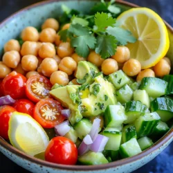 - 1 can (15 oz) chickpeas, drained and rinsed - 2 ripe avocados, diced - 1 cup cherry tomatoes, halved - 1 small cucumber, diced - ¼ red onion, finely chopped - 1 tablespoon fresh cilantro, chopped - 2 tablespoons lemon juice - 1 tablespoon olive oil - Salt and pepper to taste - ½ teaspoon cumin (for an extra flavor boost) This salad serves four. Each serving offers around: - Calories: 250 - Protein: 8g - Carbs: 25g - Fiber: 10g - Fat: 15g - Chickpeas: These beans are high in protein and fiber. They help with digestion and keep you full longer. - Avocados: They are rich in healthy fats. Avocados support heart health and provide vitamins like E and K. - Tomatoes: Cherry tomatoes add vitamins A and C. They are low in calories and high in water. - Cucumbers: They help keep you hydrated. Cucumbers are low in calories and great for skin health. - Red Onion: This ingredient adds flavor and contains antioxidants. They may help reduce heart disease risk. - Cilantro: This herb adds freshness. It may help with digestion and has anti-inflammatory properties. - Lemon Juice: It gives a bright taste. Lemon juice is high in vitamin C and may boost your immune system. - Olive Oil: This oil is full of healthy fats. It supports heart health and has anti-inflammatory effects. This avocado chickpea salad is not just tasty; it’s a powerhouse of nutrients. For the full recipe, check out the details above! Making avocado chickpea salad is simple and quick. You need fresh and ripe ingredients. This dish only takes about 15 minutes to prep. Gather all your ingredients before you start. 1. Combine Ingredients: In a large bowl, mix the chickpeas, diced avocados, halved cherry tomatoes, diced cucumber, and chopped red onion. Use a spoon to gently toss everything. 2. Make the Dressing: In a small bowl, whisk together lemon juice, olive oil, cumin, salt, and pepper. Blend them well until they form a smooth dressing. 3. Mix Dressing and Salad: Pour the dressing over the salad mix. Toss gently to coat all ingredients without mashing the avocados. 4. Add Cilantro: Sprinkle chopped cilantro on top. Give it one last gentle toss to mix everything together. 5. Taste and Adjust: Try a small bite. If you want more flavor, add more salt, pepper, or lemon juice. Serve the salad in large, shallow bowls. Garnish with whole cilantro leaves and a lemon wedge. This adds a nice touch and makes it look pretty. Enjoy this fresh and nutritious mix! For the full recipe, check the section above. When picking avocados, look for ones that feel slightly soft. Gently press the skin; if it gives a little, it’s ripe. Avoid hard avocados; they need time to ripen. Check for dark spots; these can mean the fruit is overripe or spoiled. A smooth skin is best, as rough skin can indicate bad spots inside. One big mistake is cutting avocados too early. If they are not ripe, they won’t taste good. Also, don’t mash the avocados too much when mixing. This can make your salad mushy. Adding salt too early can make the salad watery, so wait until the end. Lastly, don’t skip the lemon juice; it keeps the avocados from browning. To boost flavor, try adding spices like cumin or chili powder. These can make your salad pop! For more texture, add nuts or seeds like pumpkin seeds or sunflower seeds. Fresh herbs like parsley or dill can also brighten the dish. For a zestier flavor, consider using lime juice instead of lemon juice. You can find the full recipe for this salad to explore all these tips in detail! {{image_2}} You can jazz up your avocado chickpea salad with some tasty add-ins. Try adding diced bell peppers for crunch. Feta cheese gives a salty kick. You can also mix in some corn for a sweet touch. If you like heat, add jalapeños or crushed red pepper. Nuts like almonds or walnuts add a nice crunch too. Each add-in brings its own flavor, making the salad even better. The dressing can change the whole vibe of this salad. If you want a creamier option, try yogurt mixed with lemon juice. A balsamic vinaigrette adds a sweet tang that pairs well with the salad. You can also use tahini for a nutty flavor. Just whisk together your chosen dressing and pour it over the salad. It’s a fun way to keep things new each time. This salad is already vegan and gluten-free, but you can enhance it. Use chickpeas from scratch instead of canned for a fresher taste. If you want more protein, add quinoa or nuts. You can also swap the olive oil with avocado oil for a different flavor. These tweaks keep the salad healthy and tasty for everyone. Check out the Full Recipe for original ideas! To keep your avocado chickpea salad fresh, store it in the fridge. Place any leftovers in an airtight container. This helps lock in moisture and flavors. Make sure to eat it within a few days for the best taste. If the salad starts to brown, that means the avocado is oxidizing. You can add a little extra lemon juice to help slow this down. I recommend using glass containers or BPA-free plastic ones. Glass is great because it does not absorb odors or stains. If you use plastic, make sure it is food-safe. Look for containers with tight-fitting lids. This keeps the salad fresh longer and prevents spills in your fridge. The salad can last about 2 to 3 days in the fridge. However, the avocado may not stay perfect for this long. Avoid freezing the salad. The texture will change and may become mushy. Instead of reheating, enjoy it cold. This salad tastes best fresh, so try to make only what you need. For the full recipe, check out the Avocado Chickpea Delight. Yes, you can make this salad ahead of time. It tastes great when chilled. However, I suggest waiting to add the avocados until just before serving. This keeps them fresh and green. If you mix it too early, the avocados may brown. You can store the salad in the fridge for up to two days. Just make sure to cover it well. Adding protein boosts the salad's nutrition. Here are some tasty options: - Grilled chicken - Cooked quinoa - Feta cheese - Boiled eggs - Tofu These add-ins make the salad more filling. You can mix and match based on your taste. This recipe is naturally gluten-free! All the ingredients are safe for gluten-free diets. Just double-check any dressings or add-ins you choose. Sometimes, pre-made dressings have gluten. To be safe, you can always make your own, like the one in the Full Recipe. Enjoy this healthy salad without worry! This article covered the essential ingredients for your salad and their health benefits. I provided clear steps for preparation and tips to avoid common mistakes. You learned how to enhance the flavor and store your leftovers effectively. Variations give you room to customize. Whether you want to make it gluten-free or add protein, you have options. Remember, enjoying your salad can be simple and fun. Make it your own and savor every bite!