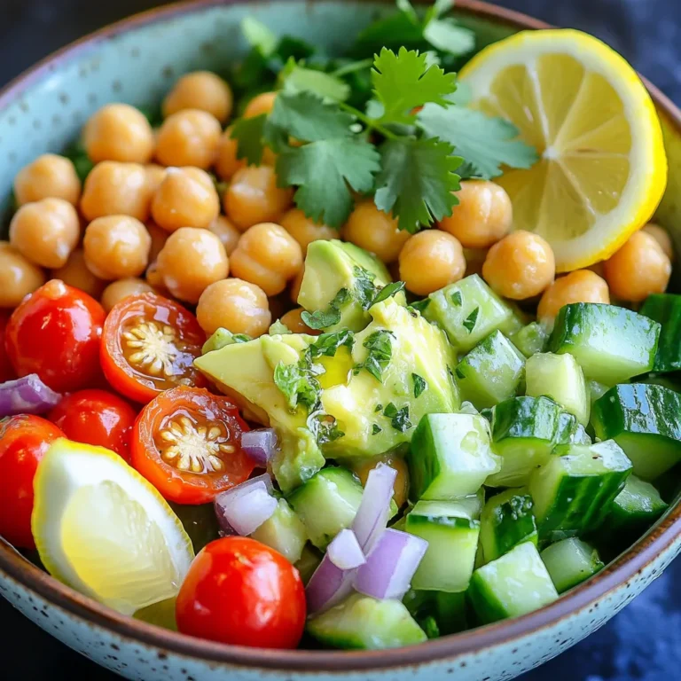 - 1 can (15 oz) chickpeas, drained and rinsed - 2 ripe avocados, diced - 1 cup cherry tomatoes, halved - 1 small cucumber, diced - ¼ red onion, finely chopped - 1 tablespoon fresh cilantro, chopped - 2 tablespoons lemon juice - 1 tablespoon olive oil - Salt and pepper to taste - ½ teaspoon cumin (for an extra flavor boost) This salad serves four. Each serving offers around: - Calories: 250 - Protein: 8g - Carbs: 25g - Fiber: 10g - Fat: 15g - Chickpeas: These beans are high in protein and fiber. They help with digestion and keep you full longer. - Avocados: They are rich in healthy fats. Avocados support heart health and provide vitamins like E and K. - Tomatoes: Cherry tomatoes add vitamins A and C. They are low in calories and high in water. - Cucumbers: They help keep you hydrated. Cucumbers are low in calories and great for skin health. - Red Onion: This ingredient adds flavor and contains antioxidants. They may help reduce heart disease risk. - Cilantro: This herb adds freshness. It may help with digestion and has anti-inflammatory properties. - Lemon Juice: It gives a bright taste. Lemon juice is high in vitamin C and may boost your immune system. - Olive Oil: This oil is full of healthy fats. It supports heart health and has anti-inflammatory effects. This avocado chickpea salad is not just tasty; it’s a powerhouse of nutrients. For the full recipe, check out the details above! Making avocado chickpea salad is simple and quick. You need fresh and ripe ingredients. This dish only takes about 15 minutes to prep. Gather all your ingredients before you start. 1. Combine Ingredients: In a large bowl, mix the chickpeas, diced avocados, halved cherry tomatoes, diced cucumber, and chopped red onion. Use a spoon to gently toss everything. 2. Make the Dressing: In a small bowl, whisk together lemon juice, olive oil, cumin, salt, and pepper. Blend them well until they form a smooth dressing. 3. Mix Dressing and Salad: Pour the dressing over the salad mix. Toss gently to coat all ingredients without mashing the avocados. 4. Add Cilantro: Sprinkle chopped cilantro on top. Give it one last gentle toss to mix everything together. 5. Taste and Adjust: Try a small bite. If you want more flavor, add more salt, pepper, or lemon juice. Serve the salad in large, shallow bowls. Garnish with whole cilantro leaves and a lemon wedge. This adds a nice touch and makes it look pretty. Enjoy this fresh and nutritious mix! For the full recipe, check the section above. When picking avocados, look for ones that feel slightly soft. Gently press the skin; if it gives a little, it’s ripe. Avoid hard avocados; they need time to ripen. Check for dark spots; these can mean the fruit is overripe or spoiled. A smooth skin is best, as rough skin can indicate bad spots inside. One big mistake is cutting avocados too early. If they are not ripe, they won’t taste good. Also, don’t mash the avocados too much when mixing. This can make your salad mushy. Adding salt too early can make the salad watery, so wait until the end. Lastly, don’t skip the lemon juice; it keeps the avocados from browning. To boost flavor, try adding spices like cumin or chili powder. These can make your salad pop! For more texture, add nuts or seeds like pumpkin seeds or sunflower seeds. Fresh herbs like parsley or dill can also brighten the dish. For a zestier flavor, consider using lime juice instead of lemon juice. You can find the full recipe for this salad to explore all these tips in detail! {{image_2}} You can jazz up your avocado chickpea salad with some tasty add-ins. Try adding diced bell peppers for crunch. Feta cheese gives a salty kick. You can also mix in some corn for a sweet touch. If you like heat, add jalapeños or crushed red pepper. Nuts like almonds or walnuts add a nice crunch too. Each add-in brings its own flavor, making the salad even better. The dressing can change the whole vibe of this salad. If you want a creamier option, try yogurt mixed with lemon juice. A balsamic vinaigrette adds a sweet tang that pairs well with the salad. You can also use tahini for a nutty flavor. Just whisk together your chosen dressing and pour it over the salad. It’s a fun way to keep things new each time. This salad is already vegan and gluten-free, but you can enhance it. Use chickpeas from scratch instead of canned for a fresher taste. If you want more protein, add quinoa or nuts. You can also swap the olive oil with avocado oil for a different flavor. These tweaks keep the salad healthy and tasty for everyone. Check out the Full Recipe for original ideas! To keep your avocado chickpea salad fresh, store it in the fridge. Place any leftovers in an airtight container. This helps lock in moisture and flavors. Make sure to eat it within a few days for the best taste. If the salad starts to brown, that means the avocado is oxidizing. You can add a little extra lemon juice to help slow this down. I recommend using glass containers or BPA-free plastic ones. Glass is great because it does not absorb odors or stains. If you use plastic, make sure it is food-safe. Look for containers with tight-fitting lids. This keeps the salad fresh longer and prevents spills in your fridge. The salad can last about 2 to 3 days in the fridge. However, the avocado may not stay perfect for this long. Avoid freezing the salad. The texture will change and may become mushy. Instead of reheating, enjoy it cold. This salad tastes best fresh, so try to make only what you need. For the full recipe, check out the Avocado Chickpea Delight. Yes, you can make this salad ahead of time. It tastes great when chilled. However, I suggest waiting to add the avocados until just before serving. This keeps them fresh and green. If you mix it too early, the avocados may brown. You can store the salad in the fridge for up to two days. Just make sure to cover it well. Adding protein boosts the salad's nutrition. Here are some tasty options: - Grilled chicken - Cooked quinoa - Feta cheese - Boiled eggs - Tofu These add-ins make the salad more filling. You can mix and match based on your taste. This recipe is naturally gluten-free! All the ingredients are safe for gluten-free diets. Just double-check any dressings or add-ins you choose. Sometimes, pre-made dressings have gluten. To be safe, you can always make your own, like the one in the Full Recipe. Enjoy this healthy salad without worry! This article covered the essential ingredients for your salad and their health benefits. I provided clear steps for preparation and tips to avoid common mistakes. You learned how to enhance the flavor and store your leftovers effectively. Variations give you room to customize. Whether you want to make it gluten-free or add protein, you have options. Remember, enjoying your salad can be simple and fun. Make it your own and savor every bite!