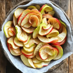 - 2 large apples (Fuji or Granny Smith) - 1 tablespoon cinnamon - 1 tablespoon sugar (coconut sugar for a healthier option) - 1 teaspoon lemon juice - Pinch of salt To make baked cinnamon apple chips, you need fresh apples. Fuji and Granny Smith work well. They balance sweetness and tartness. The cinnamon adds warmth and flavor. Sugar gives a hint of sweetness. If you want a healthier option, use coconut sugar. Lemon juice keeps the apples bright and fresh. A pinch of salt brings out all the flavors. When you gather these ingredients, remember to choose ripe apples. They should be firm and smooth. This ensures your chips are crispy, not soggy. The sugar will help caramelize the apples while baking. Each ingredient plays a key role in the final taste. If you want to try new flavors, consider adding nutmeg or ginger. These spices can change the taste profile. You can also experiment with different types of apples. Each variety gives a unique twist to your chips. This simple ingredient list allows you to create a fun snack. It’s easy, healthy, and perfect for any time of day. For the full recipe, check out the detailed instructions that follow. 1. Preheat the oven to 225°F (110°C). This low heat helps the chips get crispy. 2. Wash and core the apples. I like using Fuji or Granny Smith for their taste. 3. Slice the apples thinly, preferably using a mandoline. Aim for about 1/8-inch thick slices. 1. In a large bowl, mix the cinnamon, sugar, and salt. This blend gives the chips a sweet touch. 2. Drizzle lemon juice over the apple slices. This step helps prevent browning and adds flavor. 3. Toss the apple slices gently to coat them in the mixture. Ensure each slice gets some seasoning. 1. Arrange the apple slices on baking sheets in a single layer. Make sure they don’t overlap. 2. Bake for 1.5 to 2 hours, flipping halfway through. This ensures even cooking and crispiness. 3. Cool completely before serving. The chips will continue to crisp up as they cool. For the full recipe, you can refer to the section above. - Use a mandoline for even slices. This tool helps you get thin, uniform pieces. Thin slices bake better and become crispier. Aim for about 1/8-inch thick slices for the best texture. - Ensure the slices are thin for optimal crispiness. If your slices are too thick, they will not get crunchy. Thin slices allow moisture to escape faster, giving you that perfect chip. - Do not overlap the slices on the baking sheet. Overlapping can lead to uneven baking. Each slice needs space to crisp up. Arrange them in a single layer. - Check for crispness during the last 30 minutes. The chips may look done, but they can still be soft. Give them a gentle test. If they bend, they need more time. - For presentation, serve your chips in a bowl lined with parchment. This adds a nice touch and keeps them looking fresh. You can also place them in snack bags for easy grabbing. - Pair them with dips like caramel or yogurt. The sweet and creamy dips complement the spiced chips well. This makes for a fun and tasty snack! For the full recipe, check out the complete steps in the earlier sections. {{image_2}} You can change up the flavor of your baked cinnamon apple chips easily. Adding nutmeg or ginger gives a warm, spiced twist. Just sprinkle a little of either spice when you coat the apple slices. It adds depth and warmth to the snack. Using different types of apples also changes the taste. Fuji apples are sweet, while Granny Smith apples are tart. Mixing these apples can give you a sweet and sour blend. Experiment with what you like best! If you want to try different sweeteners, honey and maple syrup work well. You can drizzle either over the apple slices instead of sugar. These alternatives add a unique flavor and can be healthier too. Adjusting the sugar levels is another way to make your chips healthier. You can reduce the amount of sugar or use coconut sugar. This way, you enjoy a tasty snack without feeling guilty. To keep your baked apple chips fresh, store them in an airtight container. This helps maintain their crunchiness. You can use glass jars or plastic containers with tight lids. Avoid using bags, as air can seep in and make them soft. Also, keep your chips in a cool, dry place away from sunlight. You can expect baked apple chips to stay crisp for about one to two weeks. If they start to feel soft or chewy, they are no longer good. Signs of spoilage include a change in color or a weird smell. Always trust your senses when checking for freshness. If you want to learn how to make these tasty snacks, check the Full Recipe. To make baked cinnamon apple chips, follow these steps: 1. Preheat your oven to 225°F (110°C) and line two baking sheets with parchment paper. 2. Wash and core two large apples. Slice them thinly, about 1/8-inch thick. A mandoline helps get even slices. 3. In a bowl, mix 1 tablespoon of cinnamon, 1 tablespoon of sugar, and a pinch of salt. 4. Drizzle 1 teaspoon of lemon juice over the apple slices. Toss them to coat evenly. 5. Sprinkle the cinnamon sugar mix over the apples and toss again. 6. Lay the apple slices in a single layer on the baking sheets. Do not overlap them. 7. Bake for 1.5 to 2 hours, flipping halfway through. They should be crisp and slightly curled. 8. Let them cool completely. They will get even crispier as they cool. You can use many apple types, but some are best. Fuji apples are sweet and crisp, making them great. Granny Smith apples are tart and hold their shape well. Both give the chips a nice flavor. Avoid soft apples like Red Delicious. They won't crisp up as well. Homemade apple chips last about 1 to 2 weeks when stored correctly. Keep them in an airtight container to keep them fresh. If they become soft, simply re-bake them at a low heat for a few minutes. Check for signs of spoilage, like off smells or moisture. Making baked cinnamon apple chips is simple and fun. You need just a few ingredients and easy steps. Start by slicing your apples thinly and coating them with a cinnamon mixture. Bake until they're crispy, and you have a healthy snack! Enjoy exploring flavors and variations. Try different apples or sweeteners. Remember to store your chips properly for freshness. This tasty treat can complement your meals and snacks anytime. Now you have everything you need to make delicious apple chips!