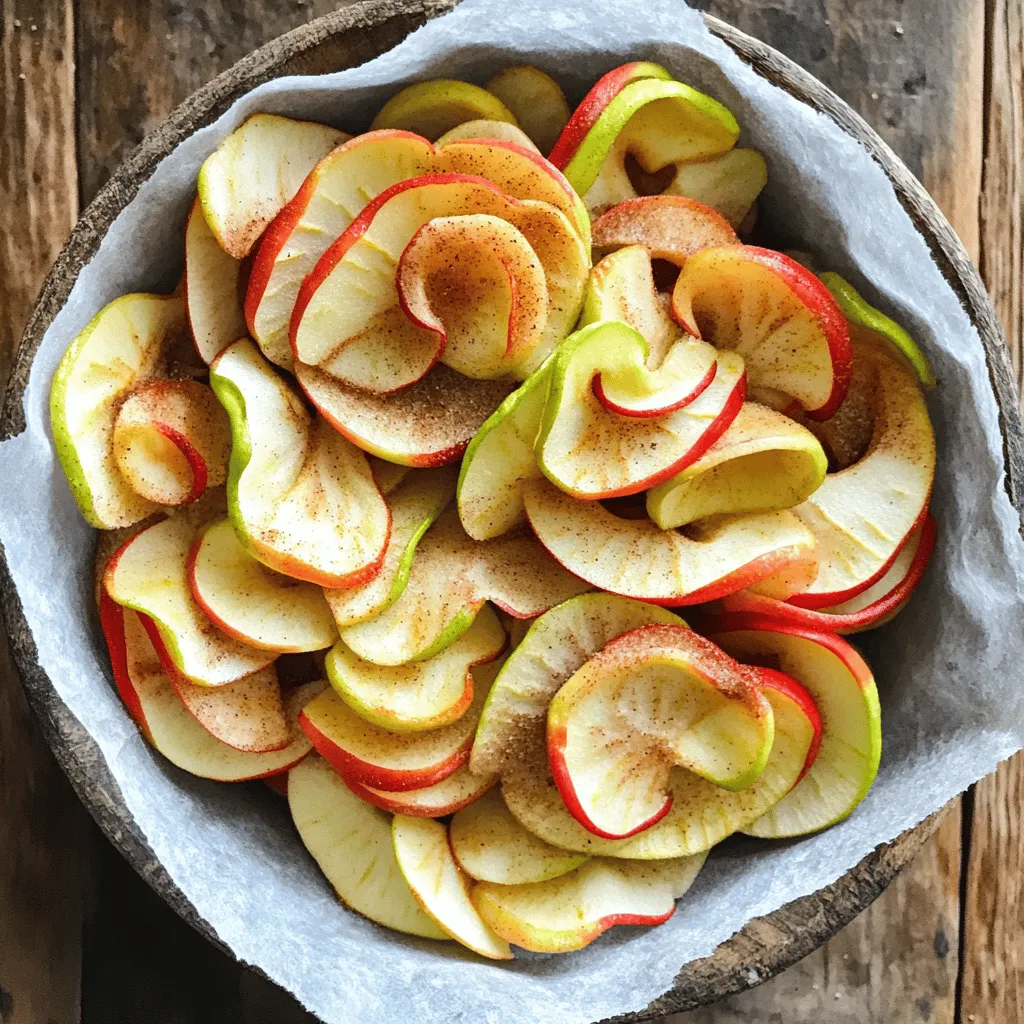 - 2 large apples (Fuji or Granny Smith) - 1 tablespoon cinnamon - 1 tablespoon sugar (coconut sugar for a healthier option) - 1 teaspoon lemon juice - Pinch of salt To make baked cinnamon apple chips, you need fresh apples. Fuji and Granny Smith work well. They balance sweetness and tartness. The cinnamon adds warmth and flavor. Sugar gives a hint of sweetness. If you want a healthier option, use coconut sugar. Lemon juice keeps the apples bright and fresh. A pinch of salt brings out all the flavors. When you gather these ingredients, remember to choose ripe apples. They should be firm and smooth. This ensures your chips are crispy, not soggy. The sugar will help caramelize the apples while baking. Each ingredient plays a key role in the final taste. If you want to try new flavors, consider adding nutmeg or ginger. These spices can change the taste profile. You can also experiment with different types of apples. Each variety gives a unique twist to your chips. This simple ingredient list allows you to create a fun snack. It’s easy, healthy, and perfect for any time of day. For the full recipe, check out the detailed instructions that follow. 1. Preheat the oven to 225°F (110°C). This low heat helps the chips get crispy. 2. Wash and core the apples. I like using Fuji or Granny Smith for their taste. 3. Slice the apples thinly, preferably using a mandoline. Aim for about 1/8-inch thick slices. 1. In a large bowl, mix the cinnamon, sugar, and salt. This blend gives the chips a sweet touch. 2. Drizzle lemon juice over the apple slices. This step helps prevent browning and adds flavor. 3. Toss the apple slices gently to coat them in the mixture. Ensure each slice gets some seasoning. 1. Arrange the apple slices on baking sheets in a single layer. Make sure they don’t overlap. 2. Bake for 1.5 to 2 hours, flipping halfway through. This ensures even cooking and crispiness. 3. Cool completely before serving. The chips will continue to crisp up as they cool. For the full recipe, you can refer to the section above. - Use a mandoline for even slices. This tool helps you get thin, uniform pieces. Thin slices bake better and become crispier. Aim for about 1/8-inch thick slices for the best texture. - Ensure the slices are thin for optimal crispiness. If your slices are too thick, they will not get crunchy. Thin slices allow moisture to escape faster, giving you that perfect chip. - Do not overlap the slices on the baking sheet. Overlapping can lead to uneven baking. Each slice needs space to crisp up. Arrange them in a single layer. - Check for crispness during the last 30 minutes. The chips may look done, but they can still be soft. Give them a gentle test. If they bend, they need more time. - For presentation, serve your chips in a bowl lined with parchment. This adds a nice touch and keeps them looking fresh. You can also place them in snack bags for easy grabbing. - Pair them with dips like caramel or yogurt. The sweet and creamy dips complement the spiced chips well. This makes for a fun and tasty snack! For the full recipe, check out the complete steps in the earlier sections. {{image_2}} You can change up the flavor of your baked cinnamon apple chips easily. Adding nutmeg or ginger gives a warm, spiced twist. Just sprinkle a little of either spice when you coat the apple slices. It adds depth and warmth to the snack. Using different types of apples also changes the taste. Fuji apples are sweet, while Granny Smith apples are tart. Mixing these apples can give you a sweet and sour blend. Experiment with what you like best! If you want to try different sweeteners, honey and maple syrup work well. You can drizzle either over the apple slices instead of sugar. These alternatives add a unique flavor and can be healthier too. Adjusting the sugar levels is another way to make your chips healthier. You can reduce the amount of sugar or use coconut sugar. This way, you enjoy a tasty snack without feeling guilty. To keep your baked apple chips fresh, store them in an airtight container. This helps maintain their crunchiness. You can use glass jars or plastic containers with tight lids. Avoid using bags, as air can seep in and make them soft. Also, keep your chips in a cool, dry place away from sunlight. You can expect baked apple chips to stay crisp for about one to two weeks. If they start to feel soft or chewy, they are no longer good. Signs of spoilage include a change in color or a weird smell. Always trust your senses when checking for freshness. If you want to learn how to make these tasty snacks, check the Full Recipe. To make baked cinnamon apple chips, follow these steps: 1. Preheat your oven to 225°F (110°C) and line two baking sheets with parchment paper. 2. Wash and core two large apples. Slice them thinly, about 1/8-inch thick. A mandoline helps get even slices. 3. In a bowl, mix 1 tablespoon of cinnamon, 1 tablespoon of sugar, and a pinch of salt. 4. Drizzle 1 teaspoon of lemon juice over the apple slices. Toss them to coat evenly. 5. Sprinkle the cinnamon sugar mix over the apples and toss again. 6. Lay the apple slices in a single layer on the baking sheets. Do not overlap them. 7. Bake for 1.5 to 2 hours, flipping halfway through. They should be crisp and slightly curled. 8. Let them cool completely. They will get even crispier as they cool. You can use many apple types, but some are best. Fuji apples are sweet and crisp, making them great. Granny Smith apples are tart and hold their shape well. Both give the chips a nice flavor. Avoid soft apples like Red Delicious. They won't crisp up as well. Homemade apple chips last about 1 to 2 weeks when stored correctly. Keep them in an airtight container to keep them fresh. If they become soft, simply re-bake them at a low heat for a few minutes. Check for signs of spoilage, like off smells or moisture. Making baked cinnamon apple chips is simple and fun. You need just a few ingredients and easy steps. Start by slicing your apples thinly and coating them with a cinnamon mixture. Bake until they're crispy, and you have a healthy snack! Enjoy exploring flavors and variations. Try different apples or sweeteners. Remember to store your chips properly for freshness. This tasty treat can complement your meals and snacks anytime. Now you have everything you need to make delicious apple chips!