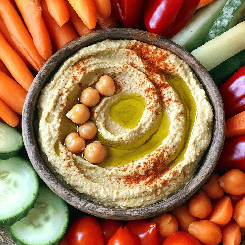 To make spicy hummus, you need some simple, fresh ingredients. Here’s what you will require: - 1 can (15 oz) chickpeas, drained and rinsed - 1/4 cup tahini - 2 tablespoons olive oil - 2 tablespoons lemon juice - 1 garlic clove, minced - 1 teaspoon ground cumin - 1/2 teaspoon smoked paprika - 1-2 teaspoons cayenne pepper (adjust to taste) - Salt to taste - Water, as needed for consistency - Assorted fresh vegetables for dipping (carrots, cucumbers, bell peppers, celery, cherry tomatoes) These ingredients create a creamy, tasty dip. The chickpeas provide a good base, while tahini gives it a nutty flavor. Olive oil adds smoothness, and lemon juice brightens it. Garlic brings a punch, and spices add heat. You can adjust the cayenne pepper for more or less spice. Fresh veggies make the perfect dippers. For the full recipe with detailed steps, check out the complete instructions. 1. Combining ingredients in a food processor Start by adding the chickpeas, tahini, olive oil, lemon juice, minced garlic, ground cumin, smoked paprika, and cayenne pepper to your food processor. This mix creates the base of your spicy hummus. 2. Blending and adjusting consistency Blend the mixture on high until it turns smooth. You may need to stop to scrape down the sides. If your hummus is thick, add water a tablespoon at a time. Blend again until you reach the perfect smoothness. 3. Seasoning and final touches Taste your hummus and adjust the seasoning with salt and more cayenne if needed. When you’re happy with the flavor, transfer the hummus to a serving bowl. Drizzle a little olive oil on top for a nice touch. 1. Arranging vegetables around the bowl Take a variety of fresh veggies like carrots, cucumbers, bell peppers, and cherry tomatoes. Arrange them in a colorful display around your bowl of hummus. This adds visual appeal and invites everyone to dig in. 2. Additional presentation ideas For extra flair, sprinkle some smoked paprika on top or add a few whole chickpeas to the center. You can also use small bowls for individual servings of hummus. This makes for an eye-catching veggie platter at your next gathering. For the full recipe, remember to check out the detailed steps and measurements! To adjust heat levels, start with just one teaspoon of cayenne pepper. Blend the hummus, then taste it. If you want more heat, add a little more cayenne. Blend again and taste. Keep adding until it is just right for you. For alternatives to cayenne pepper, consider using smoked paprika or crushed red pepper flakes. Both add heat but also bring different flavors. Smoked paprika adds a nice depth, while red pepper flakes give a bit of crunch. Experiment to find your favorite! You can make your hummus even tastier by adding fun flavors. Fresh herbs like parsley, cilantro, or chives brighten the dip. Finely chop them and mix them in at the end. Another great addition is lemon zest. Just grate the outer peel of a lemon and stir it in. This adds a fresh zing that pairs well with the spice. You can also try adding roasted garlic instead of raw. Roasted garlic has a sweet flavor and makes the hummus smooth. For more ideas, think about blending in sun-dried tomatoes or olives. They give your hummus a unique twist. {{image_2}} You can change the flavor of your spicy hummus easily. Here are two fun ideas: - Roasted red pepper hummus: Add roasted red peppers to the blender. They add a sweet taste and great color. - Jalapeño or sriracha additions: For more heat, mix in finely chopped jalapeños or a splash of sriracha. Adjust to how spicy you like it. These twists can make your hummus stand out. Feel free to get creative! The vegetables you choose can change your experience. Here are some tasty pairings: - Pairing with different types of vegetables: Carrots, cucumbers, bell peppers, celery, and cherry tomatoes all work well. Each veggie adds a unique crunch and flavor. - Suggestions for serving with pita or crackers: You can also serve hummus with warm pita bread or crunchy crackers. They make great dippers and add a nice texture. These options will keep your snack time exciting! For the complete recipe, check out the Full Recipe section. To keep your spicy hummus fresh, store it in an airtight container. This helps keep out air and moisture. Place it in the fridge right after you finish eating. It stays tasty and safe longer this way. If you want to freeze hummus, use a freezer-safe container. Leave some space at the top for expansion. You can freeze it for up to three months. When you're ready to eat it, defrost it in the fridge overnight. How long does spicy hummus last in the fridge? You can enjoy spicy hummus for about five to seven days. If it looks or smells off, it's best to toss it. Always trust your senses. For freshness, try to eat it within the first few days. You get the best flavor and texture this way. Can I make hummus without tahini? Yes, you can! To replace tahini, use more olive oil. You can also blend in some nut butter or sunflower seed butter. This keeps the hummus creamy and adds a nice flavor. How to make it vegan-friendly? This recipe is already vegan! All the ingredients are plant-based. Just make sure your veggies for dipping are fresh and colorful. Nutritional advantages of chickpeas and tahini Chickpeas are packed with protein and fiber. They help keep you full and satisfied. Tahini adds healthy fats and extra protein. This makes spicy hummus a great choice for a snack. Spicy hummus as a protein-packed snack Spicy hummus is a tasty way to get protein. Each serving offers a good amount of protein. It’s also low in calories. Pair it with fresh veggies for a balanced snack. You can find the full recipe with detailed steps and measurements above. In this blog post, I covered how to make delicious spicy hummus. We reviewed the key ingredients, like chickpeas and tahini, and shared easy steps to prepare it. I also provided tips to adjust the heat level and enhance flavor. You learned about tasty variations, storage tips, and FAQs. Spicy hummus is not just tasty; it’s healthy, too. Enjoy it with fresh vegetables or pita. You will impress your friends and family with your hummus skills. Now, get cooking and savor each bite!