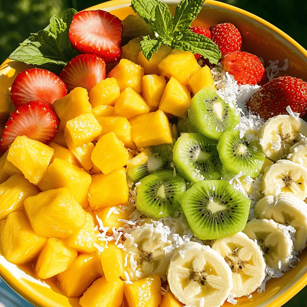 To make a Tropical Paradise Fruit Salad, you will need: - 1 ripe mango, diced - 1 cup pineapple chunks - 1 banana, sliced - 1 kiwi, peeled and sliced - 1 cup strawberries, halved - 1 small papaya, diced - 1/2 cup shredded coconut (unsweetened) - 1 lime, juiced - 2 tablespoons honey (or agave syrup) - Fresh mint leaves for garnish When picking tropical fruits, look for these tips: - Mango: It should feel slightly soft when you press it. - Pineapple: Look for a sweet smell and firm skin. - Banana: Choose one with a few brown spots for sweetness. - Kiwi: It should yield slightly to gentle pressure. - Strawberries: Pick bright red ones with green leaves. - Papaya: A ripe one will be yellowish and slightly soft. Each fruit brings its own health perks: - Mango: High in vitamin A and C; good for skin. - Pineapple: Contains bromelain, which aids digestion. - Banana: Great source of potassium; helps with heart health. - Kiwi: Packed with vitamin C and fiber; boosts immunity. - Strawberries: Rich in antioxidants; good for heart health. - Papaya: Supports digestion and is high in vitamins A and C. - Coconut: Adds healthy fats and fiber to your diet. This mix not only tastes great but also supports your health. For the full recipe, check the details above. Enjoy creating this colorful and fresh salad! Start by washing all the fruits. Use cold water to clean them well. This helps remove dirt and germs. Then, let's dice the mango and papaya. Cut off the skin and slice them into small pieces. For the banana, just peel it and slice it into rounds. Kiwi is a bit tricky. Peel it first, then slice it into rounds like the banana. Halve the strawberries and set them aside. Now it’s time to combine all the fruits. In a large mixing bowl, add your diced mango, pineapple chunks, sliced banana, kiwi, halved strawberries, and diced papaya. Next, make the dressing. In a small bowl, whisk together lime juice and honey until it’s smooth. Drizzle this over the fruit. Gently toss the fruit salad so the dressing coats every piece. Be careful not to mash the fruits. Chill your salad in the fridge for about 30 minutes. This helps the flavors mix well and makes it refreshing. For serving, use a big clear bowl to show off the colors. You can also use individual cups. Garnish with fresh mint leaves on top for a nice touch. This adds a pop of color and flavor. For the full recipe, check out the Tropical Paradise Fruit Salad instructions above. To make your tropical fruit salad even better, think about dressings. A simple lime juice and honey mix adds zest. You can also try a splash of orange juice for more sweetness. For a fun twist, add a pinch of chili powder. It gives your salad a nice kick. Herbs and spices can also enhance flavors. Fresh mint leaves bring a cool touch. You can chop them finely and mix them in. Basil works well too, adding a sweet and spicy taste. Just a little sprinkle of cinnamon adds warmth. Experiment and find what you love! Mixing fruits gently helps keep their shape. Use a large bowl and a soft spatula. This method prevents bruising. You want each piece to stay whole for a nice bite. To stop fruits from turning brown, use lime or lemon juice. The acid slows down browning. Just drizzle some over apple or banana slices right after cutting. Store your salad in the fridge for 30 minutes before serving. This chill time helps blend the flavors while keeping the fruits fresh and bright. If you want the full recipe, check out the Tropical Paradise Fruit Salad. Enjoy your cooking! {{image_2}} When making your tropical fruit salad, feel free to switch up the fruits. You can use fruits like: - Passion fruit - Dragon fruit - Guava - Lychee - Star fruit These fruits add unique flavors and colors. You can also use seasonal fruits. In winter, try using citrus fruits like orange or grapefruit. In spring, strawberries and melons shine bright. Each season offers fresh options to keep things fun. To cater to different diets, you can easily modify this salad. For a vegan option, just swap honey for agave syrup. This keeps it sweet without using animal products. If you need a gluten-free dish, you are already in luck! All the fruits are gluten-free. For a low-sugar version, skip the honey and use ripe fruits. They add natural sweetness. You can also add a pinch of cinnamon for flavor without sugar. Customizing your salad makes it your own. You can always add or remove ingredients based on your needs. Enjoy playing with flavors and textures! To keep your tropical fruit salad fresh, store it in the fridge. Use an airtight container. This helps keep moisture in and air out. It is best to eat the salad within three days. After this time, the fruits may get soft or lose flavor. If you have leftovers, store them right away. Do not leave them out at room temperature. This can cause the fruit to spoil quickly. For best results, consume the leftovers within one to two days. You can freeze tropical fruit salad if you want to save it for later. However, freezing may change the texture of some fruits. Start by placing the salad in a freezer-safe container. Leave some space at the top for expansion. When you are ready to eat the salad, thaw it in the fridge. This usually takes a few hours. Avoid using the microwave, as it can make the fruit mushy. Serve the salad cold for the best taste. For more delicious ideas, you can check the Full Recipe. How long can I keep fruit salad in the fridge? You can keep your fruit salad in the fridge for up to three days. Make sure to store it in an airtight container. This will help keep the fruits fresh and prevent them from browning. Can I use canned or frozen fruits instead of fresh? Yes, you can use canned or frozen fruits. However, fresh fruits have better texture and taste. If using canned, choose fruits in juice, not syrup. For frozen fruits, thaw them first to avoid excess water. What can I serve with Tropical Fruit Salad? Tropical fruit salad pairs well with yogurt, granola, or even as a topping for pancakes. You can also enjoy it as a light dessert or a refreshing side dish. What to do if fruits are too sour or sweet? If your fruits are too sour, add a bit of honey or agave syrup to balance the taste. If they are too sweet, a squeeze of lime juice can help cut the sweetness. How to prevent the salad from becoming mushy? To prevent mushiness, avoid overmixing the fruits. Use ripe fruits, but not overly soft ones. Chilling the salad before serving also helps maintain a fresh texture. Can I create a tropical fruit salad without coconut? Absolutely! If you don’t like coconut, you can skip it. You can add other toppings like nuts or seeds for crunch. Is there a way to make this salad with less sugar? Yes, you can reduce the amount of honey or agave syrup. The natural sweetness of the fruits will still shine through. Tropical Paradise Fruit Salad is refreshing and easy to make. You learned about choosing ripe fruits, preparing them, and mixing for the best flavor. Each ingredient adds nutrition and fun. Use my tips for enhancing flavors and perfecting texture. Remember, variations can keep your salad exciting. Store it right to enjoy later. With this guide, you can create a delightful fruit salad any time. Enjoy the vibrant taste of summer in every bite.