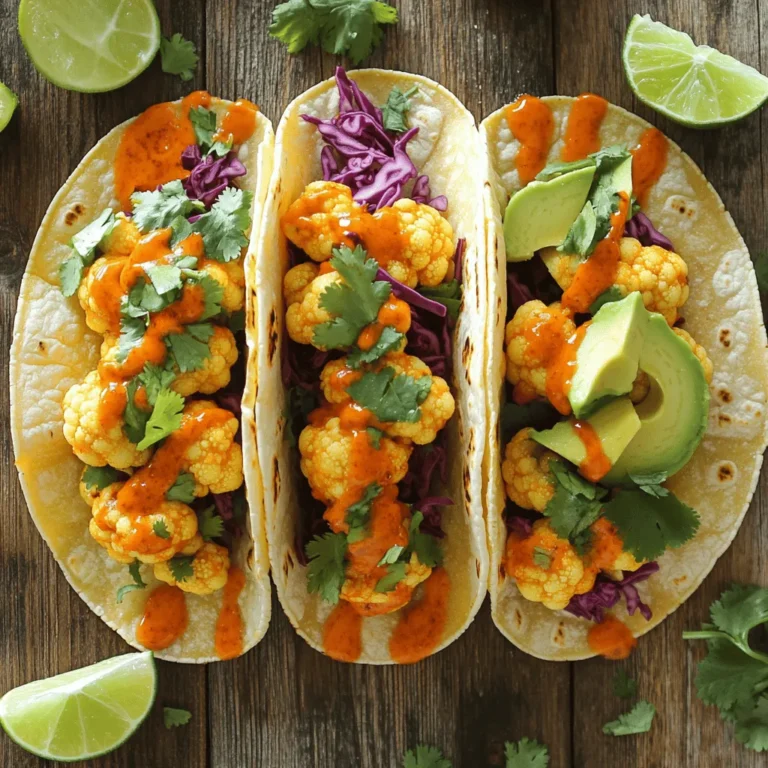 - 1 medium head of cauliflower, cut into bite-sized florets - 1 cup all-purpose flour - 1 cup water - 1 teaspoon garlic powder - 1 teaspoon onion powder - ½ teaspoon smoked paprika - ⅓ cup buffalo sauce (plus additional for drizzling) - 8 small corn tortillas - 1 cup shredded red cabbage - ½ cup cilantro, chopped - ½ ripe avocado, sliced - Lime wedges, for serving - Olive oil for drizzling - Salt and pepper to taste I love using fresh ingredients in my Buffalo Cauliflower Tacos. The main star is the cauliflower. It’s crunchy and absorbs flavors well. The flour and water make a simple batter that adds a nice crisp. Garlic powder, onion powder, and smoked paprika give depth and warmth. Buffalo sauce brings the heat, and I always keep extra for drizzling. Corn tortillas are perfect for tacos. They hold up well and add a nice texture. Shredded red cabbage gives a crunchy bite, while cilantro adds freshness. Avocado slices offer creaminess. Lime wedges provide a bright finish. Each ingredient plays a role. Together, they create a well-balanced taco that is both fun and satisfying. 1. Start by preheating your oven to 450°F (230°C). This gives a nice crispy finish. 2. Line a baking sheet with parchment paper. This helps with easy cleanup and prevents sticking. 3. In a large bowl, mix 1 cup of all-purpose flour, 1 cup of water, 1 teaspoon of garlic powder, 1 teaspoon of onion powder, and ½ teaspoon of smoked paprika. Add salt and pepper to taste. 4. Whisk the mixture until it’s smooth. This is your batter. 5. Dip each cauliflower floret into the batter. Make sure each piece is fully coated. 6. Place the coated florets on the prepared baking sheet. 7. Bake for 20-25 minutes, flipping halfway through. You want them crispy and golden brown. 1. Remove the baking sheet from the oven once your cauliflower looks perfect. 2. Toss the hot cauliflower in ⅓ cup of buffalo sauce. Make sure each piece is well coated. 3. Return the cauliflower to the oven for another 5-10 minutes. This step heats the sauce and adds flavor. 1. While the cauliflower bakes, warm 8 small corn tortillas in a dry skillet over medium heat. Heat them for about 30 seconds on each side. 2. To assemble, place a good amount of buffalo cauliflower on each tortilla. 3. Top with shredded red cabbage, avocado slices, and chopped cilantro. 4. For an extra kick, drizzle more buffalo sauce on top. Serve with lime wedges on the side. For the full recipe, check out [Full Recipe]. Enjoy making these Buffalo Cauliflower Tacos! To get a crispy batter on your cauliflower, follow these tips: - Use cold water when making the batter. This keeps it light and airy. - Make sure to coat each floret well in the batter. This helps the crunch! - Drizzle a little olive oil on the coated florets before baking. This adds to the crispiness. Flipping the cauliflower halfway through baking is key. This ensures even cooking on all sides. You want both sides to get golden brown and crispy. For the best Buffalo Cauliflower Tacos, top them with: - Shredded red cabbage for crunch - Sliced avocado for creaminess - Fresh cilantro for a burst of flavor Pair your tacos with sides like: - A fresh salad to balance the meal - Rice or quinoa for added heartiness These sides make your meal complete and delicious! You can control how spicy your tacos are by choosing the right buffalo sauce. If you prefer mild flavors, go for a milder buffalo sauce. For those who love heat, use a hotter version. You can also add extra seasonings to the batter. Try a pinch of cayenne pepper for a kick or smoked paprika for a deeper flavor. Adjusting these elements lets you customize your tacos just how you like them! {{image_2}} To make these tacos fit your diet, try simple swaps. Use chickpea flour instead of all-purpose flour for a gluten-free option. You can also replace the buffalo sauce with a smoky barbecue sauce for a different taste. If you want more veggies, add roasted bell peppers or zucchini for extra flavor and texture. You have choices when it comes to tortillas. Corn tortillas are classic and add a nice crunch. Flour tortillas are soft and can hold more filling. For a gluten-free option, look for tortillas made from almond or coconut flour. They taste great, too! Don’t stop with just buffalo sauce! Consider adding ranch or blue cheese dressing for a creamy touch. You can also top your tacos with pickled jalapeños or radishes for a spicy kick. Try fresh herbs like dill or mint for a bright flavor twist. Each bite can be different and exciting! Store any leftover buffalo cauliflower tacos in an airtight container. Place them in the fridge. They keep well for up to three days. To maintain freshness, avoid stacking the tacos. Instead, layer them with parchment paper. When reheating, I suggest using an oven. Preheat the oven to 350°F (175°C). Place the tacos on a baking sheet. Heat for about 10-15 minutes. This method keeps the tortillas crispy and the cauliflower tasty. You can also use a skillet over medium heat for a few minutes. You can freeze the buffalo cauliflower separately. Let it cool first, then place it in a freezer bag. It can last for up to three months. To defrost, move it to the fridge overnight. Reheat in the oven or skillet. This way, you enjoy fresh-tasting tacos anytime! Don't freeze the tortillas, as they lose texture. Yes, you can prepare the components in advance. You can cut the cauliflower and make the batter the day before. Store them separately in airtight containers in the fridge. When you're ready, simply bake the cauliflower and assemble the tacos fresh. This way, you save time and still enjoy that crispy texture. If you want an alternative, many sauces work well. Try barbecue sauce for a sweet twist. Hot sauce mixed with butter gives a similar kick. For a milder option, use ranch dressing or a yogurt-based sauce. These choices keep your tacos flavorful without buffalo sauce. Yes, you can make these tacos gluten-free. Simply substitute all-purpose flour with a gluten-free flour blend. Corn tortillas are naturally gluten-free, so they work perfectly. Just check the labels to avoid cross-contamination. Enjoy your tasty meal without worries! The Buffalo Cauliflower Tacos are simple and fun to make. You gathered fresh ingredients, prepped the batter, and baked the cauliflower until crispy. After mixing it with buffalo sauce, you assembled your tasty tacos with toppings. Remember, you can adjust spice levels and customize toppings to fit your taste. Whether you serve with sides or make them vegan, these tacos deliver flavor and joy in every bite. Enjoy your delicious creation!