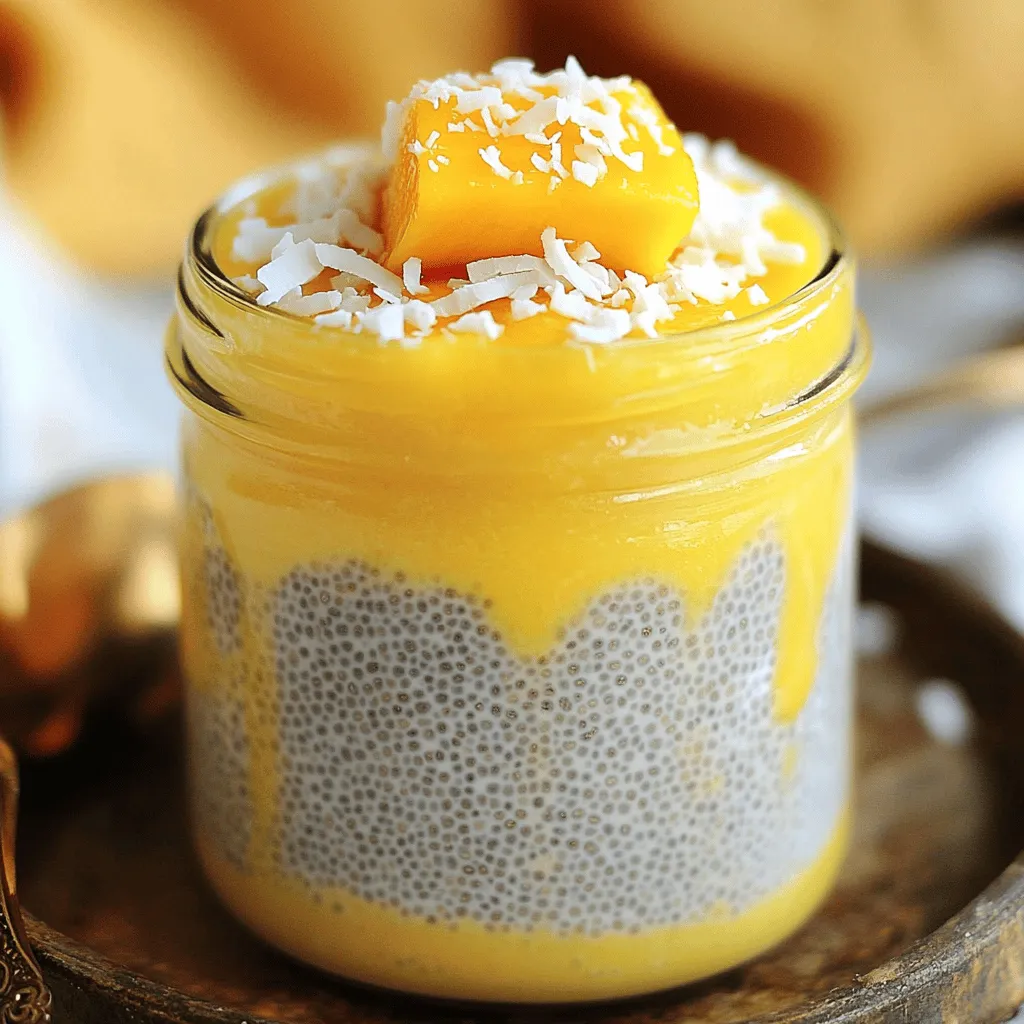 - 1 cup coconut milk (canned for rich flavor) - 1 cup ripe mango, pureed (plus extra for topping) - 1/4 cup chia seeds - 2 tablespoons maple syrup (adjust to taste) - 1 teaspoon vanilla extract - A pinch of sea salt Coconut milk is a creamy base. It gives our pudding a rich and smooth texture. The canned version has more flavor than the carton type. Chia seeds are tiny powerhouses. They are full of fiber, protein, and omega-3 fatty acids. They absorb liquid and expand, making our pudding thick and filling. Mango adds a sweet touch. It has vitamins A and C, which are good for your health. Plus, it gives a bright color to our dish. Maple syrup is a natural sweetener. You can adjust the amount based on how sweet you like it. Vanilla extract brings warmth and depth to the flavor. A pinch of sea salt balances the sweetness. It helps enhance the overall taste of the pudding. Chia seeds have many health benefits. They help with digestion and keep you full. They also support heart health due to their good fats. Coconut milk is not just tasty; it is rich in nutrients too. It has healthy fats that can boost energy. It may also support skin health. Mango is not just sweet; it is good for you. It has antioxidants that help fight free radicals. This fruit also supports eye health with its vitamin A. By using these ingredients, you create a treat that is both delicious and nutritious. You can find the full recipe above to make this easy and healthy dessert. First, gather all your ingredients. This makes cooking easy and fun. You’ll need: - 1 cup coconut milk (canned for rich flavor) - 1 cup ripe mango, pureed (plus extra for topping) - 1/4 cup chia seeds - 2 tablespoons maple syrup (adjust to taste) - 1 teaspoon vanilla extract - A pinch of sea salt Tools you should have include a mixing bowl, whisk, and plastic wrap. A jar works well for storage too. Now, let’s make the pudding. Start by mixing the coconut milk and mango puree in the bowl. Whisk them together until they blend well. Next, add maple syrup, vanilla extract, and sea salt. Whisk again to combine everything. This step is where the flavors come alive! Then, it’s time to add the chia seeds. Slowly sprinkle them in while whisking. This helps avoid clumping and ensures a smooth texture. After mixing, cover the bowl with plastic wrap or split it into jars. Refrigerate for at least 4 hours, or overnight if you can wait. This allows the chia seeds to soak and expand, creating that creamy pudding texture you love. Before serving, give the pudding a good stir. Chia seeds may settle at the bottom, so whisking brings everything back together. Enjoy your Mango Coconut Chia Pudding as a fresh, tasty treat! For the full recipe, check out the details above. To make a great mango coconut chia pudding, you must focus on the seeds. Chia seeds can clump together if not handled properly. To avoid this, sprinkle the seeds slowly into the mixture. While doing this, whisk the mixture constantly. This helps the seeds spread out evenly. Stirring is key for a smooth texture. After adding the seeds, mix well. You can use a fork or whisk to break up any clumps. This ensures a creamy pudding without lumps. Presentation matters when serving your pudding. Use clear jars to show off the beautiful layers. You can also add extra mango puree on top for a pop of color. A sprinkle of shredded coconut adds a nice touch, too. For added flavor, try toppings like fresh mint, nuts, or berries. These not only taste great but also make your dish look stunning. Sweetness can be adjusted to your taste. Start with two tablespoons of maple syrup. Taste it and decide if you want it sweeter. You can add more if you like. If you want to change the flavor, consider substitutes for vanilla. Almond extract or coconut extract can work well. You can also try honey or agave syrup instead of maple syrup for a different sweetness. {{image_2}} You can mix up your mango coconut chia pudding in fun ways. Try adding pineapple and banana for a tropical blend. This gives your pudding a bright, fruity kick. You can also stir in a nut butter like almond or peanut. This makes the pudding creamier and richer. Both options add new flavors and textures, making your treat even more exciting. This recipe is vegan friendly, which means it has no animal products. All the ingredients fit well with a plant-based diet. You can also feel good knowing it is gluten-free. Check your ingredient labels to confirm they meet your needs. This makes the pudding a great choice for many diets. Adjust your recipe to fit your needs. If you want more servings, just double the recipe. For smaller portions, cut the amounts in half. Chia pudding is great for meal prep. You can make it in jars, which makes it easy to grab and go. This way, you always have a healthy snack ready when you need it. For the full recipe, check out the details above. To keep your mango coconut chia pudding fresh, use airtight containers. Glass jars work great. They help maintain flavor and texture. You can store the pudding in the fridge for up to five days. If you have leftovers, be sure to cover them well. This keeps out air and moisture, which can make the pudding spoil faster. You can freeze chia pudding if you want to keep it longer. To freeze, pour the pudding into freezer-safe containers. Leave some space at the top for expansion. It will stay fresh in the freezer for about three months. To thaw, move it to the fridge overnight. Stir well before serving. This helps regain its creamy texture. Check for signs that the pudding has gone bad. If it smells sour or looks discolored, it’s time to toss it. A watery layer on top can also mean spoilage. To keep your pudding fresh, always use clean utensils when serving. This helps prevent bacteria from getting in. Enjoy your mango coconut chia pudding while it's fresh for the best taste! Mango Coconut Chia Pudding can last up to five days in the fridge. Store it in a sealed container. This keeps it fresh and ready to eat. I recommend checking for any changes in smell or texture before diving in after a few days. Yes, you can use many fruits! Try strawberries, blueberries, or peaches. These fruits add new flavors and colors. Just make sure to puree them if you want a smooth texture. You can also layer the pudding with chopped fruits for a fun look. Canned coconut milk gives a rich flavor and creaminess. However, you can use carton coconut milk if you prefer. The pudding may be less rich, but it will still taste great. Just remember to check the consistency. You want it to be thick enough for the chia seeds to gel. If you need a substitute for maple syrup, use honey or agave syrup. Both options add sweetness. You can also use stevia for a no-calorie choice. Adjust the amount to taste since each sweetener has a different level of sweetness. This article covered how to make Mango Coconut Chia Pudding. We discussed why each ingredient is good for you. I also shared easy cooking steps and useful tips for the best texture. You can make this pudding in different flavors and adjust it to fit your diet. Remember to store it properly for freshness. Try this recipe for a tasty, healthy treat that fits your needs. Enjoy the fun of cooking and customize it to your tastes!