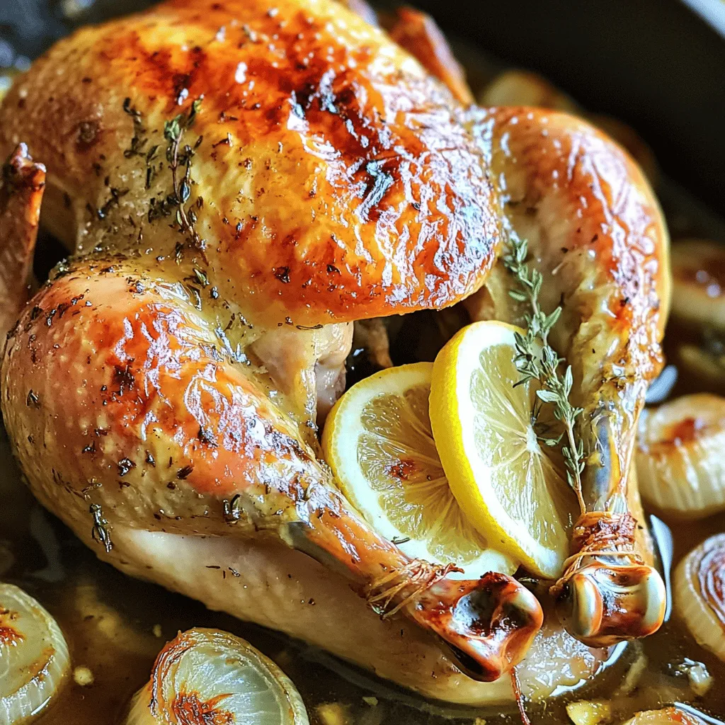 - Whole chicken (about 4-5 pounds) - Fresh lemons (2, one sliced and one juiced) - Fresh thyme (4-5 sprigs, plus extra for garnish) - Garlic (4 cloves, minced) The whole chicken is the star of the dish. Choose a fresh, high-quality bird for the best taste. Fresh lemons add brightness. Their juice and slices enhance the flavor. Fresh thyme brings an earthy note. Minced garlic adds depth to the marinade. - Olive oil (1/4 cup) - Honey (1 tablespoon) - Onion (1 large, quartered) - Chicken broth (1 cup) Olive oil helps the skin crisp up and keeps the meat juicy. Honey adds a subtle sweetness that balances the tartness from the lemons. Use a large onion for added flavor and aroma. Chicken broth keeps everything moist during roasting, adding more flavor to the dish. - Salt and pepper to taste - Optional herbs and spices Salt and pepper are crucial. They enhance the natural flavors of the chicken. You can add other herbs or spices if you like. Consider rosemary or paprika for a twist. These simple ingredients make your Lemon Thyme Roasted Chicken a flavorful home delight. Check the [Full Recipe] for more details and tips! First, preheat your oven to 425°F (220°C). This heat helps crisp the skin. While the oven warms, prepare the marinade. In a small bowl, mix together: - 1/4 cup olive oil - 4 cloves of garlic, minced - Juice of 1 lemon - 1 tablespoon honey - Salt and pepper to taste Next, pat the chicken dry with paper towels. This step helps the skin become crispy. Place the chicken in a roasting pan. Now, rub the marinade all over the chicken. Get your hands under the skin too. This method adds great flavor. Then, stuff the chicken's cavity with: - 4-5 sprigs of fresh thyme - Slices from the other lemon - 1 large onion, quartered Scatter any leftover onion pieces around the chicken. Pour 1 cup of chicken broth into the bottom of the pan. This broth adds moisture during cooking. Place the pan in the preheated oven. Roast the chicken for about 1 hour and 15 minutes. You want the internal temperature to reach 165°F (75°C). The skin should turn golden brown. Halfway through, baste the chicken with the pan juices. This step keeps the meat juicy and flavorful. When done, let the chicken rest for 10-15 minutes before carving. This resting time helps the juices settle in. For extra flair, garnish with more thyme before serving. For the full recipe, check out the link included above. To get that golden, crispy skin, start with a dry chicken. Pat it dry with paper towels. This helps remove moisture. The less moisture, the crispier the skin. Next, rub some olive oil all over the chicken. This adds flavor and helps with browning. For the best results, set your oven to 425°F (220°C). This high heat cooks the chicken fast, sealing in juices. If you want extra crispiness, try cooking it on a rack in the roasting pan. This allows hot air to circulate all around. Marinating your chicken ahead of time makes a big difference. Aim to marinate for at least two hours, but overnight is even better. Use the garlic, lemon juice, and thyme in your marinade mix. The longer it sits, the more flavor it absorbs. If you want to switch things up, feel free to swap herbs. Rosemary or sage can add a nice twist. You can also try adding spices like paprika or cumin for a warm kick. For side dishes, consider roasted vegetables or a fresh salad. Roasted carrots or potatoes pair well with the chicken. They soak up some of the delicious juices. For a nice touch when serving, place the chicken on a large platter. Scatter the roasted onions around it. Add a few sprigs of fresh thyme for a pop of color. This makes for an eye-catching presentation. For the full recipe, check out the detailed cooking instructions. {{image_2}} You can change up the herbs in this dish. Try using rosemary or sage instead of thyme. Both give a warm, earthy flavor. Citrus can also add a twist. Instead of lemons, you can use limes or oranges. These fruits will brighten the taste and bring a fresh zing to your chicken. You don’t have to roast the chicken in the oven. A slow cooker makes for juicy, tender meat. Simply place the seasoned chicken in your slow cooker. Cook it on low for about 6-8 hours. For a smoky flavor, grill the chicken instead. Marinate it as usual and then grill it over medium heat. This method creates a nice char and adds depth to the flavor. If you follow a gluten-free diet, this recipe works for you. All the ingredients are naturally gluten-free. Just double-check the chicken broth label. For a low-carb option, skip the honey and use less onion. You can still enjoy all the yummy flavors while sticking to your diet. Check out the Full Recipe for more details on making this dish. To keep your Lemon Thyme Roasted Chicken fresh, store it in the fridge. Place the chicken in an airtight container. It will last for about 3 to 4 days. If you want to keep it longer, consider freezing it. Wrap the chicken tightly in plastic wrap, then put it in a freezer bag. This way, it can last for up to 3 months. Just remember to label the bag with the date. When reheating chicken, the best method is to use an oven. Preheat your oven to 350°F (175°C). Place the chicken in a baking dish, cover it with foil, and heat for about 20-30 minutes. This helps keep the chicken moist. You can also use a microwave if you're short on time. However, be careful not to overcook it, as this can dry it out. Adding a splash of chicken broth can help maintain flavor. Knowing when to discard leftovers is key. If the chicken smells off or looks strange, it’s best to toss it. Always check for any signs of spoilage. If it's been more than 4 days in the fridge, it's safer to throw it away. When frozen, try to use it within 3 months for the best taste. Enjoy your Lemon Thyme Roasted Chicken while it’s fresh! For the full recipe, check out the detailed guide. Roasting time for chicken is simple. You need about 20 minutes per pound. For a 4-5 pound chicken, that’s roughly 1 hour and 15 minutes. Always check the internal temperature. It should reach 165°F. This ensures it's safe to eat. You can use dried thyme, but fresh thyme gives a better taste. Fresh herbs have more oils and flavor. If you opt for dried, use about one-third the amount. Dried thyme is stronger, so adjust your recipe accordingly. If the chicken isn’t cooked, check the thickest part. Use a meat thermometer to see if it’s at 165°F. If not, put it back in the oven. Cook for another 10-15 minutes. Always ensure it’s done before serving. For the full recipe, click here: [Lemon Thyme Roasted Chicken](#). This blog covered how to make Lemon Thyme Roasted Chicken. You learned about key ingredients and how to prepare, marinate, and roast the chicken. I shared tips for perfect skin and flavorful variations, as well as storage and reheating methods. Enjoy this dish with family and friends. It’s easy to make and packed with flavor. You can try different herbs and cooking methods for a unique twist. Keep experimenting, and your meals will always impress!