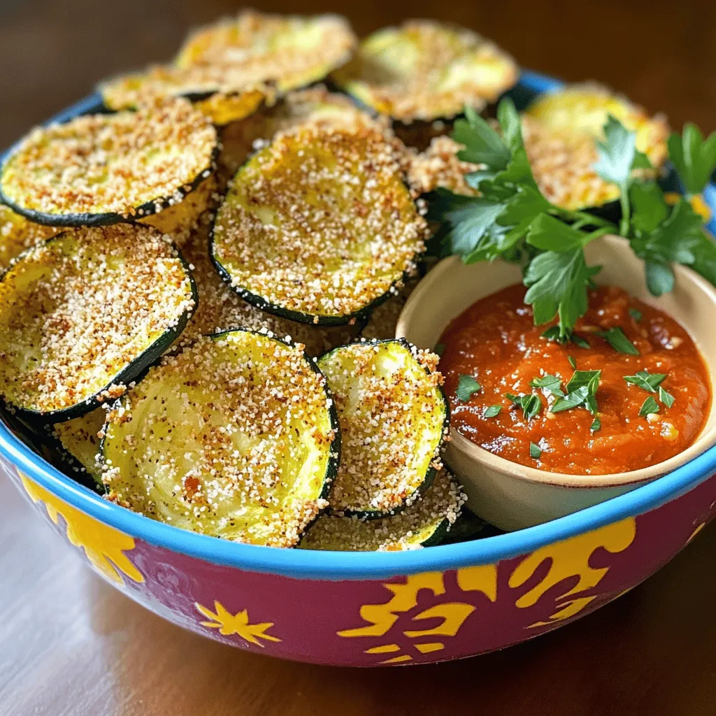 To make crispy baked zucchini chips, you need a few simple ingredients: - 2 medium zucchinis - 1 cup breadcrumbs (preferably whole wheat for extra crunch) - ½ cup grated Parmesan cheese (optional for added flavor) - 1 teaspoon garlic powder - 1 teaspoon onion powder - ½ teaspoon paprika - ½ teaspoon salt - ¼ teaspoon black pepper - 2 large eggs - Olive oil cooking spray These ingredients work together to create a tasty snack that is both healthy and crunchy. You can add some extra flavors to your zucchini chips. Here are a few ideas: - Herbs: Try adding dried herbs like oregano or thyme for a fresh taste. - Spices: A pinch of cayenne pepper will give your chips a spicy kick. - Cheese: You can use different cheeses like cheddar or nutritional yeast for a vegan option. Feel free to mix and match these additions to suit your taste! Each ingredient in this recipe brings great health benefits: - Zucchini: Low in calories and high in vitamins A and C. Great for hydration. - Whole Wheat Breadcrumbs: Provides fiber, helping with digestion and keeping you full. - Parmesan Cheese: Adds protein and calcium, but use it sparingly if you’re watching calories. - Garlic Powder: Known for its immune-boosting properties and adds flavor without extra calories. - Onion Powder: Contains antioxidants and adds a savory taste. - Paprika: Rich in vitamins and adds color and flavor. - Salt: Use in moderation; it enhances flavor but can lead to high sodium intake. - Black Pepper: May aid digestion and enhance the absorption of nutrients. - Eggs: Packed with protein and healthy fats, they help bind the coating. - Olive Oil Spray: A healthy fat that helps with heart health and adds crispiness. These ingredients not only make your chips delicious but also nutritious! For the full recipe, check out the details above. Start by washing the zucchinis under cool water. This step removes dirt and any chemicals. After washing, dry the zucchinis with a clean towel. Now, slice them thinly, about 1/8 inch thick. Use a mandolin for even slices or a sharp knife. Even slices help them cook well and become crispy. Next, let's make the coating. In one bowl, mix the breadcrumbs, Parmesan cheese, garlic powder, onion powder, paprika, salt, and black pepper. This mix gives great flavor. In another bowl, beat the two eggs. Dip each zucchini slice into the egg first. Let the extra egg drip off. Then, coat the slice with the breadcrumb mix. Press down lightly to make sure it sticks well. Now it's time to bake! Preheat the oven to 225°F (110°C). This low heat helps get rid of moisture, making the chips crispy. Line two baking sheets with parchment paper. Place the coated zucchini slices in a single layer on the sheets, making sure they don't overlap. Lightly spray the tops with olive oil cooking spray. Bake for about 1.5 to 2 hours. Flip them halfway through. Keep an eye on them in the last 30 minutes to avoid burning. When they turn golden and crisp, take them out. Let them cool on the baking sheets. They'll get even crispier as they cool. For the full recipe, check the section above. To get the best crispiness from your zucchini chips, follow these steps. First, slice the zucchini thin, about 1/8 inch thick. This thinness helps moisture evaporate. Next, bake at a low temperature, around 225°F (110°C). A slow bake removes water, allowing for a crunchy texture. Don’t forget to flip the chips halfway through baking for even crisping. Avoid these common pitfalls. First, don’t overcrowd the baking sheets. Place zucchini slices in a single layer, with space in between. Overlapping can trap steam, preventing crispness. Second, ensure the slices are dry before coating. Excess moisture leads to soggy chips. Lastly, watch the baking time closely. Each oven is different, and zucchini can burn quickly if overlooked. Serve your crispy baked zucchini chips with tasty dips. A homemade marinara sauce adds a nice touch. You can also try a zesty yogurt dip for a refreshing contrast. For a fun twist, sprinkle fresh herbs on top, like parsley or basil. This not only adds flavor but also makes your dish look lovely. Try these ideas to elevate your snack! {{image_2}} You can add fun flavors to your zucchini chips. Try making them spicy by adding cayenne pepper to the breadcrumb mix. A little goes a long way, so start small! For a cheesy twist, mix in more Parmesan cheese or even some cheddar. If you love herbs, add dried oregano or basil to the breadcrumbs. These flavors make every bite exciting! If you need gluten-free options, you can use almond flour or gluten-free breadcrumbs instead of regular ones. This keeps your chips just as crunchy. For a vegan choice, skip the eggs and use a mix of ground flaxseed and water. It works well as a binder. Make sure to check your breadcrumbs are vegan-friendly too! Zucchini isn't the only veggie you can use. Sweet potatoes make great chips with a natural sweetness. You can also try carrots, beets, or even eggplant. Slice them thin for the best results. Each veggie brings its unique flavor and texture to the snack, keeping it fresh and fun. For the full recipe on how to make crispy baked zucchini chips, check the earlier section! To keep your crispy zucchini chips fresh, store them in an airtight container. This helps keep moisture out. I recommend using a glass or plastic container with a tight lid. You can also add a paper towel inside to absorb extra moisture. This method helps them stay crunchy for about 3-5 days. Avoid stacking the chips as this can cause them to lose their crispiness. If your zucchini chips lose some crunch, you can easily fix that. Preheat your oven to 350°F (175°C). Spread the chips in a single layer on a baking sheet. Heat them in the oven for about 5-10 minutes. Keep an eye on them to prevent burning. This will help restore their crispiness, making them tasty again! For long-term storage, freezing is a great option. First, make sure your chips are completely cool. Then, place them in a freezer-safe bag or container. Remove as much air as possible to prevent freezer burn. Your zucchini chips can last up to 3 months in the freezer. When you're ready to eat them, simply bake them from frozen at 350°F (175°C) for about 10-15 minutes. This will help them regain their crunch. To make zucchini chips crispier, slice them thin. Aim for about 1/8 inch thick. A mandolin is great for this. Salt the slices lightly before coating them. This helps draw out more moisture. After salting, pat them dry with paper towels. Also, bake them at a low temperature like 225°F (110°C) for a longer time. Flipping them halfway through baking is key. This ensures they cook evenly. Yes, you can bake zucchini chips in an air fryer. It’s a quick method that gives great results. Set your air fryer to about 350°F (175°C). Arrange the zucchini slices in a single layer. Avoid stacking them to ensure even cooking. Check them after 10 minutes, then flip them. Continue cooking until they are golden and crisp. Crispy baked zucchini chips last about 3 to 4 days if stored in an airtight container. Keep them at room temperature for the best crunch. If they become soft, you can re-crisp them by baking at 350°F (175°C) for a few minutes. This will restore their crunch. Just watch them closely so they don’t burn. Yes, baked zucchini chips are healthier than traditional chips. They have fewer calories and less fat. Plus, they are rich in vitamins and minerals. Zucchini is a great source of fiber, which aids digestion. Using whole wheat breadcrumbs adds extra nutrients. You can also control the salt and oil amount when baking. This makes them a better choice for snacking. Enjoy them guilt-free! For the full recipe, check out the Crispy Baked Zucchini Chips section. In this blog post, we explored how to make crispy baked zucchini chips. We covered the ingredients needed, from zucchini to optional flavors, and highlighted their nutritional benefits. Next, I shared step-by-step instructions for preparing, coating, and baking your chips. I also provided tips for perfect crispiness and common mistakes to avoid. Finally, we discussed variations and storage tips. Making zucchini chips is easy and fun. They are a tasty alternative to regular chips that are also healthier. Enjoy them as a snack or add your twist to impress friends!