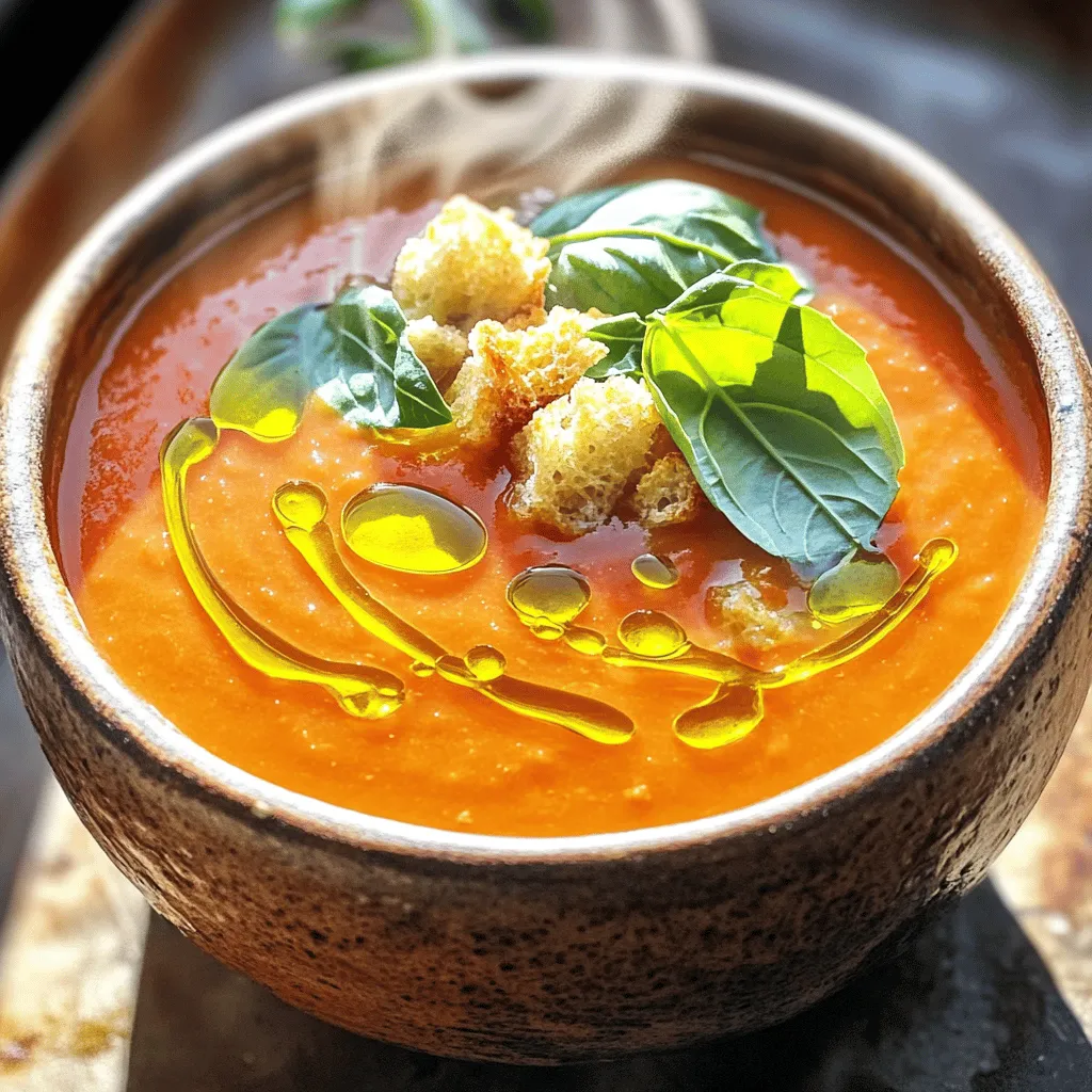 To make a great creamy tomato basil soup, you need some key ingredients. Here’s what you will need: - 2 tablespoons olive oil - 1 onion, chopped - 4 garlic cloves, minced - 2 cans (14 oz each) diced tomatoes (preferably fire-roasted) - 3 cups vegetable broth - 1 teaspoon dried oregano - 1 teaspoon sugar - Salt and pepper to taste - 1 cup heavy cream (or coconut cream for a non-dairy version) - 1 cup fresh basil leaves, chopped These ingredients work together to create a rich and creamy flavor. The fire-roasted tomatoes add a nice depth, while the fresh basil brings a bright taste. Adding garnishes can make your soup look and taste even better. Here are some fun options: - Croutons - Fresh basil leaves Croutons add a crunchy texture. Fresh basil gives a pop of color and extra flavor. You can mix and match based on what you like! If you have dietary needs, you can still enjoy this soup. Here are some substitutes: - For heavy cream, use coconut cream for a dairy-free option. - If you can’t have onions, use leeks or shallots instead. - Vegetable broth can be swapped with chicken broth for non-vegetarians. These swaps keep the soup tasty and cater to different diets. So, feel free to adjust as needed! You can find the Full Recipe for more details on how to prepare this delicious dish. To make this creamy tomato basil soup, start with great ingredients. You will need olive oil, onion, garlic, diced tomatoes, vegetable broth, oregano, sugar, and cream. First, heat the olive oil in a large pot over medium heat. Then, add the chopped onion. Cook it for about five minutes, or until it turns soft and clear. This step builds a strong flavor base. Next, stir in the minced garlic. Cook for one more minute. You want to smell the garlic's lovely aroma. Now, add the diced tomatoes with their juice, the vegetable broth, oregano, and sugar. Season this mix with salt and pepper. Bring it to a gentle simmer. Let the soup cook uncovered for about 20 minutes. This time lets the flavors blend nicely. Once the soup has simmered, it’s time to blend it. If you have an immersion blender, use it right in the pot. Blend until the soup is smooth. If you do not have an immersion blender, carefully pour the soup in batches into a regular blender. Always cover the lid with a towel to avoid splatters. Blend until it reaches a creamy texture. After blending, return the soup to the pot. Now, stir in the heavy cream. This step makes the soup rich and velvety. Heat it on low, but do not let it boil. Boiling can change the texture and flavor. Before serving, mix in the fresh basil leaves. This adds freshness and brightness to your soup. Taste it and adjust the seasoning as needed. Need more salt or pepper? Add it now. When ready to serve, ladle the soup into bowls. For a little crunch, add croutons and a sprinkle of fresh basil on top. This creamy tomato basil soup is not just easy; it’s also comforting and delicious. For the full recipe, refer to the section above. Enjoy every spoonful! To make your creamy tomato basil soup taste even better, use fresh ingredients. Chopped fresh basil adds bright flavor, while fire-roasted tomatoes give a smoky kick. You can also add a splash of balsamic vinegar for depth. If you have time, let the soup simmer a bit longer to let the flavors mix well. One common mistake is skipping the sautéing step for the onion and garlic. This step builds a great base of flavor. Also, don't add the cream too early. If you boil the soup after adding the cream, it may curdle. Taste the soup before serving to adjust the salt and pepper. Serve your soup hot in a bowl. Top it with croutons and a sprinkle of fresh basil. Pair it with a grilled cheese sandwich for a classic combo. You can also serve it in a mug for a cozy feel. Enjoy your meal with family or friends to make it extra special. For the full recipe, check out the Creamy Tomato Basil Bliss. {{image_2}} To make this creamy tomato basil soup vegan, swap heavy cream for coconut cream. Coconut cream adds a rich texture without dairy. You can also use cashew cream for a nutty flavor. Just blend soaked cashews with water until smooth. This keeps the soup rich and tasty. Want to mix things up? Try adding roasted red peppers for a smoky taste. You can also throw in a splash of balsamic vinegar for a tangy kick. If you love spice, add red pepper flakes for heat. For a fresh twist, stir in some spinach or kale just before blending. These add nutrients and a pop of color. You don’t have to stick to the classic recipe. Try herbs like thyme or rosemary for a different aroma. A pinch of smoked paprika brings a warm, earthy flavor. If you like crunch, toss in some crispy bacon bits or sautéed mushrooms before serving. These small changes keep the soup fun and exciting. For more ideas, check the Full Recipe. After enjoying your creamy tomato basil soup, store any leftovers right away. First, let the soup cool to room temperature. Use an airtight container to keep it fresh. It’s best to store the soup in the fridge if you plan to eat it within three days. You can keep it in the freezer for longer storage. Just remember to leave some space at the top of the container. The soup will expand as it freezes. When you are ready to enjoy your soup again, reheat it gently. Pour the soup into a pot over low to medium heat. Stir often to prevent it from sticking. If it seems too thick, add a splash of vegetable broth or water. This will help bring back its creamy texture. Taste it again and adjust the seasoning if needed. Avoid boiling the soup, as this can change its flavor. For long-term storage, freezing is a great option. Make sure the soup is completely cool before freezing. Pour it into freezer-safe containers or heavy-duty freezer bags. Squeeze out as much air as possible before sealing. Label each container with the date and contents. Your creamy tomato basil soup can stay fresh in the freezer for up to three months. When you are ready to eat it, thaw it overnight in the fridge before reheating. Enjoy your flavorful soup anytime with these simple storage tips! For the full recipe, check out Creamy Tomato Basil Bliss. You can serve many tasty sides with creamy tomato basil soup. Grilled cheese sandwiches are a classic choice. Their crispy bread pairs well with the soup's smooth texture. You can also try a fresh salad for a light option. A simple Caesar or mixed greens salad works great. For a heartier meal, serve crusty bread or garlic knots. They soak up the soup nicely and add flavor. Yes, you can make this soup ahead of time. It stores well in the fridge for about three days. Just let it cool before sealing in a container. When you're ready to enjoy, reheat it on the stove or in the microwave. If you freeze it, use a freezer-safe container. The soup can last up to three months in the freezer. Just remember to thaw it overnight in the fridge before reheating. To add some heat to creamy tomato basil soup, try these tips. You can add red pepper flakes while cooking. Start with a pinch and taste as you go. Another option is to mix in diced jalapeños or serrano peppers. For a smoky flavor, add chipotle peppers in adobo sauce. If you prefer a hot sauce, drizzle some into your bowl before serving. Adjust the spice to fit your taste! This article has walked you through making a creamy tomato basil soup. We covered essential and optional ingredients, plus substitutes for diets. You learned step-by-step instructions for preparation, blending, and finishing touches. I shared tips to boost flavor and avoid common mistakes. We explored variations, storage methods, and answered key FAQs. In the end, enjoy your soup your way. Keep experimenting to find what you love!