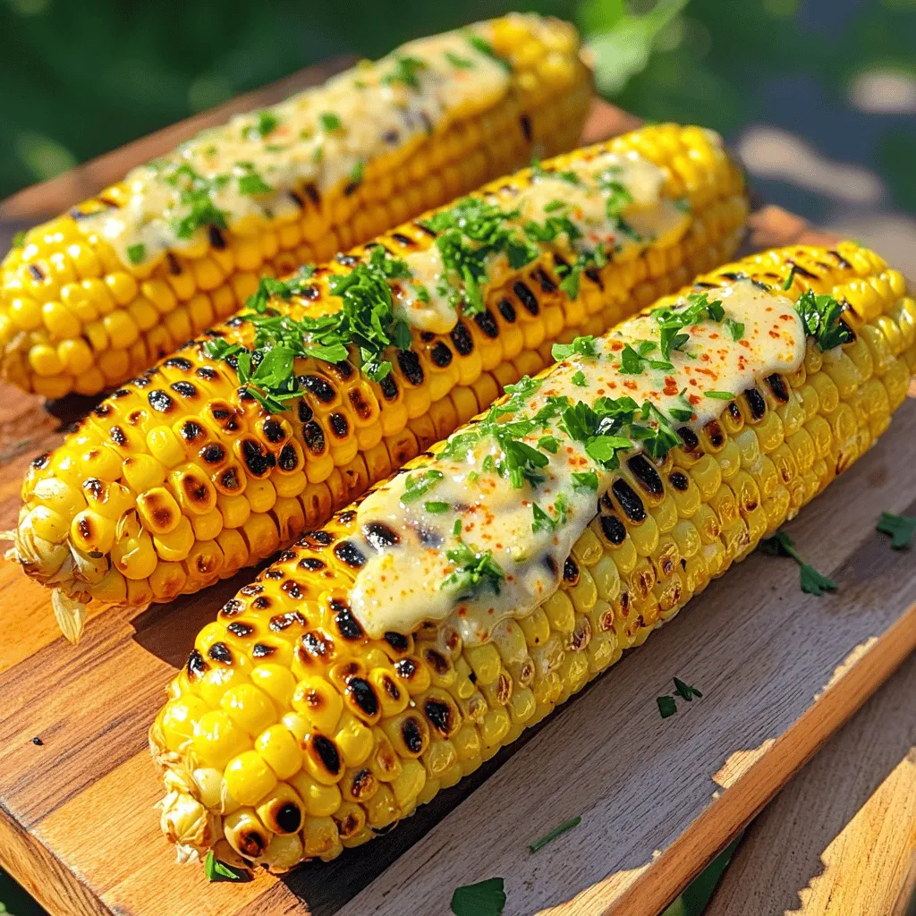 - 4 ears of fresh corn, husked - ½ cup unsalted butter, melted - 4 cloves garlic, minced - 1 teaspoon smoked paprika - 1 teaspoon sea salt - ½ teaspoon black pepper - ¼ cup chopped fresh parsley (for garnish) - ¼ teaspoon cayenne pepper (optional) To make garlic butter grilled corn, you need fresh ingredients. Use four ears of corn for the best flavor. Husk them well to remove all silks. Fresh corn tastes sweeter and juicier. Next, the garlic butter is key. Melt half a cup of unsalted butter. Add four minced garlic cloves for that strong garlic punch. This blend is what makes the corn truly shine. For seasoning, smoked paprika adds depth. It brings a nice, smoky flavor. Sea salt and black pepper enhance the overall taste. If you like heat, add cayenne pepper. This spice is optional but can elevate your dish. Don't forget the fresh parsley! It adds color and freshness. Chopping it up gives a nice finish to your grilled corn. Finding the right balance of flavors is important. Each ingredient plays a role in making this dish special. The full recipe includes all these steps to create the perfect garlic butter grilled corn. - Preheat the grill to medium-high heat. - Husk the corn and prepare the garlic butter mixture. To start, you need to get your grill hot. Setting it to medium-high heat ensures the corn cooks well. While the grill heats, husk your corn. Remove all the green leaves and silk. This step is key for even cooking and flavor. Next, make the garlic butter. In a small bowl, combine the melted butter, minced garlic, smoked paprika, sea salt, and black pepper. If you like spice, add a pinch of cayenne pepper. This blend creates a tasty coating for your corn. - Brush garlic butter on corn. - Grill the corn, turning for even cooking. Once your garlic butter is ready, brush it generously over each ear of corn. Make sure every side gets some butter for the best flavor. Then, place the corn directly on the hot grill grates. Grill each ear for about 10-15 minutes. Turn the corn every few minutes. This step gives you nice grill marks and ensures it cooks evenly. - Apply remaining garlic butter after grilling. - Garnish with chopped fresh parsley. After grilling, take the corn off the heat. Brush on any leftover garlic butter for an extra flavor boost. Finally, sprinkle chopped fresh parsley over the corn. This not only makes it look pretty but adds a fresh taste too. Enjoy your garlic butter grilled corn! For the full recipe, check out the complete instructions above. To enhance garlic butter for grilling, start with quality butter. I love using unsalted butter because it lets the garlic shine. Mix in fresh minced garlic and smoked paprika. This adds depth and a nice kick. Here are some best practices for grilling corn: - Preheat your grill to medium-high heat. This helps cook the corn evenly. - Husk the corn, removing all silk. Clean corn cooks better. - Brush the garlic butter mixture on the corn thoroughly. Cover all sides for great flavor. - Place the corn on the grill and turn it every few minutes. This creates nice grill marks and cooks it evenly. Grilled corn pairs well with many summer dishes. Serve it alongside burgers, grilled chicken, or fresh salads. It adds a sweet and smoky element to your meal. For dips and toppings, consider these options: - A sprinkle of cheese, like feta or cotija, for a salty touch. - Lime juice for a zesty kick that brightens the flavor. - Fresh herbs, like cilantro or basil, to add a fresh taste. For the full recipe, check out the detailed steps above! {{image_2}} You can make garlic butter grilled corn even tastier with some fun twists. Here are a few ideas: - Chili powder: Add a teaspoon of chili powder to your garlic butter. This gives the corn a nice kick and extra flavor. - Different butters: Try using herb-infused butter or even garlic herb oil. Each option brings a new taste to your corn. Grilling is awesome, but there are other ways to cook corn too. Here are some methods you might enjoy: - Baking: Wrap the corn in foil with garlic butter and bake it at 400°F for about 25 minutes. This method keeps the corn moist and full of flavor. - Boiling: You can boil corn in salted water for about 5-7 minutes. After boiling, brush on your garlic butter for that great flavor. Another great tip is to keep the husks on while cooking. This extra layer helps keep the corn juicy and adds a unique taste. You’ll enjoy experimenting with these variations to find your favorite way to prepare garlic butter grilled corn. For the full recipe, check it out [here](#). You should store leftover grilled corn in an airtight container. Wrap each ear in plastic wrap to keep it fresh. If you have cut pieces, place them in a sealed bag. You can store grilled corn in the fridge for up to 3 days. After that, the flavor and texture may decline. To reheat grilled corn, you have a few good options. You can use the microwave, grill, or stovetop. For the microwave, place the corn on a plate. Cover it with a damp paper towel and heat for 1-2 minutes. For the grill, wrap the corn in foil and place it on low heat for about 5-10 minutes. If you use the stovetop, add a little water to a pan and steam the corn for 5 minutes. To keep the flavor and moisture, avoid overcooking. Check the corn often while reheating. You can also brush on some garlic butter before serving to enhance the taste. For more delicious ideas, don’t forget to check out the Full Recipe for Garlic Butter Grilled Corn! Grilling corn usually takes about 10 to 15 minutes. You want to turn the corn every few minutes. This helps cook it evenly and gives it nice grill marks. I recommend using fresh corn for the best flavor. Frozen corn lacks the same sweetness and texture. If you must use frozen corn, try grilling it in a grill basket for even cooking. You can use vegan butter or olive oil instead of garlic butter. Mix in minced garlic and your favorite herbs for added flavor. This keeps your dish tasty and plant-based. For the full recipe, check the details above. Enjoy your Garlic Butter Grilled Corn! This post detailed how to make perfect grilled corn. We covered ingredients, grilling steps, and tips for ideal flavor. Remember to choose fresh corn and season it well. Don’t forget to add your favorite dips, too. Whether you serve it at a cookout or enjoy it alone, grilled corn shines. Try different flavors or cooking methods to keep it fresh and fun. Enjoy this tasty summer classic!