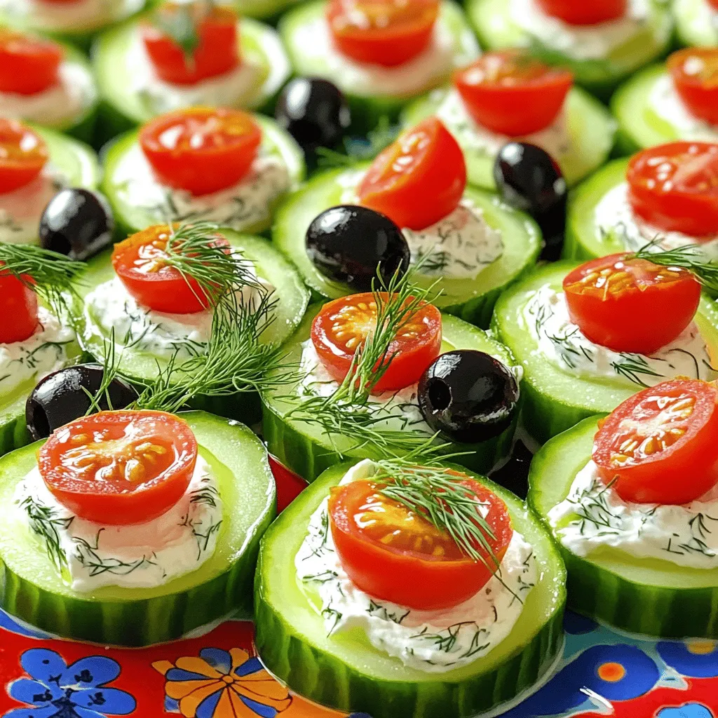 - 2 large cucumbers - 1 cup cream cheese, softened - 1 tablespoon fresh dill, chopped - 1 tablespoon lemon juice - 1 teaspoon garlic powder - 1/2 teaspoon salt - 1/4 teaspoon black pepper - 1/2 cup cherry tomatoes, halved - 1/4 cup black olives, sliced - Fresh dill sprigs for garnish When I create No Bake Cucumber Bites, I start with fresh ingredients. First, I wash the cucumbers well. I choose firm, large cucumbers for the best crunch. Next, I prepare a creamy filling with softened cream cheese. I mix in chopped dill and lemon juice for zing. To add flavor, I include garlic powder, salt, and black pepper. The cream cheese mixture becomes smooth and rich. This blend pairs perfectly with the crisp cucumber. For toppings, I slice cherry tomatoes and black olives. They add color and taste to each bite. I suggest arranging them on the cucumber for a pop of flavor. If you want to elevate your dish, consider garnishing with fresh dill sprigs. They add a touch of elegance and freshness. You can find the full recipe for these delicious bites in the recipe section. Start by washing the cucumbers under cool water. Make sure to scrub them gently. After washing, slice each cucumber into thick rounds, about 1 inch wide. This size helps hold the cream cheese well. Lay the slices flat on a plate and set them aside for later. In a mixing bowl, combine the softened cream cheese, chopped dill, lemon juice, garlic powder, salt, and black pepper. Use a hand mixer or a spatula to blend these ingredients. Mix until the cream cheese is smooth and creamy. You want a nice spreadable texture for the next step. Now, it’s time to assemble! Take each cucumber slice and dollop a generous amount of the cream cheese mixture on top. Spread it evenly for a nice look. Next, add a cherry tomato half and a slice of black olive on each bite. You can get creative with how you arrange the toppings! Repeat this process until all the cucumber slices are topped. Arrange the finished bites on a platter. For a cool touch, chill them in the fridge for about 10 to 15 minutes. This makes them even more refreshing. Enjoy your tasty No Bake Cucumber Bites! For the full recipe, check out the details above. For a fun and elegant touch, try using a colorful platter. You can arrange your cucumber bites in a circle or in rows. A tiered stand also works well. It makes your bites easy to grab and adds height to your display. Finish with a sprig of fresh dill on each bite for a pop of green and extra flavor. You can change up the ingredients to suit your taste. For a spicy kick, add a sprinkle of paprika or cayenne pepper to the cream cheese mix. If you want to use a different cheese, try goat cheese or a dairy-free option. You can also swap cherry tomatoes for diced bell peppers or radishes for crunch. Chill your cucumber bites for about 10-15 minutes before serving. This helps them stay crisp and refreshing. Keep them in the fridge until you're ready to serve. If you wait too long, they may lose their crunch. Aim to enjoy them fresh for the best taste. {{image_2}} You can easily change the flavor of the cream cheese. Adding herbs and spices is a great way to make it unique. For example, try mixing in some chopped chives or a pinch of smoked paprika. These small changes can bring new life to your cucumber bites. If you want a vegan option, there are many dairy-free cream cheeses available. Look for brands made from nuts or tofu. They taste great and keep the dish fresh and light. You can also play with the toppings on your cucumber bites. Other vegetables can add color and crunch. Consider using thin slices of bell pepper or radishes. They both add a nice snap! Adding protein is another fun option. You could sprinkle some crumbled feta cheese or small pieces of grilled chicken on top. These additions make the bites more filling and tasty. Your cucumber bites can change with the seasons. In summer, fresh herbs like basil or mint can brighten the dish. You can swap out cherry tomatoes for fresh berries for a sweet twist. In winter, consider using roasted veggies. Roasted red peppers or even slices of cooked beets can add warmth and depth. Adapting your recipe based on what’s fresh at the market keeps it exciting. For the full recipe, check out the Crispy Cucumber Delight Bites! To keep your No Bake Cucumber Bites fresh, store any leftovers right away. Place them in an airtight container. This helps maintain their crunch and flavor. You can also use a covered plate if you don’t have a container. Make sure to separate layers with parchment paper to avoid sticking. You can keep cucumber bites in the fridge for up to two days. After that, they may start to lose their crispness. Look for signs of spoilage, like a change in color or a slimy texture on the cucumbers. If they smell off, it’s best to throw them away. I do not recommend freezing cucumber bites. The cucumbers will become mushy when thawed. If you want to make them ahead, prepare the cream cheese mix and store it separately. You can slice the cucumbers fresh before serving. This way, you maintain that refreshing crunch. For the full recipe, check out the Crispy Cucumber Delight Bites. Yes, you can make No Bake Cucumber Bites ahead of time. I suggest preparing the cream cheese mixture and slicing the cucumbers a few hours before serving. This way, you save time when guests arrive. Just keep the mixture and cucumber slices separate until you are ready to serve. Storing them together too early can affect their crunch. The longer they sit, the softer the cucumbers will be. For the best taste and texture, wait to assemble them until just before serving. If you need a substitute for cream cheese, there are great options. Use Greek yogurt for a tangy twist. It adds protein and keeps a creamy texture. Another option is dairy-free cream cheese. This works well for those on a dairy-free diet. You can also try hummus for a unique flavor. It adds a nice garlic taste and is vegan-friendly. These alternatives keep the flavor delicious while changing the texture slightly. Experiment to find your favorite! This recipe yields about eight servings. Each cucumber slice makes a perfect bite-sized snack. For gatherings, consider serving more. You can easily double the recipe if you have a larger crowd. Arrange them on a colorful platter for an appealing display. Guests will love these fresh bites, and they will go fast! No bake cucumber bites are fresh, tasty, and easy to make. We covered the main ingredients, steps to prepare, and ways to customize. Presentation tips and storage methods ensure your bites stay perfect for any occasion. With these pointers, you can impress your guests effortlessly. So, gather your ingredients, get creative, and enjoy making these delightful snacks. They’re sure to be a hit at your next gathering!