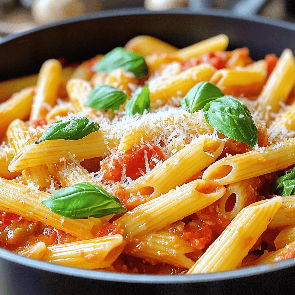 - 300g pasta (penne or fettuccine) - 2 tablespoons olive oil - 3 cloves garlic, minced - 1 can (400g) crushed tomatoes - 1 teaspoon dried basil - 1 teaspoon dried oregano - 1 teaspoon sugar - 200ml heavy cream - Salt and pepper to taste - Fresh basil leaves for garnish - Grated Parmesan cheese (optional) To make creamy tomato pasta, start with the right ingredients. You need 300 grams of pasta, either penne or fettuccine, which will hold the sauce well. Olive oil adds a nice flavor. Use two tablespoons to sauté the garlic. Speaking of garlic, three cloves minced will bring a lovely aroma to your dish. The star of this recipe is the crushed tomatoes. One can, or 400 grams, gives a rich base. For flavor, add dried basil and oregano. Each herb needs one teaspoon. A teaspoon of sugar helps balance the acidity of the tomatoes. Next comes the heavy cream, 200 milliliters, which makes the sauce creamy. Don't forget to season with salt and pepper to taste. For a fresh touch, garnish your dish with basil leaves. If you love cheese, sprinkle on some grated Parmesan. Finding quality ingredients is key. Fresh herbs make a huge difference. Always choose good-quality olive oil for the best flavor. This recipe is simple but so satisfying. Check out the Full Recipe for detailed steps to create this creamy delight. 1. Boiling the pasta: Fill a large pot with water and add salt. Bring it to a rapid boil. Add 300g of your chosen pasta, like penne or fettuccine. Cook according to the package instructions until it is al dente. This usually takes 8 to 10 minutes. 2. Draining and reserving pasta water: Once the pasta is cooked, drain it in a colander. Make sure to save about a cup of pasta water. This water helps adjust the sauce later. 1. Sautéing garlic: In a large skillet, heat 2 tablespoons of olive oil over medium heat. Add 3 cloves of minced garlic. Sauté for about 1 minute. Be careful not to let it brown; you want it fragrant. 2. Adding tomatoes and seasonings: Pour in 1 can of crushed tomatoes. Stir in 1 teaspoon of dried basil, 1 teaspoon of dried oregano, and 1 teaspoon of sugar. Allow the sauce to simmer for about 10 minutes. Stir it occasionally. This step thickens the sauce and enhances the flavors. 1. Incorporating the cream: Lower the heat and slowly stir in 200ml of heavy cream. Mix it well until it is fully incorporated. Taste the sauce and season it with salt and pepper. If it seems too thick, add a splash of the reserved pasta water. 2. Combining pasta and sauce: Add the cooked pasta to the sauce. Gently toss it to coat the pasta evenly with the creamy tomato sauce. Let it cook together for an additional 2 minutes to heat through. Serve the pasta hot, garnished with fresh basil leaves and, if you like, a sprinkle of grated Parmesan cheese. Enjoy your creamy tomato pasta delight! For the full recipe, check the details above. To get the right sauce thickness, use pasta water. This water contains starch. It helps the sauce cling to the pasta. Start by adding small amounts until you reach your desired texture. This makes your dish creamy and rich. Balancing flavors is key to a great sauce. Taste as you go. If it’s too acidic, add a pinch of sugar. If it lacks depth, more herbs can help. Fresh basil is a great choice at the end. It lifts the flavors and adds a nice aroma. Cooking pasta to al dente is best for this recipe. Al dente means firm to the bite. Overcooked pasta can turn mushy. Follow package instructions, but check a minute early to test. Timing with the sauce is crucial. Drain the pasta just before the sauce is done. This way, you can quickly mix them. The pasta absorbs the sauce better this way, making it more flavorful. Garnishes can elevate your creamy tomato pasta. Fresh basil leaves add color and freshness. Grated Parmesan cheese gives a nice salty touch. You can also try a drizzle of good olive oil for extra richness. For side dishes, consider serving garlic bread or a fresh salad. A simple green salad pairs well. It adds crunch and balances the creamy pasta. This makes your meal complete and satisfying. For the complete recipe, check the Full Recipe. {{image_2}} You can change some ingredients to fit your needs. If you want a dairy-free dish, swap heavy cream with coconut milk or a dairy-free cream. This will still give you that creamy texture. Want to add protein? Chicken or shrimp are great choices. Just cook them in the skillet before adding the garlic and tomatoes. They will soak up the flavors from the sauce. To give your dish a kick, add red pepper flakes. Start with a pinch and adjust to your taste. This small change can make your creamy tomato pasta exciting. You can also include vegetables. Spinach, bell peppers, or zucchini work well. Sauté them along with the garlic for extra flavor and nutrition. If you're going gluten-free, use gluten-free pasta. There are many options available that taste great and hold sauce well. For a vegan dish, use dairy-free cream and skip the cheese. You can also add nutritional yeast for a cheesy flavor without dairy. These variations make it easy to enjoy creamy tomato pasta in many ways. Check out the Full Recipe for more ideas! Store your creamy tomato pasta in the fridge. This keeps it fresh for a few days. Use an airtight container to avoid odors. If stored well, it can last up to three days. To reheat your pasta, use a skillet over low heat. Stir often to warm evenly. Add a splash of water or cream if it thickens too much. This step helps keep your sauce creamy. Avoid the microwave if you can, as it can make the sauce watery. You can freeze creamy tomato pasta, but the texture may change. To freeze, place it in a freezer-safe container. It can last for up to three months. When ready to eat, thaw it overnight in the fridge. Reheat on the stove, adding some cream or pasta water to restore creaminess. No, creamy tomato pasta and marinara sauce are not the same. Marinara sauce is a simple sauce made from tomatoes, garlic, and herbs. It does not have cream. Creamy tomato pasta has a rich and smooth sauce because of the heavy cream. This adds a nice texture and flavor that marinara lacks. To spice up your creamy tomato pasta, you can add red pepper flakes. Start with a pinch and adjust to your taste. You could also add fresh chopped chili peppers or hot sauce. These options will give your dish a nice kick without overpowering the flavors. Yes, you can make creamy tomato pasta ahead of time. Cook the pasta and sauce, then let them cool. Store them in separate airtight containers. This way, you can reheat each part when you’re ready to eat. When reheating, add a bit of pasta water to keep the sauce creamy. For the full recipe, check out the recipe section! You now know how to make a creamy tomato pasta dish. We covered the key ingredients, steps, and tips. Remember, cooking pasta al dente makes a big difference. You can adjust the sauce for flavor and texture. Experiment with ingredients to fit your diet needs. Store leftovers properly to keep them fresh. Making this dish can be fun and easy, so enjoy creating your own version. Happy cooking!
