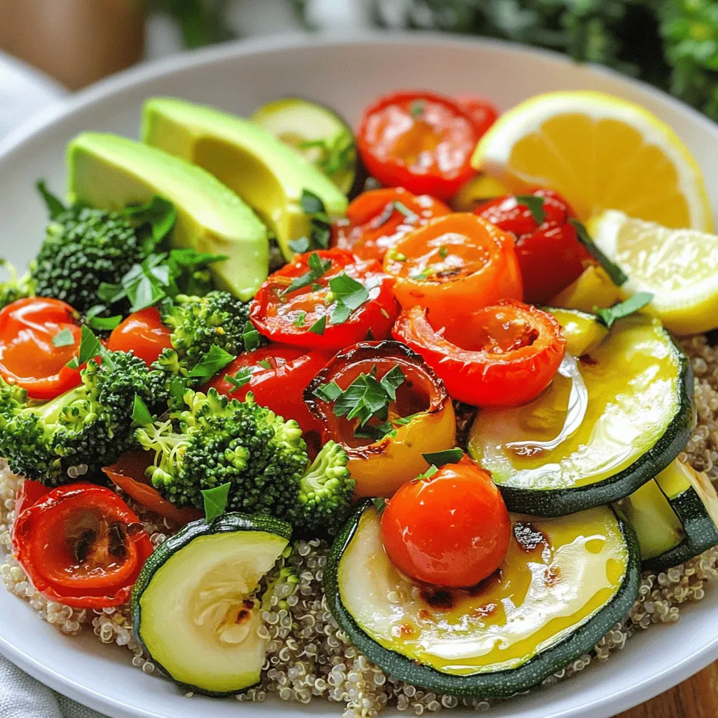 - 1 cup quinoa, rinsed - 2 cups vegetable broth (or water) - 1 red bell pepper, diced - 1 zucchini, sliced - 1 cup cherry tomatoes, halved - 1 cup broccoli florets - 2 tablespoons olive oil - 1 teaspoon garlic powder - 1 teaspoon smoked paprika - Salt and pepper to taste - Fresh parsley, chopped (for garnish) - 1 avocado, sliced (optional) - Lemon wedges (for serving) You need fresh ingredients for a tasty Roasted Vegetable Quinoa Bowl. Quinoa is the star of this dish. It is rich in protein and fiber. Rinse it well before cooking to remove the bitter coating. The dish gets its flavor from roasted veggies. I love using red bell peppers, zucchini, cherry tomatoes, and broccoli. They add color and taste. The olive oil helps the veggies roast perfectly. Garlic powder and smoked paprika give a warm, rich flavor. You can adjust salt and pepper to your liking. For a fresh touch, add chopped parsley on top. Avocado slices add creaminess, but they are optional. Serve with lemon wedges to brighten the dish. This bowl is filling and healthy. For the full recipe, check the instructions. - Preheat your oven to 425°F (220°C). - In a large bowl, combine diced red bell pepper, sliced zucchini, halved cherry tomatoes, and broccoli florets. Start by preheating your oven. This step is key for roasting. While the oven heats, grab a large bowl. Toss in your chopped red bell pepper, zucchini, cherry tomatoes, and broccoli. These veggies bring color and taste to the dish. - Drizzle with olive oil and sprinkle with garlic powder, smoked paprika, salt, and pepper. - Toss until the vegetables are well coated. Now, it's time to add flavor. Drizzle olive oil over the veggies. Next, sprinkle garlic powder, smoked paprika, salt, and pepper. I love to toss everything together by hand, making sure the veggies are coated well. This step makes them taste amazing once roasted. - Spread seasoned vegetables on a baking sheet and roast for 20-25 minutes. - Meanwhile, prepare the quinoa with vegetable broth or water, simmer for 15 minutes, and fluff. Next, spread your seasoned vegetables on a baking sheet. Make sure they are in a single layer. This helps them roast evenly. Place the sheet in your preheated oven for 20-25 minutes. While the veggies roast, let's cook the quinoa. In a medium pot, bring vegetable broth or water to a boil. Add your rinsed quinoa, then reduce the heat to low. Cover and let it simmer for about 15 minutes. Once done, fluff the quinoa with a fork to make it light and airy. This method ensures your roasted vegetable quinoa bowl is both flavorful and nutritious. If you want to see the complete recipe, check the Full Recipe section! To get the best flavor from your roasted vegetables, keep them in a single layer on the baking sheet. This helps them cook evenly. If they overlap, some might steam instead of roast. Adjust the seasoning to match your taste. If you love garlic, add more garlic powder. If you prefer a smoky flavor, a bit more smoked paprika works wonders. Garnishing can transform your dish. Try adding fresh herbs like basil or cilantro for a burst of color and taste. A drizzle of balsamic glaze adds sweetness and tang. For a vibrant look, serve your quinoa bowls in colorful dishes. This makes the meal more appealing and fun to eat. Before cooking, rinse your quinoa well. This removes any bitter taste. Use a fine mesh strainer for best results. When cooking, let the quinoa be slightly undercooked. This allows it to soak up any leftover liquid, making it fluffy and light. Fluff it with a fork after cooking to keep the grains separate. For the full recipe, check out the detailed instructions above. {{image_2}} You can make your roasted vegetable quinoa bowl even better. Add chickpeas or black beans for plant-based protein. If you prefer meat, grilled chicken works well too. For a tasty finish, top your bowl with feta cheese, goat cheese, or nutritional yeast. Each option adds a unique flavor and makes your meal more filling. Using seasonal vegetables can change your dish each time. Try asparagus in spring, brussels sprouts in fall, or carrots in winter. You can also mix different colors of bell peppers. Each color brings its own taste and makes your dish pop with color. Dressing can take your bowl from good to great. Drizzle tahini sauce or a yogurt dressing over the top for creaminess. If you like spice, add sriracha or hummus for a twist. These sauces enhance the flavors and make your bowl even more satisfying. Explore these variations to customize your roasted vegetable quinoa bowl. For the full recipe, check the previous section. Store leftovers in an airtight container in the refrigerator for up to 3 days. This keeps the flavors fresh. When you want to eat them, reheat in the microwave or on the stovetop. Add a splash of water if needed to prevent dryness. You can freeze individual portions in freezer-safe containers for up to 2 months. This is great for quick meals later. When you want to enjoy them, thaw in the refrigerator. This method helps keep the texture nice before reheating. Prepare ingredients in advance for quick assembly during the week. You can batch-cook quinoa and roasted vegetables separately. This makes it easy to grab what you need for meals. Just combine them when you're ready to eat. For more tips, check the Full Recipe. Yes, you can substitute brown rice, farro, or couscous for quinoa. Each grain brings its own flavor and texture. Brown rice has a chewy bite, farro adds nuttiness, and couscous cooks quickly and fluffy. Choose what you enjoy or have on hand. The recipe is already vegan; ensure all toppings are dairy-free. You can use avocado or tahini for creaminess. Fresh herbs add flavor without dairy. Just be mindful of any sauces or dressings you add, as some may contain dairy. Yes, it's great for meal prep! Just store toppings separately until ready to serve. This keeps the veggies fresh and the quinoa fluffy. You can cook everything in advance, so it’s ready to go when you are. Quinoa is a complete protein, high in fiber, and packed with essential vitamins and minerals. It includes all nine essential amino acids, making it great for muscle repair. The fiber helps with digestion, while vitamins like B and E support overall health. Microwave with a splash of water or broth or warm it in a skillet over low heat for best results. This helps to add moisture back into the quinoa. Stir occasionally to ensure even heating. Enjoy it warm with your roasted veggies! This article showed you how to create a tasty quinoa bowl loaded with colorful veggies. You learned to roast bell peppers, zucchini, and tomatoes alongside broccoli. The easy steps and helpful tips ensure perfect results. Incorporate protein and seasonal vegetables to customize your dish. Enjoy meal prepping and storing leftovers for quick meals. Overall, this quinoa bowl is healthy, simple, and delicious. Make it your own and delight in every bite!