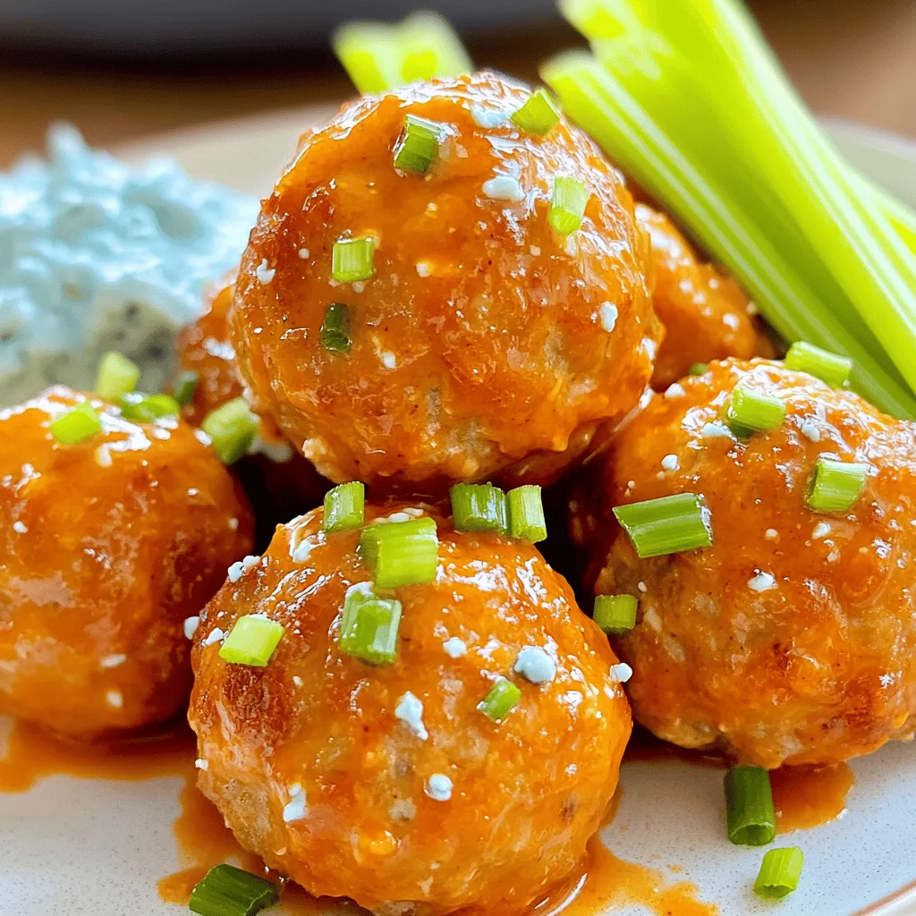 To make Buffalo chicken meatballs, gather the following simple ingredients: - 1 lb ground chicken - 1/2 cup breadcrumbs - 1/4 cup grated Parmesan cheese - 1/4 cup finely chopped green onions - 2 cloves garlic, minced - 1/4 cup Frank's RedHot sauce (or your favorite hot sauce) - 1 egg, beaten - 1 teaspoon onion powder - 1 teaspoon garlic powder - Salt and pepper to taste - 1 tablespoon olive oil (for frying) - Blue cheese or ranch dressing (for dipping) - Celery sticks (for serving) These ingredients combine to create tasty meatballs that pack a punch. Ground chicken gives the meatballs a lean base. Breadcrumbs add texture, while Parmesan cheese brings a rich flavor. Green onions and garlic add freshness and depth. Hot sauce gives that classic Buffalo kick. The egg helps hold everything together. Onion powder and garlic powder enhance the taste. Olive oil is key for frying, and salt and pepper balance the flavors. Finally, serve with blue cheese or ranch for dipping and crunchy celery sticks on the side. For the full recipe, follow the detailed instructions in the next section! First, you need to preheat your oven to 400°F (200°C). This step is key to getting your meatballs crispy and delicious. Next, prepare your baking sheet by lining it with parchment paper. This keeps the meatballs from sticking and makes cleanup easier. In a large bowl, combine the following ingredients: - 1 lb ground chicken - 1/2 cup breadcrumbs - 1/4 cup grated Parmesan cheese - 1/4 cup finely chopped green onions - 2 cloves garlic, minced - 1/4 cup Frank's RedHot sauce - 1 egg, beaten - 1 teaspoon onion powder - 1 teaspoon garlic powder - Salt and pepper to taste Mix these ingredients gently. You want everything combined, but don't overmix. Overmixing can make your meatballs tough. Now comes the fun part! Using your hands, form the chicken mixture into meatballs about 1 inch in size. Place them on your prepared baking sheet as you go. Heat a skillet over medium heat and add 1 tablespoon of olive oil. Once the oil is hot, sear the meatballs in batches. Cook them for about 3-4 minutes, turning until they are golden brown all over. They don’t need to be fully cooked yet; they will finish in the oven. After searing, transfer the meatballs back to the baking sheet. Drizzle the remaining hot sauce on top for extra flavor. Now, bake the meatballs in your preheated oven. Cook them for 15-20 minutes. You know they’re done when their internal temperature hits 165°F (75°C). Serve them hot with blue cheese or ranch dressing on the side for dipping. Celery sticks add a nice crunch too. Enjoy these tasty Buffalo chicken meatballs! For the full recipe, refer to the ingredients section above. To make great buffalo chicken meatballs, keep a few tips in mind. First, avoid overmixing your meatball mixture. If you mix too much, the meatballs can turn tough. You want a light touch to keep them tender. Use your hands to gently combine the ground chicken with the other ingredients. Next, use medium heat for searing. If your heat is too high, the outside may burn while the inside stays raw. Sear them for about 3-4 minutes until they are golden brown. This step adds flavor and a nice texture. For the best experience, pair your meatballs with blue cheese or ranch dressing. These creamy dips balance the heat from the hot sauce. You can also add celery sticks for extra crunch. The coolness of the celery complements the spicy meatballs perfectly. You can choose between oven and stovetop methods. Baking is easier and gives a nice finish. However, stovetop cooking allows for quick searing. If you're short on time, searing first and then finishing in the oven is a great plan. Both methods yield delicious meatballs, so pick what works best for you! {{image_2}} You can change the flavor of your Buffalo chicken meatballs in many ways. Try adding different spices or sauces for a unique twist. For example, you can use smoked paprika for a smoky taste or even honey for sweetness. If you like heat, add more hot sauce or pickled jalapeños to the mix. You can also use alternative meats. Ground turkey or lean beef can work well. Each meat gives a different flavor and texture. Experiment with your favorites to find the best fit for your taste. Making your meatballs diet-friendly is simple. For gluten-free options, swap breadcrumbs for ground oats or gluten-free breadcrumbs. These substitutes maintain the meatball's texture without gluten. If you're looking for low-calorie modifications, use less cheese or skip it entirely. You can also reduce the amount of olive oil when frying. These changes keep the dish light while still being tasty. Meal prep makes cooking easy and fun. You can make these meatballs in bulk to enjoy later. Simply double or triple the recipe and freeze the extras. Freezing cooked meatballs is easy. Let them cool first, then place them in a freezer-safe bag. This way, you can enjoy Buffalo chicken meatballs whenever you want. Just reheat them in the oven or microwave before serving. For the full recipe, check out the complete instructions above. After you enjoy your buffalo chicken meatballs, you can store the leftovers easily. First, let the meatballs cool down to room temperature. Then, place them in an airtight container. This keeps them fresh and prevents any odors from your fridge from mixing in. If you want to freeze them, wrap each meatball in plastic wrap. Then, put them in a freezer bag. This method helps to avoid freezer burn. Label the bag with the date so you know when you made them. Reheating buffalo chicken meatballs is simple. You want to keep them moist, so use the oven or a microwave. For the oven, preheat it to 350°F (175°C). Place the meatballs on a baking sheet and cover them with foil. Heat them for about 10-15 minutes. If you use a microwave, place the meatballs in a bowl. Cover them with a damp paper towel to keep them moist. Heat in short bursts of 30 seconds, checking them often. This way, you avoid drying them out. Buffalo chicken meatballs can last in the fridge for about 3-4 days. If you freeze them properly, they can stay good for up to 3 months. Just remember to check for any signs of freezer burn if they sit for a while. Always look for changes in color or texture before eating. Enjoy your delicious meal anytime! Yes, you can make buffalo chicken meatballs ahead of time. To do this, prepare the meatball mixture as outlined in the recipe. Form the meatballs and place them on a baking sheet. Cover the sheet with plastic wrap and store it in the fridge for up to 24 hours. If you want to keep them longer, freeze the raw meatballs. Place them in a freezer bag and use them within three months. When ready to cook, simply bake straight from frozen. This method saves time and makes meal prep easy! The best sauce for buffalo chicken meatballs is Frank's RedHot sauce. It has a great balance of heat and flavor. Other good options include Crystal Hot Sauce or your favorite wing sauce. These sauces add a nice kick and keep the meatballs juicy. You can also mix in some ranch dressing for a unique twist. To check if the meatballs are fully cooked, use a meat thermometer. The internal temperature should reach 165°F (75°C). This ensures they are safe to eat. If you don't have a thermometer, cut one open. It should be no longer pink in the center. Yes, you can bake the meatballs without searing them first. However, searing adds a nice brown crust and enhances the flavor. If you skip this step, the meatballs may be softer and less flavorful. Baking them straight will still yield tasty meatballs, but for the best results, I recommend the searing step. For the complete recipe, check [Full Recipe]. You now know how to make tasty buffalo chicken meatballs. We covered the key ingredients, step-by-step cooking, and helpful tips. Remember to adjust for your tastes with spices or sauces. Storing leftovers correctly keeps them fresh for later. Make these meatballs versatile and fun to serve, whether at a party or a quick dinner. Enjoy your cooking adventure and impress others with this simple recipe!