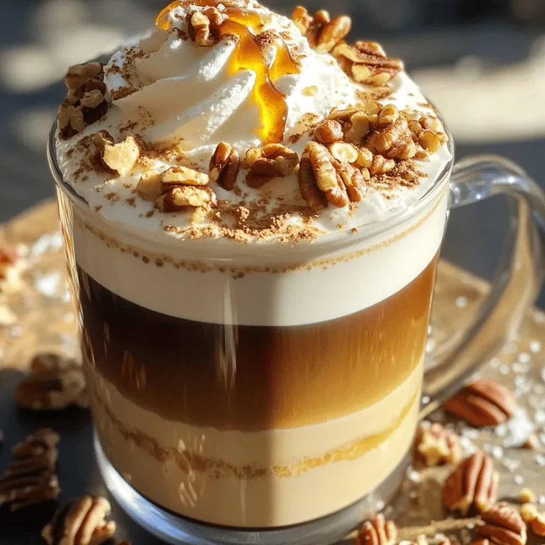 - 1 cup brewed strong coffee or espresso - 1 cup milk (dairy or non-dairy) - 2 tablespoons pure maple syrup - 1/4 teaspoon vanilla extract - 1/4 teaspoon ground cinnamon - A pinch of sea salt - Whipped cream - Chopped pecans - Extra maple syrup To make the perfect salted maple pecan latte, gather these ingredients. Start with one cup of brewed strong coffee or espresso. You can choose any milk you like, whether dairy or a non-dairy option. The milk adds creaminess. Next, grab two tablespoons of pure maple syrup for sweetness. For flavor, you will need some key seasonings. Use a small amount of vanilla extract and ground cinnamon. A tiny pinch of sea salt will enhance the taste. If you want to make your drink even more special, consider optional toppings. Whipped cream adds a nice touch. Chopped pecans give a crunchy bite. A drizzle of extra maple syrup can add sweetness on top. This recipe is simple but full of flavor. You can find the full recipe below to guide your cooking. To start, you need strong coffee or espresso. I recommend using a French press or espresso machine. Both methods give rich flavors. If you want a bolder taste, add more coffee beans. Use a good coffee-to-water ratio. A common mix is 1:15. This means one part coffee to fifteen parts water. Next, warm the milk. You can use dairy or any non-dairy option you like. Heat it in a small pot over medium heat. Stir it well and watch so it doesn’t boil. Once it's steaming, froth the milk. A frother works great, but a whisk will also do the job. Now, mix in two tablespoons of pure maple syrup. Add a splash of vanilla extract and a pinch of sea salt. Ground cinnamon adds warmth and spice. Now comes the fun part! In your favorite mug, pour in the brewed coffee or espresso. Carefully layer the frothed maple milk on top. Fill it almost to the rim. If you love whipped cream, add some on top. Then, sprinkle chopped pecans for crunch. Finally, drizzle extra maple syrup over the top. This adds sweetness and a nice touch to the drink. Enjoy your delightful Salted Maple Pecan Latte! For the full recipe, check out the details above. To create a rich froth, you can use a milk frother or a whisk. Heat your milk slowly to avoid boiling. If you don’t have a frother, whisking vigorously can work too. For a creamy texture, try whole milk or oat milk. Both froth well and give a nice taste. If you want a lighter option, almond milk is a good choice. Just know it may not froth as much. Maple syrup adds a nice sweetness to your drink. You can adjust it based on your taste. If you like it sweeter, add more syrup. If not, use less. You can also try flavored syrups like vanilla or caramel for a twist. These can give your latte a unique flavor and make it even more enjoyable. Choose a large mug or glass for serving. This allows room for the latte and toppings. For a delightful snack, pair your latte with a warm pastry or a cookie. A slice of pumpkin bread also goes well. These snacks complement your drink and make for a cozy time. For the full recipe, check out the details above. {{image_2}} You can make your Salted Maple Pecan Latte even more fun by adding flavors. Try mixing in some chocolate or caramel for a sweet twist. Just add one or two tablespoons of your favorite syrup to the milk mix. It gives the drink a rich, new flavor that many love. Another great idea is to use flavored coffee beans. You can find beans with hints of hazelnut, vanilla, or even chocolate. This small change can really boost your latte's taste and make each sip exciting. If you're watching your sugar, you can easily cut back. Try using less maple syrup. Start with one tablespoon and adjust to your taste. You can also swap out the milk for a dairy-free option, like almond or oat milk. These choices can lower calories while still tasting great. Plus, many non-dairy milks froth up nicely, giving you that creamy feel without the dairy. Seasonal flavors can really change your latte game. In the fall, add a pinch of nutmeg or pumpkin spice for a cozy vibe. You can mix these spices into the maple milk for a warm taste. During the holidays, consider adding peppermint extract or cinnamon for a festive flair. Just a drop of peppermint can make your drink feel like a winter treat. These seasonal twists keep your drink fresh and fun all year round. For the full recipe, check out the Salted Maple Pecan Latte details. To store brewed coffee, place it in an airtight container. Keep it in the fridge. It will stay fresh for up to three days. If you want to enjoy it later, heat it gently on the stove or in the microwave. Avoid boiling it, as that can change the taste. For keeping pecans fresh, store them in a sealed bag. Place them in the fridge or freezer. This will help them stay crunchy and tasty. Pecans last for several months when stored properly. You can make your Salted Maple Pecan Latte ahead of time. Brew the coffee and prepare the maple milk. Store both in separate containers in the fridge. When you want to enjoy it, just heat them up. Reheating tips: Heat the coffee first. Then, warm the maple milk. Mix them together for the best taste. Do not boil them, as this can alter the flavors. Maple syrup lasts a long time. If unopened, it can stay good for years. Once opened, store it in the fridge. It will last for about six months. Milk options vary in shelf life. Dairy milk lasts about a week after opening. Non-dairy milk can last longer, often up to ten days. Always check the expiration date on the carton to be sure. For the full recipe, refer to the Salted Maple Pecan Latte section. A Salted Maple Pecan Latte is a warm drink that mixes coffee with sweet maple and rich pecans. It has a creamy texture and a hint of salt. This drink became popular for its cozy flavors and festive feel. Many love it during fall or winter. It’s a delightful way to enjoy coffee with a twist. You can make one at home using the Full Recipe, or find it at coffee shops. To make a vegan-friendly Salted Maple Pecan Latte, swap the milk for a non-dairy option. Almond milk, oat milk, or coconut milk work well. You can also check if your maple syrup is pure and vegan. Skip the whipped cream or use a plant-based version. This way, you can enjoy the same rich flavors without dairy. Many cafes serve this delicious drink, especially during fall and winter. Look for local coffee shops that offer seasonal drinks. Chains like Starbucks often have it on their menu. You can also find pre-made versions at some grocery stores. Check the coffee aisle for ready-to-drink options that suit your taste. This blog post shared how to create a delightful Salted Maple Pecan Latte at home. We discussed key ingredients like strong coffee, milk options, and maple syrup. I gave step-by-step tips on brewing, frothing milk, and layering the drink. Don't forget the optional toppings for extra flair! You can mix it up with flavors or make healthier choices too. Enjoy this tasty drink any time of year and impress your friends with your skills. Experiment and find your perfect version. Happy brewing!