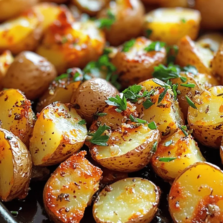 - 2 lbs baby potatoes, halved - 4 tablespoons olive oil - 4 cloves garlic, minced For this dish, I love using baby potatoes. They are small and tender, which makes them perfect for roasting. Halving them allows the edges to crisp up nicely. The olive oil is key for flavor and helps achieve that golden-brown color. Garlic adds a rich, savory taste that complements the potatoes beautifully. - 1 tablespoon fresh rosemary, chopped - 1 tablespoon fresh thyme, chopped - 1 teaspoon paprika Fresh herbs make a big difference here. Rosemary brings an earthy flavor, while thyme adds a hint of sweetness. Paprika adds warmth and a touch of spice, making this dish even more delightful. You can use dried herbs, but fresh ones truly shine in this recipe. - Fresh parsley for garnish - Salt and pepper to taste After roasting, I like to sprinkle fresh parsley on top. It adds a pop of color and freshness. Don’t forget to add salt and pepper to taste. This will enhance all the flavors and make each bite a treat. For a full recipe, check out the details above. First, set your oven to 425°F (220°C). This hot temperature helps make the potatoes crispy. Next, wash your baby potatoes well. Halve each potato to ensure even cooking. This step is key for the best texture. In a large bowl, toss the halved potatoes with the olive oil, minced garlic, chopped rosemary, and chopped thyme. Add paprika, salt, and pepper too. Mix well until all potatoes are coated. Use your hands for the best results. Spread the coated potatoes in a single layer on a baking sheet. Ensure they have space to crisp up. Roast them for about 25-30 minutes. Flip halfway through to cook evenly. The outside should be golden and crispy when done. For the full recipe, check the instructions above. To get that crispy exterior, start with dry potatoes. After washing, pat them dry with a towel. A dry surface helps the oil coat better. Use enough oil, but not too much. Four tablespoons for two pounds works well. Spread the potatoes out in a single layer on the baking sheet. If they touch, they will steam instead of crisp. Flip them halfway through roasting for even cooking. For extra flavor, you can try adding more herbs. Oregano and basil make great choices. You can also add some chili flakes for heat. If you love cheese, sprinkle some Parmesan on top before serving. This gives a nice savory touch. The key is to balance flavors, so taste as you go. Making this dish vegan is simple. Just ensure your ingredients are plant-based. Garlic and herbs are naturally vegan. For gluten-free options, check that your seasonings do not contain gluten. As for oil, olive oil is always a safe choice. This dish can easily fit many diets while still being delicious. Check the [Full Recipe] for more cooking details. {{image_2}} You can switch up your potatoes for fun. Use Yukon Gold or red potatoes. These varieties add their unique taste and texture. If you want a twist, try sweet potatoes. They bring a sweet flavor that pairs well with garlic. Each type of potato will change the dish a bit, so feel free to experiment. You can easily change the flavor of your garlic herb roasted potatoes. Adding cheese can make them creamy and rich. Try grated Parmesan or crumbled feta for a tasty twist. You can also swap herbs. Use oregano or basil if you want a different taste. Mixing in crushed red pepper flakes will add heat. These changes let you create a new dish each time. Garlic herb roasted potatoes pair well with many main dishes. They go nicely with roasted chicken or grilled steak. You can serve them alongside fish for a light meal. Try them with a fresh salad for a complete dish. The potatoes add a crispy texture that balances soft foods well. This versatility makes them a great side for any meal. After you enjoy your garlic herb roasted potatoes, store any leftovers properly. Let them cool first. Then, place them in an airtight container. You can keep them in the fridge for up to three days. This helps keep their flavor and texture. For best taste, try to eat them soon. When you want to enjoy them again, reheat the potatoes. The best way is to use an oven. Preheat it to 350°F (175°C). Spread the potatoes on a baking sheet. Heat them for about 10-15 minutes, until they are warm. This method keeps them crispy. You can also use a microwave, but they may lose some crunch. If you want to save some for later, you can freeze them. First, let the cooked potatoes cool. Then, spread them on a baking sheet in a single layer. Freeze them for about an hour. Once frozen, transfer them to a freezer bag. This way, they won't stick together. When you want to eat them, thaw in the fridge overnight before reheating. Garlic herb roasted potatoes last about 3 to 5 days in the fridge. Store them in an airtight container to keep them fresh. If you want to enjoy them longer, consider freezing them. Just make sure to cool them first. Yes, you can make garlic herb roasted potatoes ahead of time. Prepare the potatoes and coat them with oil and herbs. Store them in the fridge for up to 24 hours before roasting. When you’re ready, just pop them in the oven. Garlic herb roasted potatoes pair well with many dishes. They go great with grilled chicken, steak, or fish. You can also serve them with roasted vegetables for a full meal. Their flavor complements many proteins and adds texture to your plate. To make garlic herb roasted potatoes crispy, follow these tips: - Use high heat (425°F or 220°C) for roasting. - Spread the potatoes in a single layer on the baking sheet. - Flip them halfway through cooking for even browning. - Use enough olive oil to coat them well. This recipe is naturally vegetarian-friendly. To make it vegan, ensure that your ingredients do not contain any animal products. You can also add more veggies, like bell peppers or zucchini, for extra flavor and nutrients. The best potatoes for roasting are baby potatoes or Yukon Gold potatoes. They have a creamy texture and hold their shape well. Their thin skin also helps them get crispy when roasted, making them perfect for this recipe. For the full recipe, check the details above! Garlic herb roasted potatoes are a simple, tasty dish. We covered the main ingredients, like baby potatoes, olive oil, and herbs. You learned the steps to prepare and roast them perfectly. Think about different variations and storage tips for leftovers. These potatoes make a great side dish. Enjoy experimenting with flavors and share your creations! Delicious and easy, roasted potatoes can elevate any meal.