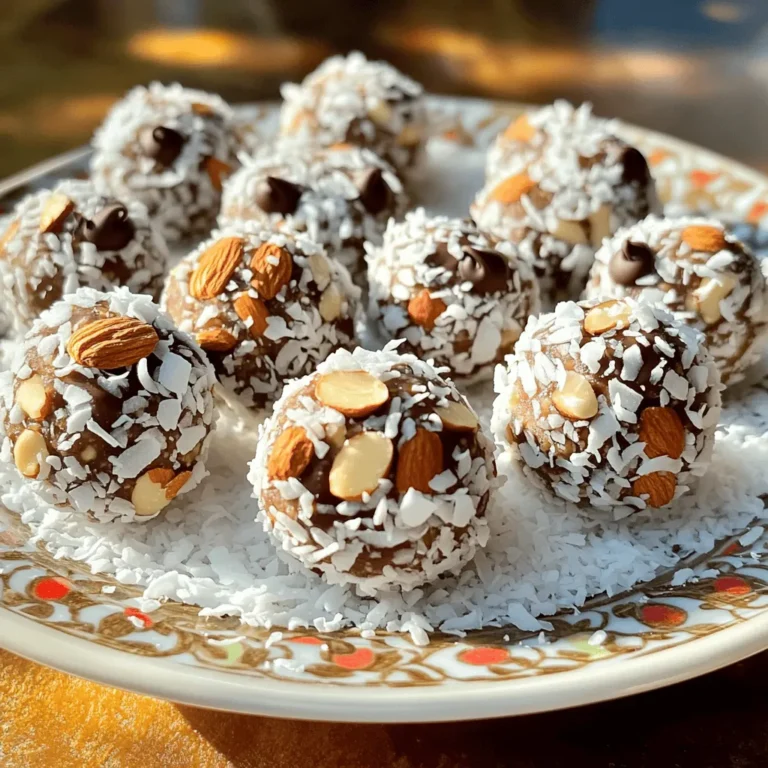 The Almond Joy Energy Bites are simple yet full of flavor. Here are the main ingredients: - 1 cup rolled oats - 1/2 cup almond butter - 1/4 cup honey or maple syrup - 1/2 cup shredded unsweetened coconut - 1/4 cup mini dark chocolate chips - 1/4 cup chopped almonds - 1/2 teaspoon vanilla extract - Pinch of salt These ingredients work together to create a tasty snack. Rolled oats provide fiber. Almond butter adds healthy fats. Honey or maple syrup gives sweetness. Coconut brings a tropical twist. Dark chocolate chips add a hint of indulgence. Chopped almonds boost the crunch factor. Vanilla extract enhances the overall flavor. A pinch of salt balances the sweetness. You can add other ingredients if you want to change things up. Here are some optional ingredients: - Chia seeds - Flaxseeds - Dried fruit like raisins or cranberries - Cinnamon or nutmeg for extra spice Including these can change the taste and texture. Chia seeds and flaxseeds add more fiber and omega-3s. Dried fruit brings natural sweetness. Spices can add warmth and depth. Each ingredient in the Almond Joy Energy Bites has its own health perks. Here’s what they offer: - Rolled oats: Great for digestion and energy. - Almond butter: Packed with protein and healthy fats. - Honey or maple syrup: Natural sweeteners with antioxidants. - Shredded coconut: Contains fiber and healthy fats. - Dark chocolate chips: Provide antioxidants and can boost mood. - Chopped almonds: Full of vitamins, minerals, and healthy fats. - Vanilla extract: May help reduce stress. - Salt: Helps with hydration and balances flavors. These bites are not only tasty but also good for you. They provide energy and nutrients to keep you fueled. For the complete recipe, check out the Full Recipe. To start, gather all your ingredients. You will need rolled oats, almond butter, honey or maple syrup, shredded coconut, mini dark chocolate chips, chopped almonds, vanilla extract, and a pinch of salt. In a medium bowl, combine the rolled oats, almond butter, and honey. Stir until it looks smooth and mixed. Next, add in the shredded coconut, chocolate chips, chopped almonds, vanilla, and salt. Mix again until everything is combined well. When mixing, use a sturdy spoon or spatula. This helps blend all the thick ingredients. If the mixture feels too sticky, wet your hands slightly before rolling. Aim to create small balls, about one inch wide. This size is perfect for snacking. Make sure to press firmly to hold the mixture together. If they crumble, just roll them tighter. After rolling, lay the bites on a parchment-lined tray or plate. This keeps them from sticking. Refrigerate them for about 30 minutes. This helps the bites firm up. Once they feel set, you can enjoy them right away, or store them in an airtight container. You can keep them refrigerated for a week or freeze them for later. For the full recipe, follow the steps outlined above. To get the best texture for your energy bites, use fresh ingredients. Rolled oats should be whole, not ground. Almond butter must be creamy, not too thick. If the mixture feels dry, add a touch of honey or maple syrup. This will help bind the bites better. Chilling the mixture for 30 minutes is key. It makes rolling easier and keeps them firm. You can change the flavor of your energy bites easily. Add a pinch of cinnamon for warmth. Try swapping mini dark chocolate chips with white chocolate for a sweet twist. You can also mix in dried fruits like cranberries or raisins for extra chewiness. If you want crunch, throw in some sunflower seeds. Each change can make a new flavor. One mistake is not chilling the mixture long enough. If you skip this step, the bites may fall apart. Another common error is using too much almond butter. This can make the bites too sticky. Lastly, don't skip the salt. A pinch enhances all the flavors in the recipe. Being mindful of these tips will make your Almond Joy energy bites perfect every time. {{image_2}} You can change the flavor of your Almond Joy energy bites. Try adding a splash of orange zest for a citrus twist. A sprinkle of cinnamon can bring warmth to the taste. For a nutty flavor, swap in some peanut butter instead of almond butter. If you have nut allergies, use sunbutter or pumpkin seed butter. For those who avoid honey, maple syrup works well as a sweetener. You can also replace chocolate chips with dried fruit like raisins or cranberries for a different treat. To make these bites vegan, simply use maple syrup instead of honey. For a gluten-free option, ensure your oats are certified gluten-free. These simple swaps keep the recipe delicious while fitting different diets. Check out the Full Recipe to see how to make these tasty treats! To keep your Almond Joy Energy Bites fresh, store them in an airtight container. Place the container in the fridge for best results. This helps maintain the flavor and texture. If you plan to eat them within a week, this method works great. Freezing is a smart way to keep these treats longer. After making the bites, let them cool. Then, place them on a baking sheet in a single layer. Freeze them for about an hour. Once they are firm, transfer the bites to a freezer bag. Remember to label the bag with the date. Almond Joy Energy Bites last up to one week in the fridge. In the freezer, they can stay good for about three months. Check for any off smells or changes in texture. If they look dry or hard, it's best to toss them. Enjoy your delicious bites while they are fresh! You can use peanut butter or sun butter. These options work well and add flavor. If you need a nut-free choice, sun butter is a great pick, too. Both options keep the bites creamy and tasty. Almond Joy energy bites last up to one week in the fridge. Store them in an airtight container to keep them fresh. If you want them to last longer, consider freezing them for up to three months. Yes, you can add protein powder to the mix. Just use one scoop when blending the ingredients. This addition boosts the protein without changing the taste much. You could also include seeds like chia or hemp for extra protein and crunch. Yes, refrigerating Almond Joy energy bites keeps them firm and fresh. It also helps blend the flavors better. For best results, chill them for about 30 minutes after rolling into bites. In this blog post, I shared how to make Almond Joy Energy Bites. We explored key ingredients, preparation steps, and storage tips. I also discussed variations and ways to customize your bites for your taste. These snacks are easy to make and packed with nutrition. Feel free to change flavors or ingredients to suit your needs. Enjoy your delicious, energizing bites!