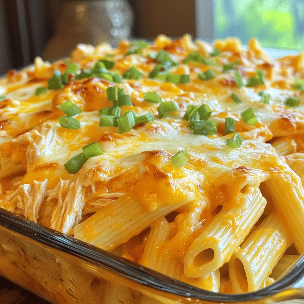 When making Buffalo Chicken Pasta Bake, you need to gather the right ingredients. Here’s what you will use: - 2 cups uncooked penne pasta - 2 cups cooked shredded chicken - 1 cup buffalo sauce - 1 cup cream cheese - 1 cup shredded mozzarella cheese - 1 cup shredded cheddar cheese - 1/2 cup ranch dressing - 1/2 cup chopped green onions - 1 teaspoon garlic powder - 1 teaspoon onion powder - Salt and pepper to taste These ingredients create a creamy, spicy mix that brings joy to the table. You can adjust the level of buffalo sauce based on your family's taste. If you want it milder, use less sauce. If you like it hot, go wild! Each ingredient plays a key role. The pasta is the base, holding everything together. The chicken adds protein and heartiness. Cream cheese creates a rich texture, while mozzarella and cheddar give that gooey, melty goodness. Ranch dressing adds a creamy touch, and the spices bring out the flavors. Do not forget to check out the Full Recipe to follow each step for a perfect bake! - Preheat the oven to 350°F (175°C). - Cook the penne pasta until al dente and set aside. First, I always start by preheating my oven. This way, it is hot and ready when I need it. Next, I boil a pot of water and add the penne pasta. Cook it until it's al dente. This means it should be firm yet tender. Once done, drain the pasta and set it aside. This will be the base of our dish. - Combine the chicken, buffalo sauce, cream cheese, ranch dressing, and spices. In a large mixing bowl, I combine the cooked shredded chicken with buffalo sauce. You can choose mild or spicy sauce based on your taste. Then, I add softened cream cheese and ranch dressing. The cream cheese makes it creamy and rich. Next, I sprinkle in garlic powder, onion powder, salt, and pepper. I mix all the ingredients until they blend well. This creates a flavorful sauce that coats the pasta later. - Layer the pasta mixture and cheese in the baking dish. Now, it’s time to assemble the dish. In a greased baking dish, I spread half of the pasta and chicken mixture. Then, I sprinkle half of the shredded mozzarella and cheddar cheese over the top. This adds a nice cheesy layer. I repeat this step with the remaining pasta mixture and top it off with the rest of the cheese. - Cover with foil and bake, then uncover to finish the cooking. To bake, I cover the dish with foil. This helps everything cook evenly. I bake it for about 20 minutes. After that, I remove the foil and bake for an additional 10 minutes. This step lets the cheese get bubbly and golden brown. After baking, let it sit for 5 minutes before serving. This dish is now hot, cheesy, and ready to enjoy. For the full recipe, check out the complete details above! To cook pasta just right, start with plenty of salted water. Use about 1 tablespoon of salt per quart. Bring the water to a boil before adding the penne. Cook it until it’s al dente, which means it should still have a little bite. This helps the pasta hold up in the bake. To prevent cheese from burning, cover the dish with foil during the first part of baking. This keeps the heat in and helps melt the cheese without it browning too fast. Remove the foil for the last 10 minutes. This way, you get that nice, bubbly, golden top. When serving Buffalo Chicken Pasta Bake, you can choose to leave it in the baking dish. This makes it easy for everyone to serve themselves. For a fancier touch, transfer it to a large platter. To make it even more appealing, garnish with extra green onions. A drizzle of ranch dressing on top adds a nice touch. It brings out the flavors and makes the dish look inviting. These small details can turn a simple meal into a feast. Feel free to check out the Full Recipe for more details on making this dish special. {{image_2}} You can switch up the pasta for a fun twist. Instead of penne, try rotini or fusilli. These shapes hold sauce well and add a nice texture. You can even use whole wheat or gluten-free pasta if you want. For proteins, rotisserie chicken works great. It saves time and adds a nice flavor. You can also use tofu for a vegetarian option. Just make sure to press and drain it well before cooking. Want to boost nutrition? Add veggies! Spinach, bell peppers, or broccoli mix nicely into the dish. They add color and taste without overpowering it. If you're feeling adventurous, switch up the sauce too. BBQ sauce gives a sweet flavor, while teriyaki adds a savory twist. Just remember, balance the flavors so they blend well with the chicken and cheese. For more ideas, check the Full Recipe for the base dish. It’s a great starting point for your own creations! To keep your Buffalo Chicken Pasta Bake fresh, use an airtight container. Glass or plastic containers both work well. Let the dish cool down before sealing it. You can store it in the fridge for up to three days. If you want to keep it longer, consider freezing it. Wrap the dish tightly with plastic wrap, then foil. This will help prevent freezer burn. Frozen leftovers can last for up to three months. To reheat your Buffalo Chicken Pasta Bake, you have two good options: the oven or the microwave. For the oven, preheat it to 350°F (175°C). Place the dish in the oven, covered with foil, for about 20 minutes. This keeps the dish moist. If you use the microwave, heat it in short bursts. Start with one minute and check if it’s hot. Stir it halfway through to keep it even. To stop the dish from drying out, add a little cream or broth before reheating. This will keep it creamy and delicious. Enjoy your meal again without losing flavor! Can I use store-bought shredded chicken? Yes, using store-bought shredded chicken saves time. It works well and tastes great. Just make sure it’s cooked and seasoned. How can I make this dish gluten-free? To make it gluten-free, use gluten-free penne pasta. Check your buffalo sauce and ranch dressing for gluten-free labels. Can I prepare this in advance? You can prepare this dish ahead of time. Mix the ingredients and store them in the fridge. Bake it when you're ready. What to serve with Buffalo Chicken Pasta Bake? Pair this pasta bake with a fresh salad or garlic bread. They balance the flavors and add freshness. How to adjust for serving larger groups? To serve more people, double the recipe. Use a larger baking dish and adjust the cooking time as needed. Can I add more spices for extra heat? Yes, if you like heat, add more buffalo sauce or cayenne pepper. Adjust it to your taste. What is the best way to store and reheat leftovers? Store leftovers in an airtight container in the fridge. Reheat in the oven or microwave until hot. Add a splash of water to keep it moist. You now know how to make a delicious Buffalo Chicken Pasta Bake. With easy steps, tasty ingredients, and tips for storage, this dish is sure to impress. You can also make it your own with fun variations and flavors. Remember, cooking is all about creativity. So, have fun and enjoy every bite of your meal!