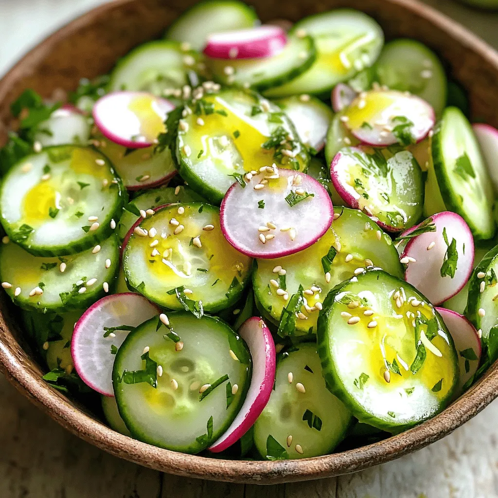 To make a fresh and tasty cucumber radish salad, gather these main ingredients: - 2 medium cucumbers, thinly sliced - 1 bunch of radishes, thinly sliced - 1/4 cup red onion, finely chopped - 1/4 cup fresh parsley, chopped These ingredients bring crunch and flavor to the salad. Cucumbers add a cool bite. Radishes give a spicy kick. Onions add zest, and parsley brings freshness. You can add some optional ingredients for more taste: - 2 tablespoons olive oil - 2 tablespoons apple cider vinegar - 1 teaspoon honey (optional) - Salt and pepper to taste - 1 teaspoon sesame seeds (for garnish) These extra ingredients help create a delightful dressing. Olive oil and vinegar mix well to balance flavors. Honey can sweeten the dressing if you want. Salt and pepper enhance the taste even more. You will need some basic kitchen tools to make this salad: - A large mixing bowl - A cutting board - A sharp knife - A small whisk or fork for mixing the dressing Having these tools ready will help you prepare the salad easily. A sharp knife makes slicing the veggies quick. A mixing bowl keeps everything in one place. Start by washing your cucumbers and radishes. Clean them well to remove any dirt. Slice the cucumbers thinly. Use a sharp knife for clean cuts. Next, take the radishes and slice them thin too. Thin slices make the salad light and crisp. Chop the red onion finely. This adds a nice bite. Finally, chop the parsley. Fresh herbs will brighten the dish. In a small bowl, combine olive oil and apple cider vinegar. Whisk these two together until they blend well. If you like a touch of sweetness, add honey. Mix in salt and pepper to taste. Adjust the seasoning as you like. This dressing brings all the flavors together. In a large bowl, combine the sliced cucumbers, radishes, red onion, and chopped parsley. Pour the dressing over the salad mix. Toss everything gently to coat. Let the salad sit for about 10 minutes. This helps the flavors mix. Before serving, sprinkle sesame seeds on top. They add a nice crunch. Enjoy your fresh and flavorful cucumber radish salad! For the complete details, check out the Full Recipe. When choosing cucumbers, look for firm ones. They should feel heavy for their size. The skin should be dark green and smooth. Avoid any with soft spots or wrinkles. For radishes, pick ones that are bright and firm. Their tops should be fresh and green, not wilted. Smaller radishes often have a milder taste. Toss your salad gently to keep the veggies crisp. Use a large bowl for easy mixing. Always add the dressing just before serving. This helps keep the cucumbers and radishes crunchy. If you let it sit too long, the salad can become soggy. Start with a basic seasoning of salt and pepper. You can add more flavor with fresh herbs like parsley. A splash of lemon juice or lime juice can brighten the taste. For a sweet touch, mix in a little honey. Try different oils for unique flavors. Olive oil is classic, but sesame oil adds a nice twist. You can find the full recipe [here]. {{image_2}} You can add protein to the salad for a hearty meal. Chickpeas bring a nice texture and flavor. They add healthy fiber and protein. Feta cheese crumbles are another great choice. They add creaminess and a salty kick. Grilled chicken slices give a satisfying taste. Choose any of these options to boost nutrition. Do you like spicy food? Adding jalapeños is a fun twist. Slice them thinly and mix them in. They add heat and zest to the salad. Start with a small amount. You can always add more if you want extra spice. This change makes the salad exciting and bold. Fruits can make the salad more interesting. Diced apples or pears add sweetness and crunch. They pair well with the cool cucumber and radish. Choose crisp varieties for the best texture. You can try this in fall or summer for a fresh touch. This twist brightens up the dish and makes it unique. For the full recipe, check out the details above! To keep your Cucumber Radish Salad fresh, store it in the fridge right away. Use an airtight container to avoid any loss of flavor. This salad stays good for up to two days. If you notice excess water, drain it before serving again. To keep cucumbers and radishes crisp, store them separately. Wrap cucumbers in a paper towel and place them in a plastic bag. For radishes, keep them in a sealed container with a damp paper towel. This method helps maintain their crunch and flavor. Glass containers work best for storing salads. They do not stain and are easy to clean. Look for containers with tight seals to keep air out. If you prefer plastic, choose BPA-free options. Avoid using metal containers, as they can alter the taste of the salad. To prepare cucumbers for salad, wash them well. Use a knife to slice them thinly. Thin slices help the cucumbers mix well with other ingredients. You can peel them if you want, but the skin adds color and crunch. I like to keep the skin on for extra flavor and nutrients. Yes, you can make Cucumber Radish Salad in advance. The salad tastes great after resting in the fridge. It lets the flavors blend together. However, I suggest adding the dressing just before serving. This keeps the cucumbers and radishes crisp. If you mix in the dressing too soon, the veggies may get soggy. This salad pairs well with many dishes. Try it with grilled chicken or fish for a light meal. It also goes nicely with tacos or wraps. If you want a vegetarian option, serve it with hummus and pita. The fresh taste of the salad balances rich flavors in other dishes. In this blog post, we explored how to make a delicious cucumber radish salad. We covered essential ingredients, step-by-step instructions, and helpful tips. We also looked at tasty variations and smart storage methods. Embrace this simple dish in your meals. It’s fresh, easy, and fun to make. Experiment with flavors and enjoy the crunch. With these tips, you can create a salad that stands out. Now, go ahead and make your own tasty version!