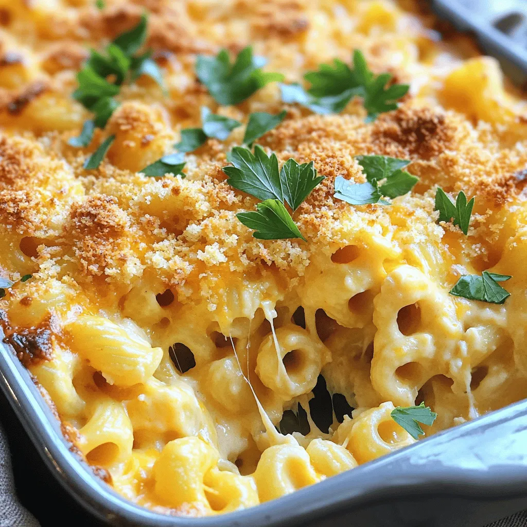 - 8 oz elbow macaroni - 2 cups shredded sharp cheddar cheese - 1 cup shredded mozzarella cheese - 1/2 cup grated Parmesan cheese - 2 cups milk - 1/4 cup unsalted butter - 1/4 cup all-purpose flour - 1/2 teaspoon garlic powder - 1/2 teaspoon onion powder - 1 teaspoon Dijon mustard - Salt and pepper to taste - 1 cup breadcrumbs (optional, for topping) - 2 tablespoons chopped parsley (for garnish) To make easy baked macaroni and cheese, start with the main ingredients. The elbow macaroni forms the base, while sharp cheddar, mozzarella, and Parmesan provide rich flavors. Milk adds creaminess to the sauce, making each bite irresistible. Next, gather your additional ingredients. Butter and flour create a roux. This roux thickens the cheese sauce and gives it a smooth texture. Garlic powder and onion powder add depth to the flavor, while Dijon mustard brings a hint of tang. Finally, the seasoning and garnish complete your dish. Salt and pepper enhance the taste, while breadcrumbs add a crunchy topping. Chopped parsley adds a touch of color and freshness. For the full recipe, check out the complete guide to making this creamy comfort food! - Preheat oven to 350°F (175°C). - Cook elbow macaroni until al dente. Start by preheating your oven. This step ensures even cooking. While the oven warms up, boil a large pot of salted water. Add the elbow macaroni and cook until it's slightly firm. This is called al dente. It keeps the pasta from getting mushy later. Drain the pasta and set it aside. - Create roux with butter and flour. - Gradually add milk and seasonings. - Melt cheeses into the sauce. Next, we make the cheese sauce. In a medium saucepan, melt the butter over medium heat. Once melted, add the flour. Stir it for one to two minutes. This mix is called a roux. It helps thicken the sauce. Slowly whisk in the milk. Keep stirring until the sauce is smooth. Cook for about five to seven minutes until it thickens. Now, add garlic powder, onion powder, and Dijon mustard. Stir in the cheddar, mozzarella, and Parmesan cheeses. Mix until all the cheese melts into a creamy sauce. - Mix macaroni with cheese sauce. - Transfer to baking dish and add breadcrumbs. - Bake until bubbly and golden brown. Now, take a large mixing bowl. Combine the cooked macaroni with the cheese sauce. Make sure every piece of pasta gets covered. Pour this into a greased 9x13 inch baking dish. If you want a crunchy topping, sprinkle breadcrumbs over the top. Finally, bake this in the oven for 20 to 25 minutes. When it’s done, the cheese should be bubbly and golden brown. This dish is so creamy and comforting, you’ll want to make it again and again. For the full recipe, check out the details above. To make a creamy cheese sauce, start with a good roux. Mix equal parts of butter and flour. Whisk them together over medium heat until it turns light brown. Slowly add milk while whisking. This helps keep the sauce smooth. Cook it until it thickens, about five to seven minutes. To avoid clumps, make sure your cheese is at room temperature. Add it gradually to the hot sauce, stirring well. If you see any lumps, keep whisking. Use a fine mesh strainer to remove them if needed. You can add fun ingredients to your mac and cheese. Try mixing in steamed broccoli or cooked bacon. These extras give it new flavors and textures. For cheese, I love using a mix of sharp cheddar and mozzarella. You can also try gouda or pepper jack for a kick. Combining different cheeses adds depth to the dish. For a pretty presentation, serve your baked mac and cheese in bowls. Top each bowl with a sprinkle of extra cheese and parsley. This adds color and makes it look more inviting. Pair it with a simple salad or some steamed veggies. This gives a nice balance to the cheesy dish. For the full recipe, check out Cheesy Delight Baked Mac & Cheese. {{image_2}} Baked macaroni and cheese is a dish that allows for creative twists. You can mix it up to suit your taste or dietary needs. One classic style is Southern-style baked macaroni and cheese. This version uses rich, creamy cheese and often includes a crusty topping. You can add different cheese varieties too. Mixing sharp cheddar with gouda or pepper jack creates a fun flavor. Each cheese brings its own taste and texture, making your dish unique. If you want a lighter dish, consider using whole grain pasta. It adds fiber and nutrients. You can also switch to low-fat cheese and milk options. These changes keep the dish creamy while cutting back on fat. You won’t lose the comfort, just a bit of guilt. For vegetarian options, think about adding vegetables. Spinach, broccoli, or tomatoes boost nutrition and color. They make the dish more filling and fun. If you're vegan, use plant-based cheese and milk. These substitutes work well and keep your meal tasty. You can enjoy a classic dish without dairy. For even more ideas, check out the Full Recipe to create your perfect baked mac and cheese! To store leftovers, let the macaroni cool first. Place it in an airtight container. You can keep it in the fridge for about 3 to 5 days. For the best taste, eat it within the first 2 days. To freeze baked macaroni and cheese, follow these steps: - Cool completely: Let it cool down to room temperature. - Portion it out: Divide into single servings for easy use. - Wrap tightly: Use plastic wrap and then aluminum foil to seal. - Label and freeze: Mark the date on the package. It stays fresh for about 2 to 3 months. When you are ready to eat, thaw it overnight in the fridge. Reheat it in the oven for best results. To maintain texture when reheating, use the oven. Preheat it to 350°F (175°C). Place the macaroni in a baking dish. Add a splash of milk to keep it moist. Cover with foil to prevent drying out. Bake for about 20 minutes. Avoid using the microwave if possible. It can make the pasta gummy. If you must use it, heat in short bursts. Stir often to help it warm evenly. To make your baked macaroni and cheese creamier, start with a good cheese blend. I love using sharp cheddar, mozzarella, and Parmesan. Each brings a unique flavor and creaminess. You can also add more milk or cream to the cheese sauce. This helps keep it smooth and rich. Another trick is to mix in some cream cheese or sour cream. Both add extra creaminess that melts well. Yes, you can make this dish ahead of time. Cook the macaroni and cheese, then let it cool. Cover it well and store it in the fridge. You can keep it for up to two days before baking. When you’re ready to bake, let it sit out for a bit. This helps it warm up slightly. You can then bake it as you normally would. Just make sure to check the center is hot before serving. For the best flavor, I recommend using a mix of cheeses. Sharp cheddar gives a nice bite. Mozzarella adds stretch and creaminess. Parmesan adds depth and a bit of saltiness. You can also try gouda or fontina for a twist. These cheeses melt well and bring rich flavors. Baked macaroni and cheese pairs well with many sides. A fresh green salad adds crunch and brightness. You can also serve it with steamed broccoli or green beans for a healthy touch. For a heartier meal, try serving it with grilled chicken or roasted vegetables. These options balance the richness of the macaroni and cheese. Bake your macaroni and cheese for 20 to 25 minutes at 350°F (175°C). Look for bubbly cheese and a golden crust on top. This shows it’s ready to enjoy! If you like it extra crispy, you can bake it a bit longer. Just keep an eye on it to avoid burning. In this blog post, we covered the key ingredients and steps to make baked macaroni and cheese. You learned about the right cheeses, how to create a great cheese sauce, and how to bake the dish to perfection. We also shared tips for making it creamier and variations to suit different diets. Whether you choose a classic recipe or opt for healthier alternatives, baked macaroni and cheese is always a crowd-pleaser. Enjoy experimenting with flavors and sharing this comforting dish with others. Happy cooking!