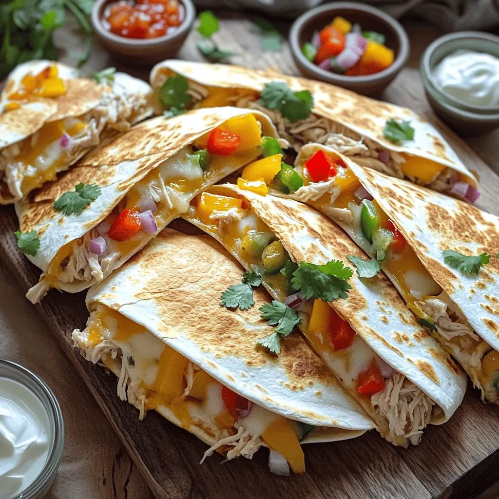 To make easy chicken quesadillas, gather these ingredients: - 2 cups cooked chicken, shredded (rotisserie chicken works great) - 1 cup shredded cheese (Mexican blend or cheddar) - 1/2 cup bell peppers, diced (any color) - 1/2 cup red onion, finely chopped - 1/4 cup fresh cilantro, chopped (optional) - 1 tablespoon taco seasoning - 4 large flour tortillas - 2 tablespoons olive oil - Salsa and sour cream for serving These ingredients create a tasty base for your dish. The chicken adds protein, while the cheese brings creaminess. You can enjoy this meal in just 20 minutes! You can switch up the flavors with these optional ingredients: - Black beans for added fiber - Corn for sweetness and crunch - Jalapeños for a spicy kick - Avocado for creaminess Feel free to mix and match these items. This way, you can make the quesadillas your own. Choosing the right cheese makes a big difference. Here are some great options: - Cheddar for a sharp flavor - Monterey Jack for creaminess - Pepper Jack for extra heat - Mozzarella for a stretchy texture Each cheese brings its unique taste. Experiment to find your favorite blend. The Full Recipe has more details for you to follow. Start by gathering your ingredients. You need cooked chicken, cheese, bell peppers, onion, cilantro, and taco seasoning. I like to use rotisserie chicken for ease. In a large bowl, mix the shredded chicken with cheese. Add the diced bell peppers and chopped onion. If you enjoy cilantro, toss that in too. Sprinkle in the taco seasoning for flavor. Use a spoon to combine everything well. This mixture is the heart of your quesadilla. Next, heat a skillet over medium heat. Pour in one tablespoon of olive oil. Once hot, place a tortilla in the skillet. On one half of the tortilla, add about half of your chicken mixture. Now, fold the tortilla in half, making a semi-circle. Cook for 3-4 minutes until it turns golden brown. Gently flip the quesadilla and cook the other side for another 3-4 minutes. You want the cheese to melt and the tortilla to be crispy. When done, take the quesadilla out of the skillet and repeat with the rest. Slice each quesadilla into wedges. Arrange them on a plate for a nice look. Serve warm with salsa and sour cream on the side. You can sprinkle extra cilantro for color. For a fun twist, you might add a squeeze of lime juice on top. This adds freshness and flavor. Enjoy your easy chicken quesadillas, and feel free to explore the Full Recipe for more details! To get a crispy quesadilla, use enough oil. I recommend 1 tablespoon for each quesadilla. Heat your skillet before adding the oil. This helps the tortilla crisp up fast. Cook on medium heat for even browning. Flip it carefully to avoid spills. A skillet works great for quesadillas. It heats evenly and gives a nice sear. A griddle can cook more at once if you have a crowd. Just remember, the heat should stay medium. If it’s too high, the outside burns before the cheese melts. Prep your ingredients ahead of time. Shred the chicken and chop the veggies first. This cuts down on cooking time. Use rotisserie chicken for quick meals. Store your chopped items in the fridge. This way, they are ready to go when you want to cook. {{image_2}} Feel free to mix in more veggies. Spinach, mushrooms, or zucchini add great flavor and color. You can also add proteins like black beans or shrimp for a twist. These options make your quesadillas more filling and fun. Just chop them small and toss them in the chicken mix. Cheese is key for a tasty quesadilla. While I love a Mexican blend, you can try pepper jack for a spicy kick. Mozzarella makes it stretchy and gooey, while feta adds a sharp taste. Mix and match cheeses to find your favorite combo. This lets you create your own flavor adventure. If you need gluten-free options, use corn tortillas instead of flour ones. They work well and keep the taste great. For lower carbs, you can try lettuce wraps or even portobello mushrooms as a base. These swaps keep your meal light and healthy without losing flavor. After enjoying your cheesy chicken delight quesadillas, store any leftovers in an airtight container. Make sure they are cooled down first to avoid steam buildup. Layer parchment paper between quesadillas to keep them from sticking together. This way, you can enjoy them later without any hassle. To reheat your quesadillas, use a skillet for the best texture. Heat the skillet over medium heat, then add the quesadilla. Cook for about 2-3 minutes on each side. This keeps the tortilla crispy while melting the cheese. You can also use an oven. Preheat it to 350°F (175°C) and place the quesadilla on a baking sheet. Bake for about 10 minutes. This method is great for multiple quesadillas at once. If you want to keep quesadillas for longer, freezing is a good option. First, let them cool completely. Wrap each quesadilla in plastic wrap, then place them in a freezer bag. This prevents freezer burn. They will last for up to three months in the freezer. When you’re ready to eat, just thaw them overnight in the fridge before reheating. Trust me, this method keeps the quesadillas tasty. The best way to reheat quesadillas is in a skillet. Heat a non-stick skillet over medium heat. Place the quesadilla in the skillet. Cook for about 2-3 minutes on each side. This method keeps the tortilla crispy and the cheese melty. You can also use an oven at 350°F for about 10 minutes. Cover the quesadilla with foil to keep it from drying out. Yes, you can make chicken quesadillas ahead of time. Prepare the filling and assemble the quesadillas. Store them in the fridge for up to 24 hours before cooking. When ready to eat, just cook them in the skillet as usual. If you want to freeze them, wrap each quesadilla tightly in plastic wrap. They can last in the freezer for about a month. To prevent soggy quesadillas, make sure to use dry filling. Drain any excess moisture from vegetables. Avoid overloading the quesadilla with too much filling. Cook them on medium heat, so the tortillas crisp up nicely. Also, don’t cover the skillet while cooking. This keeps steam from making the tortillas soggy. Use the full recipe for best results! This blog post covers everything you need for delicious chicken quesadillas. We explored essential ingredients and ways to customize your dish. I shared step-by-step cooking instructions to make preparation easy. Tips on achieving that perfect crisp and efficient cooking will save you time. We also discussed various tasty variations and smart storage methods for leftovers. You now have the tools to make great quesadillas. Enjoy making this dish your own!