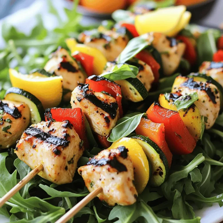 - 1 pound boneless, skinless chicken breast, cut into 1-inch cubes - 1/4 cup fresh basil leaves, finely chopped - Zest and juice of 1 large lemon The chicken breast forms the base of this dish. Choose fresh, quality meat for the best taste. Fresh basil adds a fragrant touch. The zesty lemon brings brightness and balance. - 2 tablespoons olive oil - 1 teaspoon honey - 2 cloves garlic, minced - Salt and pepper to taste The marinade is key to juicy chicken. Olive oil keeps the meat moist. Honey adds a sweet note that balances the lemon. Garlic gives depth and a savory kick. Salt and pepper enhance all the flavors. - 1 red bell pepper, cut into 1-inch pieces - 1 zucchini, sliced into rounds - Skewers (soaked in water if using wooden skewers) Feel free to add colorful veggies. Red bell pepper gives crunch and sweetness. Zucchini adds a tender bite. Soaking wooden skewers prevents burning on the grill. For a twist, try different skewers like metal or bamboo. For the full recipe, check the details provided earlier. To make the marinade, start by mixing these ingredients in a bowl: - 2 tablespoons olive oil - Zest and juice of 1 large lemon - 2 cloves garlic, minced - 1/4 cup fresh basil leaves, finely chopped - 1 teaspoon honey - Salt and pepper to taste Stir until smooth. This mix brings a bright, fresh taste. Next, add 1 pound of cubed chicken breast. Make sure each piece gets a good coat of marinade. Cover the bowl and place it in the fridge. I recommend marinating for at least 30 minutes. If you have time, let it sit for up to 2 hours for deeper flavor. Now, it’s time to thread the chicken and veggies onto skewers. Use wooden skewers soaked in water for about 30 minutes to prevent burning. Take the marinated chicken and alternate it with red bell pepper pieces and zucchini rounds. Leave a bit of space between each piece. This helps them cook evenly. If you pack them too tight, they may not grill well. Before grilling, preheat your grill to medium-high heat. This step is key for a nice sear. Once hot, place the skewers on the grill. Cook for about 10-12 minutes. Turn them a few times during cooking. You want those lovely grill marks! Check the chicken’s internal temperature. It should reach 165°F (75°C) for safety. After grilling, let the skewers rest for a couple of minutes. Enjoy these Lemon Basil Chicken Skewers as a juicy delight! For the complete recipe, refer to the Full Recipe section. To add more flavor to your Lemon Basil Chicken Skewers, try different marinades. You can mix in yogurt for creaminess or use soy sauce for a savory kick. Adding a pinch of red pepper flakes can spice things up, too. The best marination time is between 30 minutes to 2 hours. This gives the chicken enough time to soak up those zesty flavors. If you have time, marinate overnight for a deeper taste. Avoid common grilling mistakes by preheating your grill. A hot grill helps seal in juices and gives nice grill marks. Make sure to leave space between each piece on the skewer. This allows for even cooking and prevents steaming. To achieve juicy chicken, avoid flipping the skewers too often. Let them cook on one side before turning. This gives a nice char while keeping the inside moist. For a stunning presentation, serve the skewers on a bed of arugula or mixed greens. Garnish with fresh basil leaves and lemon wedges to add color. Pair your skewers with sides like a light salad, grilled corn, or a creamy dip like tzatziki. These options complement the bright flavors of the chicken and the herbs, making your meal a hit. For the complete recipe, check out the Full Recipe section. {{image_2}} You can switch up the protein in your skewers for fun. Shrimp works great with the lemon and basil. Just marinate the shrimp for a short time, about 15 to 20 minutes. Tofu is a great option too. Use firm tofu and press it to remove excess water. Cut it into cubes, then marinate like the chicken. You can also use beef or pork. Cut them into equal pieces, and remember to adjust cooking times for each protein. Lemon and basil give a fresh taste, but you can play with flavors. Try mixing in other herbs like thyme or oregano. Citrus like lime or orange can also add a nice twist. If you want a little heat, add some red pepper flakes or chili powder to the marinade. These changes can make your skewers unique every time. The best vegetables for grilling include bell peppers, zucchini, and cherry tomatoes. They add color and taste. You can also use mushrooms, onions, or even asparagus. Feel free to swap vegetables based on what's fresh and available. Just remember to cut them evenly so they cook at the same rate. This way, every bite is delicious. To keep your Lemon Basil Chicken Skewers fresh, use proper refrigeration. Place the skewers in an airtight container. This helps prevent moisture loss and keeps them tasty. You can store them in the fridge for up to three days. Make sure they cool down before sealing. For the best taste, reheat your skewers using an oven or grill. Avoid microwaving if you can. To reheat in the oven, preheat it to 350°F (175°C). Place the skewers on a baking sheet and cover with foil. Heat for about 10 minutes. If using a grill, preheat it and cook the skewers for about 5 minutes, turning often. This keeps the chicken juicy and full of flavor. You can freeze Lemon Basil Chicken Skewers for up to three months. To freeze, wrap each skewer tightly in plastic wrap, then place them in a freezer bag. When you’re ready to eat, take them out and thaw in the fridge overnight. For cooking, you can grill them straight from frozen. Just add a few extra minutes to the cooking time. Enjoy the fresh taste even after freezing! Marinate the chicken for at least 30 minutes. For the best flavor, aim for 2 hours. This lets the chicken soak up all those tasty lemon and basil flavors. If you have more time, marinating longer can make a big difference. Yes! You can prep the skewers a few hours in advance. Just marinate the chicken and thread it onto the skewers. Keep them in the fridge until you are ready to grill. This saves time and is perfect for busy days. Use a meat thermometer to check the chicken's internal temperature. It should reach 165°F (75°C) for safety. If you don’t have a thermometer, cut into a piece to check that it’s no longer pink inside. Always ensure it’s cooked properly to enjoy safely. This blog post covered all the steps for making Lemon Basil Chicken Skewers. We discussed key ingredients like chicken, basil, and lemon. You learned how to create a tasty marinade and grill skewers perfectly. Remember, you can customize these skewers with different proteins and veggies. Experimenting with flavors keeps it fun! Enjoy your delicious skewers and share them with friends for a great meal. Keep practicing, and you'll get better each time.