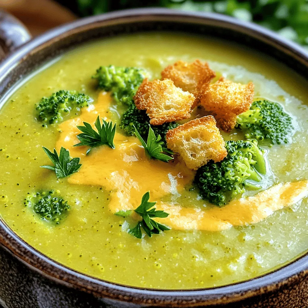 - 4 cups fresh broccoli florets - 1 medium onion, finely chopped - 3 cloves garlic, minced - 2 tablespoons olive oil - 4 cups vegetable broth - 1 cup milk (or heavy cream for creaminess) - 2 cups shredded sharp cheddar cheese - 1 teaspoon Dijon mustard - 1/2 teaspoon nutmeg - Salt and pepper to taste Fresh broccoli florets are key to this dish. They bring a bright color and a crunchy bite. Onion and garlic add depth to the flavor. Sautéing them in olive oil helps release their natural sweetness. You must have a good cheese for this soup. I suggest sharp cheddar for a rich taste. Milk or heavy cream helps create the perfect creamy texture. Nutmeg adds a warm touch, enhancing the overall flavor. Use salt and pepper to adjust the seasoning to your liking. - Croutons - Extra cheddar cheese - Fresh parsley For a fun twist, add croutons on top for crunch. Extra cheddar cheese makes it even cheesier and better. Fresh parsley not only looks nice but also adds a fresh flavor. You can mix and match to find your favorite topping. For the full recipe, click here [Full Recipe]. Enjoy making your own creamy broccoli cheddar soup! 1. Start by heating 2 tablespoons of olive oil in a large pot over medium heat. 2. Add 1 medium onion, finely chopped. Sauté it for about 5 minutes until it turns translucent. 3. Next, stir in 3 cloves of minced garlic. Cook for another minute so it smells great. 4. Now, toss in 4 cups of fresh broccoli florets. Pour 4 cups of vegetable broth into the pot. 5. Bring everything to a boil. Then, lower the heat and let it simmer for 8-10 minutes, until the broccoli is tender. 1. For a smooth texture, use an immersion blender directly in the pot. Blend until creamy. 2. If you don’t have an immersion blender, carefully transfer the soup in batches to a standard blender. 3. After blending, return the soup to the pot. Make sure it’s nice and smooth. 1. Stir in 1 cup of milk or heavy cream. Heat it on low until warm. 2. Gradually add in 2 cups of shredded sharp cheddar cheese. Stir until it melts and becomes creamy. 3. Mix in 1 teaspoon of Dijon mustard, 1/2 teaspoon of nutmeg, and add salt and pepper to taste. 4. Adjust the seasoning as needed. Your soup is now ready to enjoy! For the full recipe, check the details above. To get the best flavor, you need to sauté your onions and garlic well. This step brings out their natural sweetness. Cook them until they are soft and clear, about five minutes. Then, add the garlic and cook for one more minute. Keep tasting your soup as you go. You might want to add more salt or pepper based on your taste. No one wants a watery soup. To avoid this, make sure you add enough broccoli and use the right amount of broth. If you want a thicker soup, try adding a bit of cornstarch mixed in cold water. Stir it in as the soup simmers. You can also use more cheese to make it richer and creamier. Prepping your broccoli ahead of time can save you a lot of work later. You can wash and cut it, then store it in the fridge. If you want to make this soup for later, consider batch cooking. You can freeze extra soup in small containers. This way, you always have a warm meal ready to go. For the full recipe, check out the details above! {{image_2}} You can make your creamy broccoli cheddar soup more filling by adding proteins. Chicken is a great choice. Just cook it first, then add it to the soup. For a vegetarian option, try adding beans. White beans or chickpeas work well. They boost fiber and protein without meat. Cheddar cheese is a classic, but you can mix it up! Try Gruyère for a nutty flavor or Monterey Jack for a milder taste. A cheese blend adds depth. Combine cheddar with gouda or fontina for a richer taste. Each cheese can bring its own magic to your soup. Want to make the soup vegan-friendly? Use almond milk or coconut milk instead of dairy. Replace cheese with nutritional yeast or vegan cheese. For those avoiding gluten, use cornstarch or arrowroot powder as a thickener. This keeps the soup creamy without flour. For the full recipe, check out the detailed instructions above. How long does broccoli cheddar soup last in the fridge? It lasts about 3 to 5 days. Store it in a sealed container to keep it fresh. Glass jars work well for this. They help maintain flavor and keep things tidy in your fridge. What are the best practices for freezing? First, let the soup cool completely. Then, pour it into freezer-safe bags or containers. Squeeze out the air to prevent freezer burn. Portion the soup for easy meals later. This way, you can take out just what you need. How do you reheat the soup to keep it creamy? Heat it gently on the stove over low heat. Stir often to help it warm evenly. If it thickens too much, add a splash of milk or broth. This helps keep the soup smooth. Avoid boiling it, as that can cause the ingredients to separate. Enjoy your creamy goodness! Yes, you can use frozen broccoli. Frozen broccoli is picked at peak freshness. It is then blanched and frozen. This keeps its nutrients. It also saves time, as you don’t need to wash or chop it. However, the texture may be softer. This won’t ruin the soup but consider it for texture. If you choose frozen, add it directly without thawing. Adjust cooking times slightly to ensure it's tender. If you want a lighter option, use milk instead of heavy cream. For a thicker texture, try half-and-half. You can also use coconut milk for a dairy-free choice. This will add a hint of sweetness. Another option is to blend silken tofu with some water. This keeps the soup creamy. Each substitute will change the taste slightly, so choose what you like best. To add heat, consider using red pepper flakes. They give a nice kick. You can also add a dash of hot sauce while cooking. If you enjoy jalapeños, chop them finely and sauté with the onions. For a smoky flavor, add chipotle powder. Start with a little and taste as you go. You can always add more heat, but it’s hard to take it away. Creamy Broccoli Cheddar Soup is simple and delicious. We covered essential ingredients like fresh broccoli, onion, and cheese. I shared step-by-step instructions, ensuring a creamy texture and rich flavor. You also learned tips for storage and variations, including adding proteins or making it vegan. Final thoughts: This soup is versatile and easy to customize. With a few tweaks, you can make it your own. Enjoy creating this comforting dish and share it with friends and family!