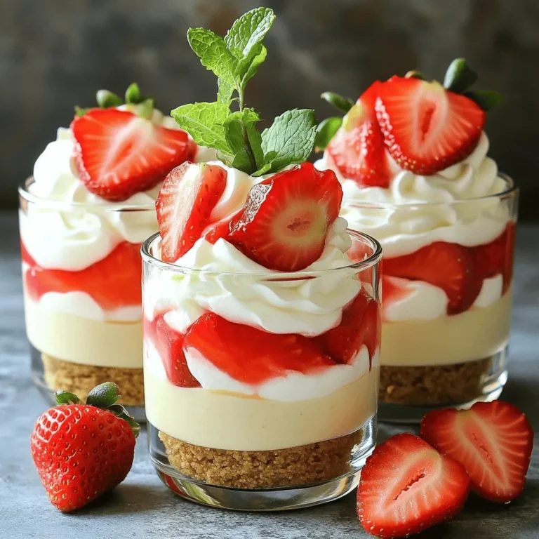 To make No-Bake Strawberry Cheesecake Cups, you need a few key ingredients. Here’s the list: - 1 cup graham cracker crumbs - 4 tablespoons unsalted butter, melted - 2 tablespoons sugar - 1 cup cream cheese, softened - 1/3 cup powdered sugar - 1 teaspoon vanilla extract - 1 cup heavy whipping cream - 1 cup fresh strawberries, hulled and sliced - Extra strawberries for garnish - Mint leaves for garnish (optional) Using high-quality ingredients makes a big difference. Fresh strawberries add bright flavor. Softened cream cheese creates a smooth filling. I always choose fresh over frozen when possible. It ensures the best taste in every bite. If you need substitutes, there are great options. For a dairy-free version, use dairy-free cream cheese. You can also replace heavy cream with coconut cream for a lighter touch. For flavor variations, think outside the box! Add melted chocolate to the cream cheese mix for a chocolate twist. You can also use blueberries instead of strawberries for a fun change. Mixing flavors lets you create a new dessert every time! For the full recipe, check out the [Full Recipe]. To make a great graham cracker crust, start with these steps: 1. In a mixing bowl, combine: - 1 cup graham cracker crumbs - 4 tablespoons unsalted butter, melted - 2 tablespoons sugar 2. Mix well until the crumbs look like wet sand. 3. Divide this crumb mix into 4 serving cups. Press the crumbs down to form a firm layer. Now, let's make the cheesecake filling: 1. In another bowl, beat 1 cup of softened cream cheese until it's smooth. 2. Gradually add 1/3 cup of powdered sugar and 1 teaspoon of vanilla extract. Mix until creamy. 3. In a separate bowl, whip 1 cup of heavy cream until stiff peaks form. 4. Gently fold the whipped cream into the cream cheese mixture. This will make it light and fluffy. Now it’s time to layer the cups: 1. Spoon the cheesecake mixture over the crust in each cup. Smooth the tops with a spatula. 2. Layer 1 cup of sliced strawberries on top of the cheesecake in each cup. To get the best taste and texture, chill the cups: - Place them in the fridge for at least 2 hours. For a lovely presentation: - Before serving, add extra strawberries on top and a mint leaf if you like. Serve the cheesecake cups on a fancy platter. You can drizzle honey or strawberry sauce on top to make them even more special. For the complete recipe, check out the [Full Recipe]. To whip cream to the right texture, start with chilled heavy cream. Use a clean bowl and beaters for the best results. Whip the cream until you see stiff peaks. This means it stands tall when you pull the beaters out. For a smooth cream cheese mixture, let the cream cheese sit at room temperature. This helps it soften. Beat it well before adding sugar and vanilla. Mix until there are no lumps. This step is key for a creamy cheesecake. Want to boost the flavor? Try adding lemon zest to the cream cheese mixture. This gives a fresh taste. You can also use a splash of lemon juice for a tangy twist. When picking strawberries, choose ripe, sweet ones. Look for bright red color and a sweet smell. If they are not in season, frozen strawberries work too. Just thaw and pat them dry before using. If your cheesecake turns out runny, it may need more cream cheese. Make sure to beat the cream cheese until smooth before adding the whipped cream. To adjust sweetness, taste the mixture before layering. If it's too sweet, add a pinch of salt. This can balance the flavors nicely. For more tips and the full recipe, check out the No-Bake Strawberry Cheesecake Cups! {{image_2}} You can easily change the flavor of your no-bake cheesecake cups. To make chocolate cheesecake cups, mix cocoa powder into the cream cheese filling. Start with 2 tablespoons and adjust to your taste. For vanilla cheesecake cups, simply swap the strawberries for vanilla beans or extract. This gives you a rich, creamy flavor. Fruits add a fun twist. You can use blueberries, raspberries, or peaches. Just chop them up and layer them on top. Each fruit brings its own taste, so feel free to experiment! If you're hosting a larger party, double the recipe. This will give you eight cups instead of four. You can easily scale the ingredients to fit your needs. For mini versions, fill small shot glasses or ramekins. This makes for a cute presentation and a fun way to serve. Just remember to reduce the filling amount to fit. Mixing and matching flavors and sizes keeps things exciting and delicious! Store your No-Bake Strawberry Cheesecake Cups in the fridge. Use an airtight container to keep them fresh. If you have leftovers, cover each cup with plastic wrap. This will help keep the flavors intact. For freezing, place the cups in a freezer-safe container. Make sure to leave some space, as the cheesecake may expand. You can freeze the cups for up to a month. When you're ready to serve, thaw them in the fridge overnight. These cheesecake cups last about 3 to 5 days in the fridge. Keep an eye out for changes in texture or smell. If they start to smell sour or look odd, it’s time to toss them. Signs that the dessert has gone bad include: - Off smell - Excessive separation - Mold on the surface Enjoy your delicious treat while it's fresh for the best taste! For the full recipe, check out the section on ingredients. How long does it take to set the cheesecake cups? The cheesecake cups need about 2 hours in the fridge to set. This time helps them firm up and blend the flavors well. If you want a firmer texture, you can chill them longer. Can I use low-fat cream cheese for a lighter version? Yes, you can use low-fat cream cheese. It cuts some calories and still tastes great. The texture may be a bit different, but your cheesecake cups will still be delicious. Are fresh strawberries necessary, or can I use frozen? Fresh strawberries are best for taste and texture. However, you can use frozen strawberries if fresh ones are not available. Just thaw and drain them before using. What can I use in place of graham cracker crumbs? You can use crushed cookies or biscuits instead of graham crackers. Options like digestive biscuits or vanilla wafers work well. They give a nice flavor and texture to the crust. Can the cheesecake cups be made a day in advance? Yes! You can make these cups a day ahead. Just store them in the fridge, covered. This makes them perfect for parties or gatherings. What's the best way to serve these cups for guests? Serve the cheesecake cups on a pretty platter. You can drizzle honey or strawberry sauce on top for extra flair. Garnishing with mint leaves also adds a nice touch. No-Bake Strawberry Cheesecake Cups are simple and delicious. You learn the key ingredients, preparation steps, and useful tips. Quality ingredients give the best flavors. Substitutes allow for fun twists in your dessert. Follow guidelines for perfect consistency and storage. With a little practice, anyone can master this treat. Enjoy making and sharing these cups at your next gathering. Get creative and have fun with your flavors and presentations. Happy dessert-making!