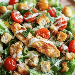 - Chicken - Vegetables and Greens - Salad Components - Dressing and Seasoning For a tasty Classic Chicken Caesar Salad, you need simple and fresh ingredients. Let’s break them down. Chicken - 2 boneless, skinless chicken breasts - Salt and pepper - 1 tablespoon olive oil Chicken is the star of this dish. I like to use boneless, skinless breasts for easy cooking. Vegetables and Greens - 4 cups romaine lettuce, chopped - 1 cup cherry tomatoes, halved Romaine lettuce gives a nice crunch. Cherry tomatoes add a pop of color and sweetness. Salad Components - 1/2 cup croutons - 1/4 cup Parmesan cheese, grated Croutons provide texture, and Parmesan adds a salty kick. These make the salad feel special. Dressing and Seasoning - 1/4 cup Caesar dressing (store-bought or homemade) - Fresh parsley, chopped (for garnish) The dressing ties everything together. You can use store-bought for speed or make your own for a personal touch. This Classic Chicken Caesar Salad is quick and easy with these ingredients. For the full recipe, check the details provided above. Enjoy your cooking! Seasoning the chicken First, season the chicken breasts with salt and pepper. This simple step brings out great flavor in the meat. Cooking method Next, heat olive oil in a skillet over medium heat. Cook the chicken for about 6-7 minutes on each side. You want it golden brown and fully cooked. Resting and slicing Once cooked, remove the chicken from the skillet. Let it rest for 5 minutes. This helps keep it juicy. After resting, slice the chicken into strips. Combining salad base ingredients In a large salad bowl, combine the chopped romaine lettuce, halved cherry tomatoes, and croutons. Use fresh ingredients for the best taste. Tossing the salad Drizzle the Caesar dressing over the salad mixture. Toss gently so all the ingredients are coated evenly. This makes every bite delicious. Adding chicken Place the sliced chicken on top of the dressed salad. The warm chicken adds a nice touch. Adding Parmesan Sprinkle the grated Parmesan cheese over the salad. This adds a rich flavor that pairs well with the dressing. Serving suggestion Garnish with chopped fresh parsley. Toss lightly right before serving. This keeps the croutons crispy and the flavors fresh. Enjoy your Classic Chicken Caesar Salad! For a detailed recipe, check the Full Recipe. To make your chicken juicy, start with boneless, skinless breasts. Season them well with salt and pepper. Use a hot skillet to cook them. This helps seal in the juices. Cook for about 6 to 7 minutes on each side. When done, let them rest for five minutes before slicing. This step keeps the chicken tender. If you want alternatives, try grilled tofu or chickpeas. Both options are tasty and provide protein. You can also use shrimp or salmon for a twist. You can choose between store-bought or homemade dressing. Store-bought is quick and easy. However, making your own gives you control over flavors. To make your own Caesar dressing, mix these ingredients: - 1/2 cup mayonnaise - 2 tablespoons lemon juice - 1 tablespoon Dijon mustard - 1 tablespoon Worcestershire sauce - 1 garlic clove, minced - Salt and pepper to taste - Grated Parmesan cheese (optional) Whisk all these ingredients until smooth. Taste and adjust to your liking. When serving your salad, use a large bowl for a family-style look. Layer the ingredients for a beautiful display. Place the sliced chicken on top for a nice touch. For garnishing, sprinkle fresh parsley over the salad. You can also add extra Parmesan for flavor. Serve with lemon wedges for a fresh burst. Don’t forget to toss the salad lightly right before serving. This helps keep the croutons crunchy. These tips help you create a Classic Chicken Caesar Salad that looks great and tastes even better. For the detailed recipe, refer to the Full Recipe section. {{image_2}} If you want to make a vegetarian or vegan version of a Chicken Caesar Salad, there are easy swaps. For chicken, try using grilled tofu or chickpeas. Both add protein and texture. You can also use tempeh for a nutty flavor. For the dressing, look for vegan Caesar options. Many brands offer dressings made with cashews or almond milk. You can even make your own! Blend soaked cashews with garlic, lemon, and some nutritional yeast for a creamy taste. To add more flavor and crunch, think about toppings. Sliced avocado or roasted nuts can boost the dish. You might also add crispy bacon for a savory touch. Using seasonal vegetables makes your salad fresh. Try adding sliced radishes in spring or roasted butternut squash in fall. Seasonal veggies keep the salad exciting and full of flavor. Spices and herbs can elevate your salad. A pinch of paprika or cayenne can add heat. You might also sprinkle fresh herbs like basil or oregano for extra aroma. For cheese, if you want to mix it up, try feta or goat cheese. Both add a tangy kick that pairs well with the Caesar flavor. Use these options to create a unique twist on the classic recipe. If you want the full recipe, check it out! To keep your chicken Caesar salad fresh, store it in a sealed container. This helps keep moisture out and flavors in. Place the salad in the fridge within two hours of making it. The salad will last for up to three days. However, the croutons may get soft over time. Keep them separate if you want them crunchy. If you have leftover chicken, you can reheat it. Use a microwave-safe dish and heat it for 30 seconds to one minute. Check if it's warm throughout. For best results, try reheating in an oven at 350°F. This keeps the chicken juicy. When it comes to the salad, do not reheat it. Instead, make it fresh by adding new dressing. This keeps the greens crisp and tasty. You can freeze the chicken, but avoid freezing the salad. The greens will become mushy when thawed. Wrap the chicken tightly in plastic wrap or foil. Place it in a freezer bag for extra protection. It can last for about three months in the freezer. Remember to label your bag with the date. To use it, thaw it in the fridge overnight. Then, reheat as mentioned before. For the complete recipe, check out the [Full Recipe]. You can prepare your salad in advance. First, cook the chicken and store it in the fridge. Slice it just before serving. For meal prep, wash and chop your romaine lettuce. You can also halve the cherry tomatoes in advance. Keep croutons and dressing separate until serving. This keeps your salad fresh and crunchy. Caesar dressing can be gluten-free, but check the label. Some dressings may contain gluten from additives. If you want to be safe, you can make your own. Use fresh ingredients like lemon juice, garlic, and olive oil for a tasty and gluten-free option. Yes, you can use other greens! Spinach adds a nice twist to the salad. Kale is another great choice that gives a different texture. You can also mix greens like arugula for a peppery flavor. Feel free to get creative with your greens! This blog post covered how to make a Classic Chicken Caesar Salad. We explored ingredients, step-by-step cooking, and tips for the best results. I shared options for variations and proper storage methods. You now have tools to create this tasty dish in your own kitchen. Remember, you can adapt the recipe to your tastes. Enjoy your salad, and have fun experimenting with different flavors!