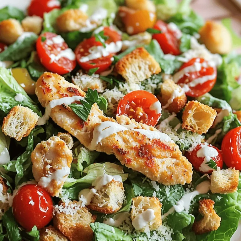 - Chicken - Vegetables and Greens - Salad Components - Dressing and Seasoning For a tasty Classic Chicken Caesar Salad, you need simple and fresh ingredients. Let’s break them down. Chicken - 2 boneless, skinless chicken breasts - Salt and pepper - 1 tablespoon olive oil Chicken is the star of this dish. I like to use boneless, skinless breasts for easy cooking. Vegetables and Greens - 4 cups romaine lettuce, chopped - 1 cup cherry tomatoes, halved Romaine lettuce gives a nice crunch. Cherry tomatoes add a pop of color and sweetness. Salad Components - 1/2 cup croutons - 1/4 cup Parmesan cheese, grated Croutons provide texture, and Parmesan adds a salty kick. These make the salad feel special. Dressing and Seasoning - 1/4 cup Caesar dressing (store-bought or homemade) - Fresh parsley, chopped (for garnish) The dressing ties everything together. You can use store-bought for speed or make your own for a personal touch. This Classic Chicken Caesar Salad is quick and easy with these ingredients. For the full recipe, check the details provided above. Enjoy your cooking! Seasoning the chicken First, season the chicken breasts with salt and pepper. This simple step brings out great flavor in the meat. Cooking method Next, heat olive oil in a skillet over medium heat. Cook the chicken for about 6-7 minutes on each side. You want it golden brown and fully cooked. Resting and slicing Once cooked, remove the chicken from the skillet. Let it rest for 5 minutes. This helps keep it juicy. After resting, slice the chicken into strips. Combining salad base ingredients In a large salad bowl, combine the chopped romaine lettuce, halved cherry tomatoes, and croutons. Use fresh ingredients for the best taste. Tossing the salad Drizzle the Caesar dressing over the salad mixture. Toss gently so all the ingredients are coated evenly. This makes every bite delicious. Adding chicken Place the sliced chicken on top of the dressed salad. The warm chicken adds a nice touch. Adding Parmesan Sprinkle the grated Parmesan cheese over the salad. This adds a rich flavor that pairs well with the dressing. Serving suggestion Garnish with chopped fresh parsley. Toss lightly right before serving. This keeps the croutons crispy and the flavors fresh. Enjoy your Classic Chicken Caesar Salad! For a detailed recipe, check the Full Recipe. To make your chicken juicy, start with boneless, skinless breasts. Season them well with salt and pepper. Use a hot skillet to cook them. This helps seal in the juices. Cook for about 6 to 7 minutes on each side. When done, let them rest for five minutes before slicing. This step keeps the chicken tender. If you want alternatives, try grilled tofu or chickpeas. Both options are tasty and provide protein. You can also use shrimp or salmon for a twist. You can choose between store-bought or homemade dressing. Store-bought is quick and easy. However, making your own gives you control over flavors. To make your own Caesar dressing, mix these ingredients: - 1/2 cup mayonnaise - 2 tablespoons lemon juice - 1 tablespoon Dijon mustard - 1 tablespoon Worcestershire sauce - 1 garlic clove, minced - Salt and pepper to taste - Grated Parmesan cheese (optional) Whisk all these ingredients until smooth. Taste and adjust to your liking. When serving your salad, use a large bowl for a family-style look. Layer the ingredients for a beautiful display. Place the sliced chicken on top for a nice touch. For garnishing, sprinkle fresh parsley over the salad. You can also add extra Parmesan for flavor. Serve with lemon wedges for a fresh burst. Don’t forget to toss the salad lightly right before serving. This helps keep the croutons crunchy. These tips help you create a Classic Chicken Caesar Salad that looks great and tastes even better. For the detailed recipe, refer to the Full Recipe section. {{image_2}} If you want to make a vegetarian or vegan version of a Chicken Caesar Salad, there are easy swaps. For chicken, try using grilled tofu or chickpeas. Both add protein and texture. You can also use tempeh for a nutty flavor. For the dressing, look for vegan Caesar options. Many brands offer dressings made with cashews or almond milk. You can even make your own! Blend soaked cashews with garlic, lemon, and some nutritional yeast for a creamy taste. To add more flavor and crunch, think about toppings. Sliced avocado or roasted nuts can boost the dish. You might also add crispy bacon for a savory touch. Using seasonal vegetables makes your salad fresh. Try adding sliced radishes in spring or roasted butternut squash in fall. Seasonal veggies keep the salad exciting and full of flavor. Spices and herbs can elevate your salad. A pinch of paprika or cayenne can add heat. You might also sprinkle fresh herbs like basil or oregano for extra aroma. For cheese, if you want to mix it up, try feta or goat cheese. Both add a tangy kick that pairs well with the Caesar flavor. Use these options to create a unique twist on the classic recipe. If you want the full recipe, check it out! To keep your chicken Caesar salad fresh, store it in a sealed container. This helps keep moisture out and flavors in. Place the salad in the fridge within two hours of making it. The salad will last for up to three days. However, the croutons may get soft over time. Keep them separate if you want them crunchy. If you have leftover chicken, you can reheat it. Use a microwave-safe dish and heat it for 30 seconds to one minute. Check if it's warm throughout. For best results, try reheating in an oven at 350°F. This keeps the chicken juicy. When it comes to the salad, do not reheat it. Instead, make it fresh by adding new dressing. This keeps the greens crisp and tasty. You can freeze the chicken, but avoid freezing the salad. The greens will become mushy when thawed. Wrap the chicken tightly in plastic wrap or foil. Place it in a freezer bag for extra protection. It can last for about three months in the freezer. Remember to label your bag with the date. To use it, thaw it in the fridge overnight. Then, reheat as mentioned before. For the complete recipe, check out the [Full Recipe]. You can prepare your salad in advance. First, cook the chicken and store it in the fridge. Slice it just before serving. For meal prep, wash and chop your romaine lettuce. You can also halve the cherry tomatoes in advance. Keep croutons and dressing separate until serving. This keeps your salad fresh and crunchy. Caesar dressing can be gluten-free, but check the label. Some dressings may contain gluten from additives. If you want to be safe, you can make your own. Use fresh ingredients like lemon juice, garlic, and olive oil for a tasty and gluten-free option. Yes, you can use other greens! Spinach adds a nice twist to the salad. Kale is another great choice that gives a different texture. You can also mix greens like arugula for a peppery flavor. Feel free to get creative with your greens! This blog post covered how to make a Classic Chicken Caesar Salad. We explored ingredients, step-by-step cooking, and tips for the best results. I shared options for variations and proper storage methods. You now have tools to create this tasty dish in your own kitchen. Remember, you can adapt the recipe to your tastes. Enjoy your salad, and have fun experimenting with different flavors!