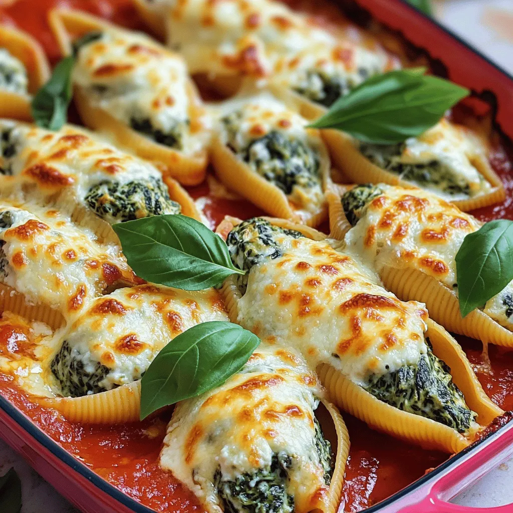 - 20 jumbo pasta shells - 1 cup ricotta cheese - 2 cups fresh spinach, chopped - 1 cup shredded mozzarella cheese, divided - 1/2 cup grated Parmesan cheese - 1 egg, beaten - 2 cloves garlic, minced - 1 teaspoon Italian seasoning - 2 cups marinara sauce - Salt and pepper to taste - Fresh basil leaves for garnish The ingredients for Baked Spinach Ricotta Stuffed Shells are simple yet flavorful. The jumbo pasta shells hold a creamy filling of ricotta and spinach. The blend of mozzarella and Parmesan adds a rich taste. Garlic and Italian seasoning enhance the dish with warmth and aroma. Marinara sauce ties everything together, adding a zesty touch. Don't forget the fresh basil; it adds a pop of color and taste. You can swap dairy for a vegan option by using plant-based ricotta. For a gluten-free meal, look for gluten-free jumbo shells. These options keep the recipe tasty while catering to different diets. To boost flavor, try adding crushed red pepper for heat or fresh herbs like parsley or thyme. A pinch of nutmeg adds warmth too. Experiment with your favorite spices to make this dish your own! 1. Preheat oven and cook pasta shells: Start by preheating your oven to 375°F (190°C). While the oven heats, cook 20 jumbo pasta shells according to the package. Aim for al dente, which means they should be firm. Once cooked, drain them and set aside to cool a bit. 2. Prepare the spinach and ricotta filling: In a large bowl, mix 1 cup of ricotta cheese with 2 cups of chopped fresh spinach. Add half of the 1 cup of shredded mozzarella cheese, 1/2 cup of grated Parmesan cheese, and 1 beaten egg. Toss in 2 cloves of minced garlic, 1 teaspoon of Italian seasoning, and season with salt and pepper. Stir until everything is well mixed. 1. Stuffing the shells: Take each cooled pasta shell and stuff it carefully with the spinach and ricotta mixture. Use a generous spoonful for each shell. Place these stuffed shells seam side up in a 9x13-inch baking dish. 2. Layering in the baking dish: Once all the shells are stuffed and in the dish, spread 1 cup of marinara sauce on the bottom. Pour the remaining marinara sauce over the stuffed shells. Finally, sprinkle the leftover mozzarella cheese on top. 1. Timing and techniques for achieving a bubbly top: Cover the baking dish with aluminum foil. Bake it in the preheated oven for 25 minutes. After that, remove the foil and bake for an additional 10-15 minutes. You want the cheese to be bubbly and golden. Take a moment to admire your creation! Let the dish cool for a few minutes before serving. Enjoy the delightful flavors of your baked spinach ricotta stuffed shells! For the full recipe, check out the earlier sections. To create a creamy filling, use fresh ricotta cheese. It adds a light texture. Mix in chopped spinach thoroughly for even flavor. Make sure to squeeze out excess water from the spinach. This keeps the filling from being too wet. Use a beaten egg to bind the mixture together. It helps the filling hold its shape. To ensure the shells are not overcooked, cook them just until al dente. This means they should still have a bit of bite. Drain the shells and rinse them in cold water. This stops the cooking process. Handle them gently while stuffing to avoid breakage. For ideal side dishes, pair stuffed shells with garlic bread and a green salad. A simple arugula salad with lemon dressing works great. For presentation, serve the shells on individual plates. Drizzle with extra marinara sauce for color. Add fresh basil leaves on top for a pop of green. One common mistake is overstuffing the shells. Fill them generously but leave some space. This helps them cook evenly and prevents spills. Another mistake is serving too soon. Let the dish cool for a few minutes before serving. This allows the flavors to settle and makes them easier to cut. {{image_2}} You can change the filling to keep things fresh. Roasted red peppers add a sweet touch. They mix well with ricotta and spinach. For a savory twist, try mushrooms. Just sauté them before adding. These options bring new flavors and textures to your dish. The sauce can change the whole dish. Instead of marinara, try pesto for a fresh flavor. Pesto adds a nice herb taste. If you want something creamy, use Alfredo sauce. This will make your shells rich and smooth. You can mix sauces too! Half marinara and half Alfredo creates a great blend. If you want a low-carb option, use zucchini noodles instead of pasta shells. They are healthy and tasty. For a gluten-free version, choose gluten-free pasta shells. You can find many brands that taste great. These options make the dish fit many diets while keeping it delicious. For the full recipe, check out the complete guide to Baked Spinach Ricotta Stuffed Shells. Store your leftover baked spinach ricotta stuffed shells in an airtight container. They will stay fresh for about 3 to 5 days in the fridge. Make sure the shells are cool before sealing them up. This prevents condensation and keeps the dish from getting soggy. You can freeze these shells before or after baking. If freezing before baking, stuff the shells and place them in a baking dish. Cover with plastic wrap and foil, then freeze. They will stay good for up to 3 months. To freeze after baking, let the dish cool completely. Then, wrap it tightly and freeze. When you want to eat it, just thaw it overnight in the fridge before reheating. To reheat, you have a few options. The best method is to use the oven. Preheat your oven to 350°F (175°C). Place the shells in a baking dish, cover with foil, and heat for about 20 minutes. This keeps the cheese melty and the pasta tender. You can also use a microwave, but the oven gives better results. If using the microwave, heat in short bursts and keep an eye on them to avoid drying out. Yes, you can prep the shells in advance. Cook the pasta and make the filling. Stuff the shells and place them in the baking dish. Cover with sauce and cheese, then wrap tightly. Store in the fridge for up to 24 hours. When ready, bake them straight from the fridge. You might need to add a few extra minutes to the cooking time. This dish is already vegetarian. For a vegan version, swap the ricotta with a plant-based cheese. Use a flax egg instead of a real egg. You can also replace the mozzarella and Parmesan with vegan cheese. Look for brands that melt well to keep the texture right. These shells pair well with a simple salad. Try a mixed greens salad with lemon vinaigrette. Garlic bread or a crunchy baguette works well too. You can also serve roasted vegetables on the side for added color and flavor. Yes! You can try different cheeses for unique flavors. Use goat cheese or feta for a tangy kick. Cream cheese offers a rich and creamy texture. Just ensure the cheese melts nicely for that gooey, delicious finish. You'll know they are ready when the cheese is bubbly and golden. Check the shells to ensure they are heated through. A fork should easily pierce them. Let them cool for a few minutes before serving to avoid burns. Baked spinach ricotta stuffed shells combine simple ingredients with fun techniques. You learned how to prep, assemble, and bake this hearty dish. I've shared tips for perfect texture and creative variations. Remember, you can customize the recipe for your diet too. With leftovers, storage, and reheating methods, this dish can be enjoyed again. Use my FAQ section if you have more questions. Dive into this recipe and make it your own! Enjoy your cooking journey!