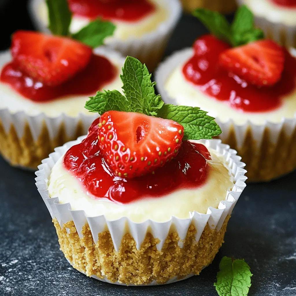 To make no-bake mini cheesecakes, gather these items: - 1 cup graham cracker crumbs - 4 tablespoons unsalted butter, melted - 2 tablespoons sugar - 8 oz cream cheese, softened - 1/2 cup powdered sugar - 1 teaspoon vanilla extract - 1 cup heavy whipping cream - Fresh strawberries or any fruit for topping - Optional: Mint leaves for garnish Each ingredient plays a key role in creating a tasty treat. The graham cracker crumbs form the base, giving a nice crunch. The butter binds the crumbs together, while sugar adds sweetness. Cream cheese is the star, providing a rich and creamy texture. Powdered sugar makes the filling smooth and sweet. Vanilla extract enhances the flavor, making it even better. The heavy whipping cream is what makes the filling light and fluffy. You can use fresh strawberries or other fruits to top your mini cheesecakes. Mint leaves add a nice touch if you want. These ingredients come together quickly. You will be amazed at how simple it is to create a delicious dessert. For the full recipe, check the details above. Preparing the graham cracker mixture In a medium bowl, combine 1 cup of graham cracker crumbs, 4 tablespoons of melted unsalted butter, and 2 tablespoons of sugar. Mix it well until the crumbs feel moist. This makes a tasty base for our cheesecakes. Pressing into muffin tin Next, take a muffin tin and line it with cupcake liners. Press about 1-2 tablespoons of the graham cracker mixture into the bottom of each cup. Make sure to pack it down firmly. Chill the crusts in the fridge while you prepare the filling. Beating the cream cheese In a large mixing bowl, add 8 oz of softened cream cheese. Use an electric mixer to beat it until smooth. This step is key for a creamy texture. Adding powdered sugar and vanilla Gradually mix in 1/2 cup of powdered sugar and 1 teaspoon of vanilla extract. Keep mixing until everything is well combined and creamy. This adds sweetness and flavor to the filling. Whipping the cream In another bowl, whip 1 cup of heavy cream until it forms stiff peaks. This will give your cheesecake a light and airy texture. Folding into the cream cheese mixture Now, gently fold the whipped cream into the cream cheese mixture. Be careful not to deflate the whipped cream. This keeps your filling fluffy and delicious. Filling the cups Take the chilled crusts from the fridge. Fill each cup with the cheesecake mixture, smoothing the tops with a spatula. Make sure each cup is filled evenly. Refrigerating until set Cover the muffin tin with plastic wrap. Place it in the fridge for at least 4 hours, or until the cheesecakes are set. This step is important for getting the right texture. These no-bake mini cheesecakes are easy and quick to make. You can find the Full Recipe to guide you through every step. Enjoy your delightful treats! To get a smooth filling, start with softened cream cheese. Cold cream cheese can make lumps. Beat it well until creamy. Next, add powdered sugar slowly. This helps mix it evenly. When whipping the heavy cream, be sure to use a cold bowl. Cold tools help create more volume. Beat until you see stiff peaks. Gently fold the whipped cream into the cream cheese mix. This keeps the air in and makes it light. For the perfect crust, use fresh graham cracker crumbs. If they are too fine, the crust may not hold well. Mix crumbs with melted butter and sugar until all crumbs get wet. Press this mixture tightly into the muffin cups. Chill the crusts before adding the filling. This helps set them. Get creative with toppings! Fresh strawberries are great, but you can use blueberries, cherries, or chocolate. Drizzle some chocolate sauce or caramel for extra flair. For a nice presentation, use a clean spatula to smooth the tops. Place each cheesecake on a small plate. Add a mint leaf for color. Arrange them nicely on a serving platter. This will impress your guests and make your mini cheesecakes stand out. For more ideas, check out the Full Recipe for more topping options! {{image_2}} You can easily change the flavor of your no-bake mini cheesecakes. Try making chocolate no-bake mini cheesecakes for a richer taste. To do this, add 1/4 cup of cocoa powder to the cream cheese mixture. This small change makes a big difference. For fruit-flavored options, blend in your favorite fruits. You can use fresh strawberries, blueberries, or raspberries. Simply puree the fruit and fold it into the cream cheese mixture. This gives you a light, fruity flavor. You can also top each cheesecake with slices of fresh fruit for a colorful finish. If you need gluten-free options, you can use crushed gluten-free cookies instead of graham crackers. Almond flour or ground oats also work well for a tasty crust. This way, everyone can enjoy these treats. For vegan adaptations, swap out the cream cheese for blended silken tofu or cashew cream. Use coconut cream instead of heavy whipping cream. You can also use maple syrup or agave for sweetness. These changes keep the flavor rich and creamy, making it a great choice for vegans. You can find the full recipe above to help you create these tasty variations. To keep your no-bake mini cheesecakes fresh, store them in the refrigerator. Use an airtight container to avoid any strong odors. Place a piece of parchment paper between layers if stacking them. This prevents sticking and keeps them intact. If you want to save them for later, freezing is a great option. Wrap each cheesecake in plastic wrap tightly. Then, place them in a freezer-safe bag or container. Make sure to label them with the date. How long do they last? In the refrigerator, these cheesecakes can last about 5 days. If you freeze them, they can stay good for up to 2 months. Look out for signs of spoilage. If you see any discoloration or a sour smell, it's best to toss them. Always check before serving. Enjoy your desserts fresh for the best taste! Can I use low-fat cream cheese? Yes, you can use low-fat cream cheese. It may change the texture slightly. The cheesecake may be less creamy but still tasty. How do I make the crust firmer? To make the crust firmer, add a bit more butter. You can also bake it for 5-10 minutes at 350°F. Allow it to cool before adding the filling. Can I substitute the heavy cream? You can use half-and-half or whole milk, but the texture may not be as light. Heavy cream whips up better, giving a fluffier filling. What if I don’t have a muffin tin? If you lack a muffin tin, use small cups or ramekins. Just make sure they have a similar size to hold the filling. What’s the best way to serve leftovers? Store leftovers in the fridge, covered tightly. They stay fresh for about 3 days. You can garnish them right before serving. Can this recipe be doubled or halved? Yes, you can easily double or halve this recipe. Just adjust the ingredient amounts and use a larger or smaller pan as needed. In summary, making no-bake mini cheesecakes is simple and fun. We covered the key ingredients, step-by-step instructions, and tips for a perfect dessert. You can try different flavors and dietary options, too. Proper storage ensures they stay fresh for longer. If you have questions, our FAQ section can help clarify. Enjoy crafting these tasty treats for your next gathering!