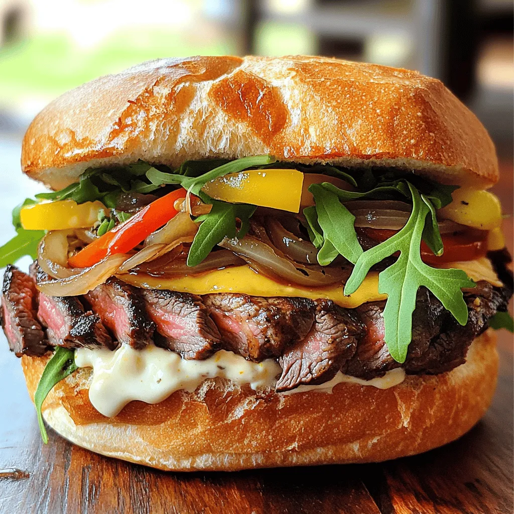 - 1 lb flank steak - 1 tablespoon olive oil - 1 teaspoon garlic powder - 1 teaspoon smoked paprika - Salt and pepper to taste - 1 large onion, thinly sliced - 1 bell pepper (any color), thinly sliced - 4 slices provolone cheese - 4 crusty sandwich rolls - 2 tablespoons mayonnaise - 1 tablespoon Dijon mustard - Fresh arugula or spinach for garnish Sliced steak sandwiches need great ingredients. I love using flank steak for its flavor. First, let’s talk about the main ingredients. You will need one pound of flank steak. This cut has the right amount of tenderness. It pairs well with spices. Olive oil adds a nice richness. Garlic powder and smoked paprika give it a tasty kick. Don't forget salt and pepper to bring out the flavors. Next, let's look at the toppings. A large onion, thinly sliced, adds sweetness. A bell pepper, any color, brings crunch and color. Provolone cheese melts beautifully over the hot steak. Crusty sandwich rolls hold everything together. Mayonnaise and Dijon mustard add creaminess and a bit of tang. Lastly, fresh arugula or spinach makes the sandwich pop with color. For the full recipe, check out Savory Steak Sandwich Delight 🥩🥖. It guides you through creating this tasty dish. Enjoy experimenting with your toppings! - Begin by marinating the flank steak. Mix olive oil, garlic powder, smoked paprika, salt, and pepper. - Rub the mixture over the steak and let it marinate for 30 minutes. Marinating makes the steak tender and packed with flavor. The longer you marinate, the better it tastes. - Heat a skillet and sauté the sliced onion and bell pepper until caramelized (approx. 10-12 minutes). Sautéing adds sweetness to the veggies. Stir often to avoid burning. You want them golden and soft. - Heat a grill pan or outdoor grill, cook steak for about 4-5 minutes on each side. - Allow resting time before slicing thinly against the grain. Grilling gives the steak a nice char. Resting lets the juices settle, so every bite is juicy. Thin slices make the steak easy to chew and full of flavor. - Use a meat thermometer to check for doneness (medium-rare is 130-135°F). - Always slice against the grain for tenderness. To get the best steak, pay attention to the temperature. A meat thermometer helps you see how done the steak is. Medium-rare gives the best flavor and juiciness. After cooking, let it rest for a few minutes. This helps keep the juices inside. When you slice, cut against the grain. This makes each bite tender and easy to chew. - Allow the marinade to sit longer for more flavor absorption. To boost flavor, let your marinade soak into the steak longer. This can be a game changer. If you can, let it sit for two hours. The longer it marinates, the more flavor it will hold. You can even try different spices to find your favorite mix. - Lightly toast sandwich rolls to add texture and prevent sogginess. Toasting the rolls may seem small, but it adds a lot. Lightly toast each roll to give it a nice crunch. This keeps them from becoming soggy. Plus, it adds flavor. You can use a grill or a toaster oven. Either way, this step makes the sandwich taste even better. For more tips and to view the full recipe, check out Savory Steak Sandwich Delight 🥩🥖! {{image_2}} You can use different cuts of steak for your sandwich. Flank steak is great, but ribeye and sirloin add new flavors. Ribeye is rich and juicy with lots of marbling. Sirloin is leaner but still tender. Each cut brings its own taste and texture. Experiment to find your favorite! Cheese makes a big difference in taste. Provolone is classic, but you can try cheddar, Swiss, or pepper jack. Cheddar gives a sharp bite, while Swiss adds a mild flavor. Pepper jack brings a spicy kick. Mix and match to find what you love most! Don’t forget the veggies! Adding mushrooms, jalapeños, or roasted red peppers can enhance your sandwich. Mushrooms add umami and a nice texture. Jalapeños give heat, while roasted peppers bring sweetness. These toppings let you customize your sandwich just how you like it. Store your leftover sliced steak sandwich in an airtight container. Keep it in the fridge for up to 3 days. This helps keep the flavors fresh and the meat safe to eat. When you want to enjoy the sandwich again, reheat it in an oven or skillet. This keeps the bread crispy and the steak juicy. Avoid the microwave, as it can make the bread soggy and the steak tough. If you want to save the sliced steak for later, you can freeze it. Wrap the sliced steak tightly and store it in a freezer bag. It can last for up to 2 months in the freezer. To thaw, place it in the fridge overnight before reheating. This method helps keep the taste and texture intact. The best cut for a steak sandwich is flank steak. It is tender and full of flavor. Other good options include ribeye and sirloin. Ribeye has a nice marbling, which adds richness. Sirloin is leaner but still tasty. Choose a cut that you enjoy. Each cut offers its own unique taste. Yes, you can prepare parts of the sandwich in advance. Marinate the steak a day before. Cook the vegetables and store them in the fridge. Toast the rolls just before serving. This makes assembly quick and easy. You can enjoy a great meal without rush. Many sides pair well with a sliced steak sandwich. French fries are a classic choice that everyone loves. A fresh salad can add a nice crunch. Potato chips provide a great texture contrast. You can also serve coleslaw for a zesty touch. Choose a side that you enjoy for the best meal. Absolutely! You can use portobello mushrooms instead of steak. They have a meaty texture that works well. Marinated tofu is another great option. It absorbs flavors and adds protein. Consider adding sautéed peppers and onions to enhance the taste. A vegetarian version can be just as satisfying. You can find the full recipe in Savory Steak Sandwich Delight 🥩🥖 for detailed instructions. This recipe will guide you to create a delicious sandwich. Enjoy cooking! In this blog post, we explored how to create a delicious steak sandwich. We covered essential ingredients, step-by-step cooking techniques, and helpful tips to enhance flavor. Remember to marinate the meat well and consider adding your favorite toppings. Don’t forget to customize your sandwich with variations and enjoy the joy of cooking. Try out the full recipe: Savory Steak Sandwich Delight 🥩🥖 for all the details. Enjoy your tasty creation!