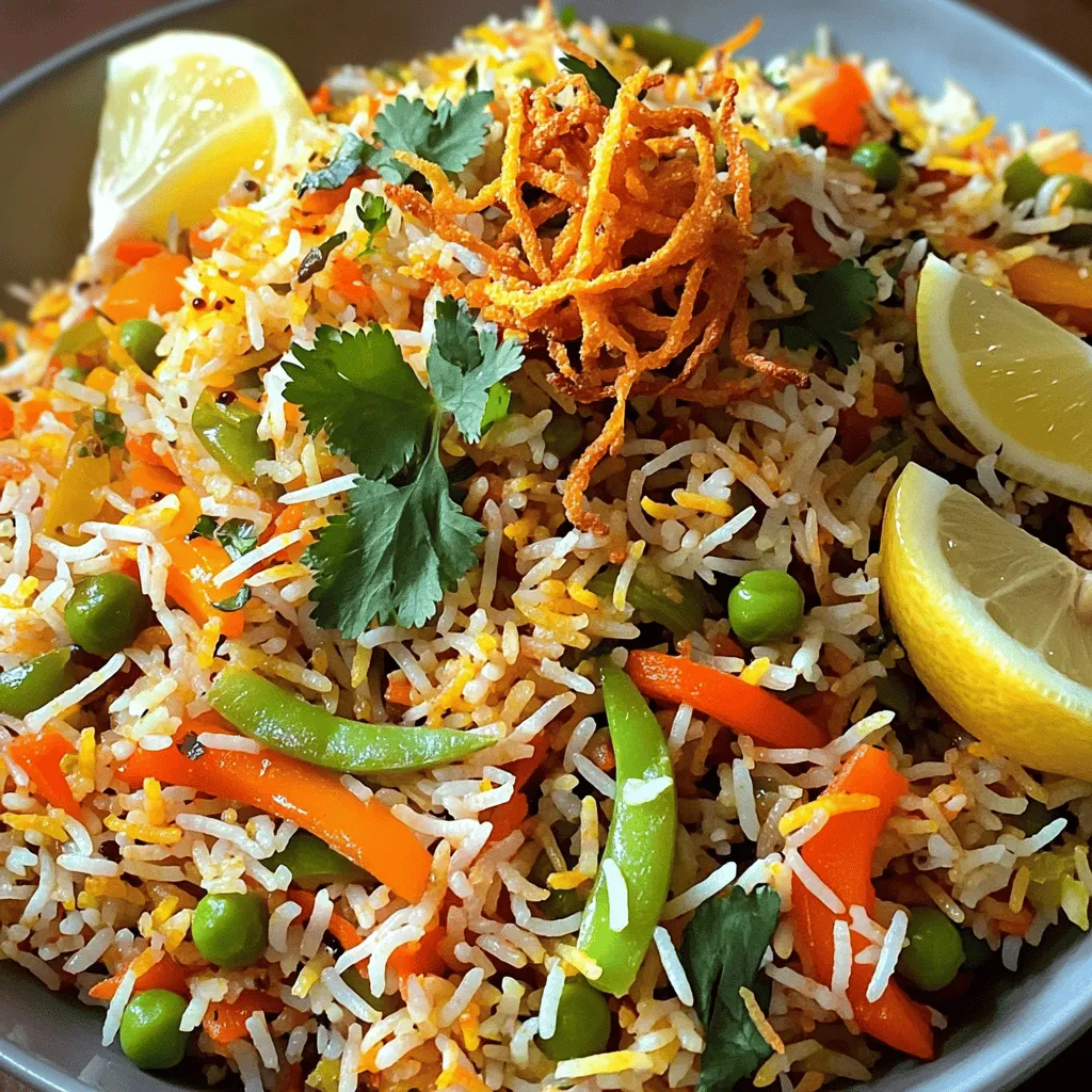 To make a tasty Vegetable Biryani, you need a few key ingredients. Here is what you will need: - Main ingredients: - 1 ½ cups basmati rice - 1 large onion, thinly sliced - 3 garlic cloves, minced - 1-inch ginger, grated - 1 green chili, slit (optional) - 1 cup mixed vegetables (carrots, peas, bell peppers, green beans) - 1 large tomato, chopped - 1 teaspoon cumin seeds - 1 teaspoon coriander powder - ½ teaspoon turmeric powder - 1 teaspoon garam masala - Salt, to taste - 2 cups vegetable broth or water - Additional ingredients: - 2 tablespoons ghee or vegetable oil - Fresh cilantro and mint leaves for garnish - Fried onions and lemon wedges for serving (optional) When it comes to serving, you can pair your biryani with raita, a cool yogurt sauce, or a fresh salad. This adds a nice balance to the dish. For the full recipe, check out the details provided earlier. Soaking and preparing the rice Start by rinsing the basmati rice under cold water. Do this until the water runs clear. Soak the rice in water for 30 minutes. This helps the rice cook evenly. After soaking, drain the rice and set it aside. Sautéing the aromatics In a large pan, heat 2 tablespoons of ghee or vegetable oil over medium heat. Add 1 teaspoon of cumin seeds and let them sizzle for a few seconds. Next, add 1 large onion, thinly sliced. Sauté until the onion turns golden brown. Now, add 3 minced garlic cloves, 1-inch grated ginger, and a slit green chili if you like heat. Sauté for another minute until fragrant. Cooking the vegetables Stir in 1 chopped large tomato. Cook until it softens and breaks down. Then, add 1 cup of mixed vegetables, such as carrots, peas, bell peppers, and green beans. Sprinkle in 1 teaspoon coriander powder, ½ teaspoon turmeric powder, 1 teaspoon garam masala, and salt to taste. Mix well and cook for about 5-7 minutes until the vegetables are tender. Adding soaked rice to the pan Now it’s time to add the soaked and drained rice to the pan. Gently stir to combine the rice with the vegetables and spices. Pouring in broth or water Next, pour in 2 cups of vegetable broth or water. Bring the mixture to a boil. Cooking and resting time Once it boils, reduce the heat to low. Cover the pot and let it simmer for about 20 minutes. This allows the rice to absorb the liquid and flavors. After 20 minutes, turn off the heat and let it sit for another 10 minutes to meld the flavors. Fluff the biryani with a fork, and serve with fresh cilantro, mint leaves, and optional fried onions. For a refreshing touch, add lemon wedges on the side. For the full recipe, check the details above. To make your vegetable biryani perfect, focus on the rice. Start with high-quality basmati rice. The right texture is fluffy, not sticky. Rinse the rice well to remove excess starch. Soak it for 30 minutes to help it cook evenly. This step makes a big difference. Seasoning is key to great flavor. Use fresh ingredients like garlic and ginger. These add depth to your dish. Also, don’t forget the spices. The right mix of cumin, coriander, and garam masala brings warmth. Taste as you cook to adjust the seasoning. Spice levels can be adjusted to fit your taste. If you love heat, add more green chili. For milder biryani, skip the chili or use less. You can always add a sprinkle of chili powder later. Balance is important, so taste throughout the cooking process. Want to elevate your biryani? Try adding extra spices. A dash of cardamom or cinnamon can enhance the aroma. Fresh herbs like mint and cilantro also add brightness. These can be mixed in or used as a garnish. For firmer rice, consider a different cooking method. Use the pot-in-pot technique. Place the soaked rice above the vegetable mix in a steaming basket. This helps the rice stay fluffy while absorbing flavors. It’s a great way to achieve that perfect texture. These tips will help you create a flavorful and simple vegetable biryani. For the detailed cooking steps, check out the Full Recipe. {{image_2}} Vegetable biryani varies across India. In South India, biryani uses coconut and curry leaves. This adds a rich, unique taste. You might find spices like fennel and star anise in this version. It often has a little more heat, too. In North India, biryani tends to be more aromatic. It uses saffron and a mix of rich spices. This style focuses on layering rice and meat or veggies. This creates a beautiful presentation and deep flavors. Each region has its own twist, making every biryani special. You can switch out the vegetables in your biryani based on what’s in season. Try using zucchini in summer or pumpkin in fall. Seasonal veggies keep your dish fresh and exciting. Mixing different colors also makes it visually appealing. Adding protein can make your biryani heartier. Tofu is a great plant-based choice. It absorbs flavors well and adds protein. Chickpeas are another option. They add a nice texture and help fill you up. These choices make your vegetable biryani versatile and satisfying. When you have leftover Vegetable Biryani, store it in an airtight container. This keeps the flavor fresh and safe. Let it cool down before sealing it. Vegetable Biryani can last in the fridge for about 3 to 4 days. If you want to enjoy it later, make sure to check for any signs of spoilage before eating. Yes, you can freeze Vegetable Biryani! It freezes well and makes for a quick meal later. Just let it cool completely, then transfer it to a freezer-safe container. Vegetable Biryani can last in the freezer for about 2 to 3 months. To thaw, take it out of the freezer and place it in the fridge overnight. For reheating, you can use a microwave or stove. If using the stove, add a splash of water to prevent it from drying out. Heat it on low until warm. Enjoy your tasty biryani anytime! What is the difference between Biryani and Pulao? Biryani and Pulao are both rice dishes but differ in cooking style. Biryani layers marinated meat or vegetables with rice. Pulao mixes rice and spices together, often cooked in one pot. Biryani has more flavors and is richer than Pulao. How can I make Vegetable Biryani spicier? To make Vegetable Biryani spicier, add more green chilies or red chili powder. You can also include spicy spices like black pepper or cayenne. Adjust the heat level to your taste for a bolder dish. Can I use brown rice instead of basmati? Yes, you can use brown rice instead of basmati. Brown rice is healthier and adds a nutty flavor. However, it takes longer to cook, so adjust the cooking time accordingly. Is Vegetable Biryani healthy? Yes, Vegetable Biryani is healthy. It includes a variety of vegetables, rice, and spices. This dish is rich in fiber, vitamins, and minerals. Using ghee or oil in moderation helps keep it balanced. What are the nutritional values per serving? A serving of Vegetable Biryani has about: - 300-400 calories - 10-15 grams of protein - 50-60 grams of carbohydrates - 5-7 grams of dietary fiber These values can vary based on portion size and added ingredients. What to serve with Vegetable Biryani? You can serve Vegetable Biryani with raita, a yogurt-based side. It cools the spice and adds flavor. You can also enjoy it with a fresh salad or pickles for extra zest. Best side dishes or chutneys to complement the dish Pairing chutneys like mint or tamarind adds a tasty contrast. You may also like crispy papadums or naan bread on the side. These options enhance the meal and make it more enjoyable. Vegetable biryani is a tasty dish with rich flavors and textures. You learned about key ingredients, step-by-step cooking, and helpful tips. I shared ways to store leftovers and variations from different regions. You can even switch up the veggies based on what’s in season. With all this, you can make the perfect biryani. Enjoy crafting your dish, and don’t hesitate to experiment for your own twist!