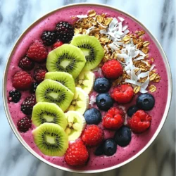 - 1 cup mixed berries (strawberries, blueberries, raspberries) - 1 medium banana - 1/2 cup Greek yogurt - 1/2 cup almond milk For a berry smoothie bowl, start with fresh, vibrant mixed berries. These fruits bring sweetness and a burst of flavor. Strawberries add a juicy taste, while blueberries and raspberries bring a slight tartness. The banana adds creaminess and natural sweetness, making your bowl rich and thick. You can use Greek yogurt for protein and a nice tang. Almond milk keeps it light and smooth, but you can swap it for any milk you like. This base is the heart of your bowl. - 1 tablespoon honey or maple syrup - 1 tablespoon chia seeds For extra sweetness, try adding honey or maple syrup. Just a bit can enhance the flavors. Chia seeds are a great choice too. They add nutrition and a fun texture. Plus, they make your smoothie bowl even healthier. - Sliced kiwi - Granola - Shredded coconut - Whole berries Toppings make your smoothie bowl fun and pretty. Sliced kiwi adds a pop of green and a tangy taste. Granola gives crunch, while shredded coconut adds a tropical twist. Whole berries on top not only look good but also give you more berry goodness. Now you have all the ingredients for a berry smoothie bowl. Check out the Full Recipe to see how to blend these tasty items together! To make your Berry Smoothie Bowl, start by blending the base ingredients. In a blender, add: - 1 cup mixed berries (strawberries, blueberries, raspberries) - 1 medium banana - 1/2 cup Greek yogurt - 1/2 cup unsweetened almond milk (or milk of choice) - 1 tablespoon honey or maple syrup (optional) Blend everything on high until the mixture is smooth and creamy. If it’s too thick, add a splash of almond milk. This step helps you control the texture. Once your base is ready, stir in 1 tablespoon of chia seeds. This adds a nice texture and boosts the nutrition. Then, pour the smoothie into a bowl. Now comes the fun part! Add toppings for color and texture. Use: - Sliced kiwi - Granola - Shredded coconut - A few whole berries These toppings not only look great but also add crunch and flavor. Serve your Berry Smoothie Bowl right away for the best taste! To make the best smoothie bowl, focus on the texture. You want it thick but smooth. If your mix is too thick, add a bit more almond milk. Blend until silky. This makes each bite feel creamy and rich. Next, balance the flavors. Berries can be tart, so a touch of honey or maple syrup helps. Start with a small amount and taste. You can always add more if needed. This way, your bowl has a perfect sweet touch. A beautiful bowl makes the meal more fun. Layer your toppings in a way that shows off colors. Start with sliced kiwi or berries at the base. Then, sprinkle granola and shredded coconut on top. This adds crunch and visual charm. Using colorful bowls also enhances the look. Bright colors make your meal feel special and inviting. Choose bowls that match or contrast with your toppings. This little detail makes your smoothie bowl pop! Berries are tiny powerhouses of nutrition. They are packed with vitamins, fiber, and antioxidants. Eating berries can help your heart and keep your skin healthy. They also taste great, making them an easy choice for snacks or meals. Greek yogurt adds creaminess and protein. It helps keep you full longer. Chia seeds are another great addition. They provide healthy fats and fiber. Plus, they create a fun texture in your bowl. This combo makes your smoothie bowl not just tasty, but also good for you. {{image_2}} You can mix different berries to change the taste. Try a blueberry and banana smoothie bowl. This combo gives a sweet and creamy flavor. Blueberries are rich in antioxidants. The banana adds creaminess and natural sweetness. Another great option is a raspberry and spinach blend. This mix is both tasty and healthy. Raspberries offer a tart flavor. Spinach adds nutrients without changing the taste much. It’s a smart way to sneak in greens! You can switch up your milk or yogurt for variety. Coconut milk makes a great substitute. It adds a rich, tropical flavor to your smoothie bowl. Plus, it’s dairy-free! Plant-based yogurts are another option. They come in many flavors and styles. Look for ones made from coconut or almonds. They can add a unique twist to your bowl while keeping it plant-based. Use seasonal fruits to keep your smoothie bowl fresh. In summer, try adding peaches or mangoes. These fruits bring a juicy sweetness to the mix. In fall, think about adding apples or pears for a crisp flavor. You can also adjust your toppings based on the season. In winter, use nuts and seeds for crunch. In spring, add fresh herbs like mint for a bright touch. Seasonal choices keep your smoothie bowl fun and exciting! For a full recipe, check out the Berry Bliss Smoothie Bowl! To store your smoothie bowl, pour it into an airtight container. Seal it well to keep air out. Place it in the fridge. It stays fresh for up to two days. To enjoy later, stir the bowl before eating. This helps mix the ingredients again. You can freeze your smoothie bowl for later. Use a freezer-safe container and fill it about three-quarters full. Leave some space for expansion. It can last up to a month in the freezer. When you’re ready to eat it, take it out and thaw in the fridge overnight. You can also use a microwave to thaw it quickly. If you want to make smoothie bowls in advance, prepare the base ahead of time. Blend the ingredients and store them in the fridge. Add toppings just before serving. Some ingredients, like berries, hold up well. Try to avoid adding anything that wilts easily, like leafy greens, until you're ready to eat. You can swap Greek yogurt for regular yogurt or plant-based yogurt. If you want a dairy-free option, try coconut yogurt or cashew yogurt. These choices keep your smoothie bowl creamy and delicious. Yes, you can easily make this bowl vegan! Use plant-based yogurt and swap honey for maple syrup. This way, you keep all the flavors while making it vegan-friendly. To adjust the sweetness, add honey or maple syrup. You can also use sweeter fruits like ripe bananas or dates. Taste your smoothie before serving, and add more sweetener if needed. To thicken your smoothie bowl, add more frozen fruit or less liquid. You can also use ice cubes to create a thicker texture. Just blend until you reach your desired thickness. Absolutely! Adding protein powder boosts the nutrition of your smoothie bowl. Use your favorite type, whether it's whey, pea, or hemp protein. Start with a small scoop and blend well. This blog post outlined how to create a delicious smoothie bowl. We explored main ingredients like mixed berries, banana, Greek yogurt, and almond milk. Optional add-ins such as honey and chia seeds can enhance your bowl. We discussed blending techniques and tips for toppings. Remember, you can customize your smoothie bowl for any season. Store any leftovers properly, and try different flavors whenever you like. Have fun making your smoothie bowl vibrant and tasty! Enjoy your healthy treat!