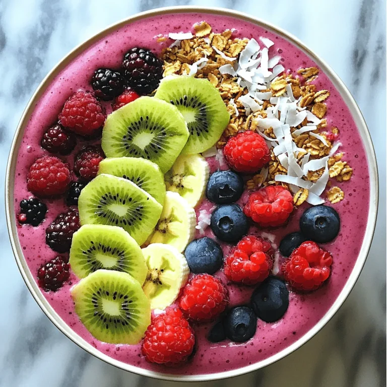 - 1 cup mixed berries (strawberries, blueberries, raspberries) - 1 medium banana - 1/2 cup Greek yogurt - 1/2 cup almond milk For a berry smoothie bowl, start with fresh, vibrant mixed berries. These fruits bring sweetness and a burst of flavor. Strawberries add a juicy taste, while blueberries and raspberries bring a slight tartness. The banana adds creaminess and natural sweetness, making your bowl rich and thick. You can use Greek yogurt for protein and a nice tang. Almond milk keeps it light and smooth, but you can swap it for any milk you like. This base is the heart of your bowl. - 1 tablespoon honey or maple syrup - 1 tablespoon chia seeds For extra sweetness, try adding honey or maple syrup. Just a bit can enhance the flavors. Chia seeds are a great choice too. They add nutrition and a fun texture. Plus, they make your smoothie bowl even healthier. - Sliced kiwi - Granola - Shredded coconut - Whole berries Toppings make your smoothie bowl fun and pretty. Sliced kiwi adds a pop of green and a tangy taste. Granola gives crunch, while shredded coconut adds a tropical twist. Whole berries on top not only look good but also give you more berry goodness. Now you have all the ingredients for a berry smoothie bowl. Check out the Full Recipe to see how to blend these tasty items together! To make your Berry Smoothie Bowl, start by blending the base ingredients. In a blender, add: - 1 cup mixed berries (strawberries, blueberries, raspberries) - 1 medium banana - 1/2 cup Greek yogurt - 1/2 cup unsweetened almond milk (or milk of choice) - 1 tablespoon honey or maple syrup (optional) Blend everything on high until the mixture is smooth and creamy. If it’s too thick, add a splash of almond milk. This step helps you control the texture. Once your base is ready, stir in 1 tablespoon of chia seeds. This adds a nice texture and boosts the nutrition. Then, pour the smoothie into a bowl. Now comes the fun part! Add toppings for color and texture. Use: - Sliced kiwi - Granola - Shredded coconut - A few whole berries These toppings not only look great but also add crunch and flavor. Serve your Berry Smoothie Bowl right away for the best taste! To make the best smoothie bowl, focus on the texture. You want it thick but smooth. If your mix is too thick, add a bit more almond milk. Blend until silky. This makes each bite feel creamy and rich. Next, balance the flavors. Berries can be tart, so a touch of honey or maple syrup helps. Start with a small amount and taste. You can always add more if needed. This way, your bowl has a perfect sweet touch. A beautiful bowl makes the meal more fun. Layer your toppings in a way that shows off colors. Start with sliced kiwi or berries at the base. Then, sprinkle granola and shredded coconut on top. This adds crunch and visual charm. Using colorful bowls also enhances the look. Bright colors make your meal feel special and inviting. Choose bowls that match or contrast with your toppings. This little detail makes your smoothie bowl pop! Berries are tiny powerhouses of nutrition. They are packed with vitamins, fiber, and antioxidants. Eating berries can help your heart and keep your skin healthy. They also taste great, making them an easy choice for snacks or meals. Greek yogurt adds creaminess and protein. It helps keep you full longer. Chia seeds are another great addition. They provide healthy fats and fiber. Plus, they create a fun texture in your bowl. This combo makes your smoothie bowl not just tasty, but also good for you. {{image_2}} You can mix different berries to change the taste. Try a blueberry and banana smoothie bowl. This combo gives a sweet and creamy flavor. Blueberries are rich in antioxidants. The banana adds creaminess and natural sweetness. Another great option is a raspberry and spinach blend. This mix is both tasty and healthy. Raspberries offer a tart flavor. Spinach adds nutrients without changing the taste much. It’s a smart way to sneak in greens! You can switch up your milk or yogurt for variety. Coconut milk makes a great substitute. It adds a rich, tropical flavor to your smoothie bowl. Plus, it’s dairy-free! Plant-based yogurts are another option. They come in many flavors and styles. Look for ones made from coconut or almonds. They can add a unique twist to your bowl while keeping it plant-based. Use seasonal fruits to keep your smoothie bowl fresh. In summer, try adding peaches or mangoes. These fruits bring a juicy sweetness to the mix. In fall, think about adding apples or pears for a crisp flavor. You can also adjust your toppings based on the season. In winter, use nuts and seeds for crunch. In spring, add fresh herbs like mint for a bright touch. Seasonal choices keep your smoothie bowl fun and exciting! For a full recipe, check out the Berry Bliss Smoothie Bowl! To store your smoothie bowl, pour it into an airtight container. Seal it well to keep air out. Place it in the fridge. It stays fresh for up to two days. To enjoy later, stir the bowl before eating. This helps mix the ingredients again. You can freeze your smoothie bowl for later. Use a freezer-safe container and fill it about three-quarters full. Leave some space for expansion. It can last up to a month in the freezer. When you’re ready to eat it, take it out and thaw in the fridge overnight. You can also use a microwave to thaw it quickly. If you want to make smoothie bowls in advance, prepare the base ahead of time. Blend the ingredients and store them in the fridge. Add toppings just before serving. Some ingredients, like berries, hold up well. Try to avoid adding anything that wilts easily, like leafy greens, until you're ready to eat. You can swap Greek yogurt for regular yogurt or plant-based yogurt. If you want a dairy-free option, try coconut yogurt or cashew yogurt. These choices keep your smoothie bowl creamy and delicious. Yes, you can easily make this bowl vegan! Use plant-based yogurt and swap honey for maple syrup. This way, you keep all the flavors while making it vegan-friendly. To adjust the sweetness, add honey or maple syrup. You can also use sweeter fruits like ripe bananas or dates. Taste your smoothie before serving, and add more sweetener if needed. To thicken your smoothie bowl, add more frozen fruit or less liquid. You can also use ice cubes to create a thicker texture. Just blend until you reach your desired thickness. Absolutely! Adding protein powder boosts the nutrition of your smoothie bowl. Use your favorite type, whether it's whey, pea, or hemp protein. Start with a small scoop and blend well. This blog post outlined how to create a delicious smoothie bowl. We explored main ingredients like mixed berries, banana, Greek yogurt, and almond milk. Optional add-ins such as honey and chia seeds can enhance your bowl. We discussed blending techniques and tips for toppings. Remember, you can customize your smoothie bowl for any season. Store any leftovers properly, and try different flavors whenever you like. Have fun making your smoothie bowl vibrant and tasty! Enjoy your healthy treat!