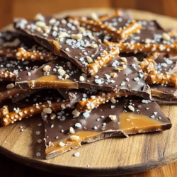 - 2 cups pretzel sticks - 1 cup semi-sweet chocolate chips - 1 cup caramel candies (unwrapped) - 2 tablespoons heavy cream - Sea salt, for sprinkling - Optional: ½ cup chopped nuts (e.g., pecans or almonds) When I make chocolate caramel pretzel bark, I love the combo of salty and sweet. Each bite gives a perfect mix of crunch and smoothness. The pretzel sticks provide a sturdy base. They add saltiness that balances the sweet caramel and chocolate layers. - Alternative chocolates: You can use dark chocolate or milk chocolate if you prefer. Each type brings a unique taste to the bark. - Different nuts: Instead of pecans or almonds, try walnuts or cashews. These nuts add different textures and flavors. - Homemade caramel: If you want to make caramel from scratch, melt sugar slowly in a pan. Add butter and cream for a rich flavor. This gives your bark a personal touch. For the full recipe, check the detailed instructions above. This treat is not just easy to make; it’s fun to share with friends and family. 1. Preheat your oven to 350°F (175°C). 2. Line a baking sheet with parchment paper. This helps with easy cleanup. 1. Evenly spread 2 cups of pretzel sticks on the baking sheet. 2. Make sure the pretzels are in a single layer for even coverage. 1. In a small saucepan, melt 1 cup of caramel candies with 2 tablespoons of heavy cream over low heat. 2. Stir constantly until the mix is smooth and creamy. 3. Remove it from the heat. 4. Pour the melted caramel over the pretzel sticks. Use a spatula to coat them well. 5. Place the baking sheet in the oven for about 5 minutes. Bake until the caramel starts to bubble. 1. Immediately sprinkle 1 cup of semi-sweet chocolate chips over the warm caramel. 2. Let it sit for 2-3 minutes. This helps the chocolate soften. 3. Once softened, use a spatula to spread the chocolate evenly over the caramel and pretzels. 4. If you want nuts, sprinkle ½ cup of chopped nuts over the chocolate and press them down lightly. 1. Finish by sprinkling a bit of sea salt over the top. This adds a nice sweet and salty taste. 2. Place the baking sheet in the refrigerator for about 30 minutes, or until the bark is fully set. 3. Once set, break the bark into pieces of your desired size. For the full recipe, refer to the earlier section. Enjoy your delicious chocolate caramel pretzel bark! To get the best texture for your chocolate caramel pretzel bark, focus on the layers. First, make sure your pretzels are spread evenly. This helps the caramel cover them all, creating that perfect crunch. When melting the caramel, keep the heat low. This prevents burning and helps it stay smooth. Avoid pouring the chocolate when it's too hot; let it soften first. This keeps the bark from being too gooey. A common mistake is using too much caramel. Stick to the recipe for the right balance of sweet and salty. Pair your bark with a glass of cold milk or hot chocolate. This brings out the flavors in the bark. You can also serve it with coffee for a grown-up twist. For a fun presentation, place the bark on a decorative platter. You can cut it into large pieces or break it into smaller bits. Treat bags tied with ribbon make great gifts. They add a personal touch and look lovely. Store your chocolate caramel pretzel bark in an airtight container. This keeps it crunchy and fresh for longer. You can store it at room temperature for up to two weeks. If you want to keep it longer, consider freezing it. Wrap it in plastic wrap and place it in a freezer bag. When you’re ready to enjoy it again, let it thaw overnight in the fridge. If it needs a little warmth, you can reheat it gently in the oven for a few minutes. Just be careful not to melt it completely. {{image_2}} You can spice up your Chocolate Caramel Pretzel Bark in fun ways. Try adding a pinch of cinnamon for warmth or a dash of chili powder for heat. Both spices give a unique twist to the sweet and salty mix. You can also experiment with different flavored chocolates. Dark chocolate, white chocolate, or even flavored chocolate can change the taste. Each choice brings a new layer of flavor to your bark. For gluten-free options, swap regular pretzels with gluten-free pretzels. Many brands offer tasty alternatives that work well. If you want to make the bark vegan, you can use dairy-free chocolate and vegan caramel. There are many great vegan caramel sauces available today. These swaps allow everyone to enjoy this tasty treat. Get creative with toppings on your Chocolate Caramel Pretzel Bark. You can sprinkle colorful candies, crushed cookies, or dried fruit on top. For seasonal variations, think about using festive sprinkles or themed colors for holidays. You might use red and green for Christmas or pastel colors for Easter. This adds a fun touch and makes your bark perfect for sharing or gifting. For the full recipe, check out the complete guide! To keep your chocolate caramel pretzel bark fresh, store it in an airtight container. A glass jar works well, but you can also use plastic containers. Make sure to place parchment paper between layers to prevent sticking. At room temperature, this sweet treat lasts about one week. If you keep it in a cool, dry place, it stays fresh longer. You can freeze chocolate caramel pretzel bark for later enjoyment. To do this, wrap each piece in plastic wrap, then place them in a freezer-safe bag. This protects the bark from freezer burn. When you’re ready to eat it, take the bark out and let it thaw in the fridge for a few hours. Avoid thawing at room temperature to maintain that great taste. For the full recipe, check the earlier sections. To make chocolate caramel pretzel bark, start by preheating your oven to 350°F (175°C). Line a baking sheet with parchment paper. Spread 2 cups of pretzel sticks evenly on the sheet. In a small saucepan, melt 1 cup of caramel candies with 2 tablespoons of heavy cream over low heat. Stir until smooth. Pour this caramel over the pretzels and bake for about 5 minutes until bubbly. Sprinkle 1 cup of semi-sweet chocolate chips on top and let it soften for 2-3 minutes. Spread the melted chocolate evenly. Optionally, add ½ cup of chopped nuts and sprinkle some sea salt. Chill until set before breaking it into pieces. If you run into issues, remember to stir the caramel constantly to avoid burning. Yes, you can use different kinds of pretzels! Each type changes the flavor and texture. Regular pretzel sticks work well for a nice crunch. If you use pretzel crisps, they will add a thin, crispy bite. Chocolate-covered pretzels bring a sweet twist. Just remember that thicker pretzels can hold more caramel, while thinner ones may get soggy. Experiment to find the mix you love best! Store your chocolate caramel pretzel bark in an airtight container. This keeps it fresh and prevents it from absorbing moisture. You can place parchment paper between layers to avoid sticking. Keep the container in a cool, dry place. Avoid leaving it in direct sunlight or heat, as this can melt the chocolate. Chocolate caramel pretzel bark can last up to two weeks if stored properly. Over time, the bark may lose its crunch. If you want to keep it longer, consider freezing it. Just wrap it well to avoid freezer burn. When thawing, let it sit at room temperature to maintain the texture. You can definitely make chocolate caramel pretzel bark ahead of time! It’s perfect for events or gifting. Make it a day or two before you plan to serve. Just store it as mentioned above. This dessert stays fresh and tasty, so it’s a great choice for parties or treat bags. Check the [Full Recipe](#) for all the details! This recipe for chocolate caramel pretzel bark combines sweet and salty flavors in a simple way. You’ve learned about the key ingredients, step-by-step instructions, and tips for success. Remember to get creative with flavors and toppings. Store your bark properly to make it last longer. Whether for yourself or as a treat for others, this dessert is a hit. Enjoy the fun of making and sharing!