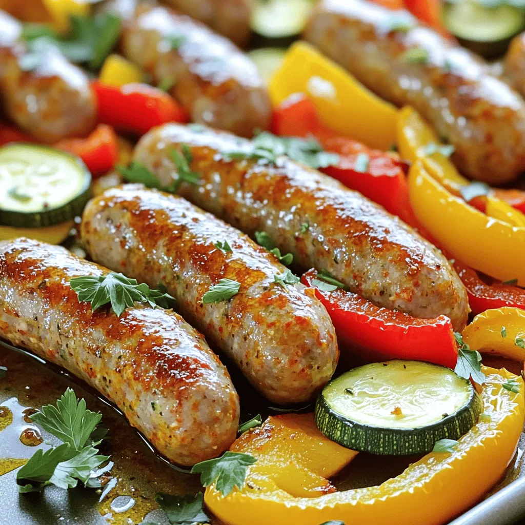 This dish is simple, tasty, and healthy. You can make it in under an hour. The mix of chicken sausage and veggies brings wonderful flavors to your table. - Chicken Sausages - I use four chicken sausages. You can pick your favorite kind too. Slice them into thick rounds for a great texture. - Assorted Vegetables - I like to add one red bell pepper and one yellow bell pepper. They add sweetness and color. You will also need one medium zucchini, chopped into half-moons, and one red onion, chopped into wedges. Three cloves of minced garlic will give it a punch of flavor. - Seasonings and Oils - Use two tablespoons of olive oil to keep things moist. For flavor, add one teaspoon of smoked paprika and one teaspoon of dried oregano. Don’t forget to season with salt and pepper to taste. A sprinkle of fresh parsley at the end adds a nice touch. This list covers everything you need for the full recipe. - Preheat Oven Guide Start by preheating your oven to 425°F (220°C). This step helps cook the sausages and veggies evenly. - Mixing Ingredients In a large mixing bowl, add the sliced chicken sausages, red and yellow bell peppers, chopped zucchini, red onion, and minced garlic. Drizzle 2 tablespoons of olive oil over the mix. Then, sprinkle 1 teaspoon of smoked paprika, 1 teaspoon of dried oregano, salt, and pepper to taste. Toss everything until the sausages and veggies are well coated with oil and seasonings. - Oven Temperature Make sure your oven stays at 425°F (220°C) during baking. This high heat gives a nice brown color to the sausages and tenderizes the veggies. - Cooking Time and Tips Spread your mixture on a large sheet pan in a single layer. Bake for 25-30 minutes. Stir the mix halfway through to ensure even cooking. The veggies should be tender, and the sausages will be browned. For the final touch, sprinkle fresh parsley over the dish before serving. Enjoy this easy and tasty meal! Cooking Times for Different Sausage Types The cooking time varies with the type of sausage you use. Chicken sausages cook quickly. They need about 25-30 minutes in the oven. Pork or beef sausages may require a few extra minutes. Always check that the internal temperature reaches 165°F (74°C) for safety. How to Achieve the Best Texture To get a nice texture, cut the veggies into similar sizes. This helps them cook evenly. Use a mix of soft and crunchy veggies. Zucchini becomes soft, while bell peppers stay a bit firm. Toss the veggies and sausages well in oil and spices. This ensures everything roasts nicely and gets that golden color. Garnishing Tips Fresh parsley adds color and flavor. Sprinkle it on right before serving. You can also use lemon zest for a bright finish. If you like heat, add a pinch of red pepper flakes on top. Pairing Ideas This dish pairs well with rice or crusty bread. You can serve it with a side salad for extra crunch. A glass of white wine or sparkling water complements the flavors, too. For a hearty meal, serve it with mashed potatoes. You can check out the Full Recipe for more details on making this dish truly yours! {{image_2}} You can use different types of sausage for this dish. Chicken sausage works well, but you can also try pork, turkey, or even plant-based sausages. Each type brings its own flavor. For a spicy kick, go for chorizo or andouille. If you like a milder taste, sweet Italian sausage is a great choice. You can also mix and match different sausages for a fun flavor twist. Seasonal vegetables add variety to your meal. In spring, use asparagus and snap peas for a fresh taste. Summer brings zucchini, cherry tomatoes, and eggplant. In fall, add butternut squash and Brussels sprouts for warmth. Winter is perfect for root veggies like carrots, parsnips, and sweet potatoes. You can even use frozen veggies in a pinch; just adjust the cooking time. Adding spices and herbs can elevate your dish. Try rosemary or thyme for an earthy touch. A sprinkle of red pepper flakes can give it some heat. If you love Italian flavors, add basil or oregano. For a smoky taste, more smoked paprika works well. A squeeze of lemon juice before serving brightens the dish and enhances the flavors. To keep your leftovers fresh, first let them cool down. Place the sausage and veggies in an airtight container. Store them in the fridge. They can stay good for about three to four days. When you want to eat them again, just take them out and reheat. You can also freeze leftovers. Make sure they cool completely. Then, put the sausage and veggies in a freezer-safe bag. Try to remove as much air as possible before sealing. They can last for about three months in the freezer. To reheat, you have two options. You can microwave them for a quick meal. Heat on high for about two to three minutes. Or, you can bake them in the oven. Preheat it to 350°F (175°C) and bake for about 10-15 minutes. Either way, make sure they are hot throughout before enjoying your meal again. Yes, you can use different sausages. Turkey, pork, or vegan sausages work well. Each type adds its own flavor. If you try a new kind, adjust the cooking time if needed. Some sausages may need longer to cook. Always check the package for guidance. You can store leftovers in the fridge for about three to four days. Place them in an airtight container. This keeps the flavors fresh. Reheat in the oven or a microwave. If you want to keep them longer, freezing is a good option. You can mix many vegetables in this dish. Here are some great options: - Broccoli - Carrots - Cauliflower - Sweet potatoes - Asparagus Feel free to use what you have on hand. This dish is very flexible! This recipe serves four people. Each serving has: - Calories: 350 - Protein: 20g - Fat: 15g - Carbohydrates: 30g - Fiber: 5g This dish is not only tasty but also nutritious! This blog post covered how to make a tasty dish with chicken sausages and veggies. You learned about ingredients, preparation steps, and cooking instructions. We also shared tips to help you perfect your meal, plus some fun variations. Remember, you can play with different sausages and veggies. Enjoy experimenting with flavors. This dish is easy to store and reheat, making it perfect for leftovers. Now, get cooking and enjoy a healthy meal!