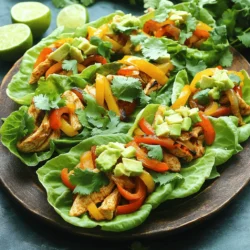 - Chicken breasts - Spices and seasonings - Fresh vegetables - Lettuce options To make Chicken Fajita Lettuce Wraps, you need some key ingredients. Start with chicken breasts. Use two, sliced into thin strips. This keeps the chicken tender and easy to eat. Next, gather your spices. Chili powder, cumin, and smoked paprika bring great flavor. Don't forget garlic powder, salt, and pepper for extra taste. Fresh vegetables are a must. You will need one bell pepper—choose red or yellow—and one medium onion. Slice both thinly to help them cook quickly. Finally, get your lettuce. Romaine or butter lettuce works best. These leaves are sturdy and hold the filling well. - Diced avocado - Fresh herbs - Lime wedges For added flavor, consider some optional toppings. Diced avocado adds creaminess. Fresh herbs like cilantro enhance the dish. Lastly, lime wedges provide a zesty kick. Squeeze some over your wrap before you eat. This meal is fresh and full of flavor! For the full recipe, check the detailed instructions in [Full Recipe]. To start, marinate the chicken with spices. In a bowl, mix the sliced chicken with olive oil, chili powder, cumin, smoked paprika, garlic powder, salt, and pepper. Make sure each piece is well coated. This marinade adds a lot of flavor. Let it sit for 10-15 minutes, if possible. The best way to cook chicken for fajitas is in a hot skillet. This method helps create a nice sear. The heat brings out the spices and gives the chicken a great texture. Heat a large skillet over medium-high heat. Once hot, add the seasoned chicken. Cook for about 5-7 minutes. Stir occasionally to ensure even cooking. The chicken should be browned and fully cooked. When the chicken is nearly done, add the sliced bell pepper and onion. Sauté for another 3-4 minutes. You want the veggies to be tender but still crisp. They should get a bit charred for more flavor. Now it’s time to assemble the wraps. Take a leaf of romaine or butter lettuce. Spoon some of the chicken and vegetable mix onto the center of the leaf. Top it with diced avocado and a sprinkle of fresh cilantro. This adds a refreshing touch. Squeeze a lime wedge over the filling for extra flavor. Fold the lettuce over the filling to create your wrap. For a nice presentation, arrange the filled wraps on a platter. Garnish with lime wedges and extra cilantro. This makes the dish colorful and inviting. For the full recipe, check the instructions provided above! To ensure your chicken is tender, start with fresh, high-quality chicken breasts. Slice them thinly so they cook evenly. Marinating the chicken in oil and spices helps keep it moist. Cook on medium-high heat for about 5-7 minutes. This way, it stays juicy and full of flavor. To avoid soggy lettuce, choose sturdy leaves like romaine or butter lettuce. Rinse them gently and dry them well. If you use damp leaves, the wraps will get soggy quickly. Hold the wraps upright on a plate to keep them crisp until serving. For the best accompaniments, serve your wraps with fresh avocado, lime wedges, and chopped cilantro. These add bright flavors and textures to each bite. You can also include salsa or sour cream on the side for extra dipping. Pair your Chicken Fajita Lettuce Wraps with refreshing drinks. I recommend iced tea, lemonade, or a light beer. These beverages complement the spicy flavors and coolness of the wraps. Enjoy the full recipe for a delightful meal that everyone will love. {{image_2}} You can switch the chicken for turkey or beef. Ground turkey works well in this dish. It cooks quickly and absorbs the spices nicely. If you prefer beef, use flank steak or sirloin. Slice it thin for the best texture. For a vegetarian option, try using black beans or tofu. Both add protein and soak up flavors well. Adding different spices can change the entire dish. Try smoked paprika for a deeper flavor. You might also enjoy taco seasoning for a twist. Incorporating sauces can enhance the taste too. A splash of hot sauce adds heat, while a drizzle of lime crema gives creaminess. Each option offers a fun way to customize your wraps. For more ideas, check out the Full Recipe. To store your Chicken Fajita Lettuce Wraps, keep them in an airtight container. This helps to keep them fresh. Place the container in your fridge right away. You can safely store leftovers for up to three days. After that, the taste and texture may change. When you reheat your wraps, avoid using the microwave if possible. A skillet works best to keep the chicken tender. Warm the chicken over low heat, stirring gently. This helps maintain moisture. Always check that the chicken reaches at least 165°F to ensure it is safe to eat. For best results, eat leftovers within three days for great flavor. You can find the full recipe to make more Chicken Fajita Lettuce Wraps anytime! Yes, you can prepare Chicken Fajita Lettuce Wraps ahead of time. Cook the chicken and veggies first. Store them in an airtight container in the fridge for up to three days. When you are ready to eat, just heat the filling and assemble the wraps. This makes meal prep easy and quick. Romaine lettuce and butter lettuce work best for wraps. They have sturdy leaves that hold the filling well. Romaine gives a nice crunch, while butter lettuce offers a softer texture. Both types add freshness to your meal. Yes, Chicken Fajita Lettuce Wraps are low in carbs. Instead of tortillas, you use lettuce leaves. This swap cuts down on carbohydrates while still giving you a tasty dish. It’s a great option for those watching their carb intake. Absolutely! You can swap chicken with beef, turkey, or shrimp. Each option brings a new flavor. For a vegetarian twist, try using black beans or grilled tofu. This makes the recipe flexible for different diets. You can add many toppings to your wraps. Avocado adds creaminess. Fresh cilantro gives a burst of flavor. Sliced jalapeños can add heat. Lime wedges are great for brightness, enhancing every bite. To store leftover wraps, keep the filling and lettuce separate. Place the filling in an airtight container. Wrap the lettuce in a damp paper towel and store it in a sealed bag. This keeps everything fresh. Leftover chicken fajita filling lasts about three days in the fridge. The lettuce should be eaten within two days for the best taste and texture. Always check for freshness before eating. Yes, you can make this dish spicy! Add extra chili powder or fresh jalapeños. You can also serve your wraps with a spicy sauce or salsa. Adjust the heat level to fit your taste. These wraps pair well with a side salad or Mexican rice. You can also serve them with fresh salsa or guacamole for dipping. A light beverage like iced tea or sparkling water complements the meal nicely. For the full recipe, check the details above. In this post, we explored making Chicken Fajita Lettuce Wraps. We covered ingredients like chicken, spices, and fresh veggies. You learned how to prepare, cook, and assemble your wraps step-by-step. We shared tips for cooking and serving, plus fun variations. Proper storage methods and reheating tips ensure your leftovers stay fresh. Enjoy these tasty, healthy wraps at home. With this knowledge, you’re ready to impress everyone with a delicious meal.
