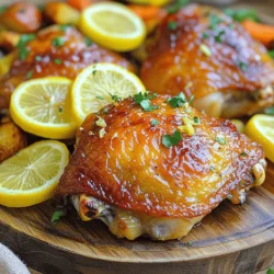 - 6 chicken thighs, skin-on and bone-in - 4 cloves garlic, minced - 2 lemons (one juiced and one sliced) - 3 tablespoons olive oil - 2 teaspoons dried oregano - 1 teaspoon smoked paprika - Salt and pepper to taste - Fresh parsley, chopped (for garnish) These ingredients create a flavorful dish. The chicken thighs give a nice, juicy bite. The garlic adds depth, while lemon brings brightness. Olive oil keeps everything moist. When choosing chicken, look for thighs with firm skin and no discoloration. Fresh chicken should smell clean, not sour. Check the sell-by date to ensure freshness. Choose bright lemons that feel heavy; they are juicier. Quality olive oil should smell fruity and taste smooth. If you don’t have fresh garlic, use garlic powder. You can skip smoked paprika if you prefer a milder taste. If you lack fresh lemons, try using vinegar for acidity. Fresh parsley can be replaced with cilantro or basil for different flavors. For a lower fat option, use skinless chicken thighs. For the full recipe, check the detailed instructions. Start by gathering your ingredients. You will need chicken thighs, garlic, lemons, olive oil, oregano, paprika, salt, and pepper. In a large bowl, mix the minced garlic, lemon juice, olive oil, oregano, paprika, salt, and pepper. This mix is your marinade. Add the chicken thighs to the bowl. Make sure each piece is well coated in the marinade. For the best flavor, let the chicken marinate for at least 30 minutes. If you have time, marinating overnight works even better. Before you cook, preheat your oven to 400°F (200°C). This step is key for crispy skin. Place the marinated chicken thighs in a large oven-proof skillet or baking dish. Lay the lemon slices on top and around the chicken. This adds great flavor and a lovely look. Roast the chicken in the oven for 35-40 minutes. Look for a golden-brown color and a crispy skin. The internal temperature should reach 165°F (74°C) for safe eating. If you want extra crispiness, broil the chicken for 2-3 minutes. Watch closely to prevent burning. For perfect Lemon Garlic Roasted Chicken Thighs, cook at 400°F (200°C). Roast for 35-40 minutes. Always check the internal temperature. It should be at least 165°F (74°C). This ensures that the chicken is juicy and safe to eat. Follow these steps for a tasty meal. For the full recipe, refer to the complete instructions. To get that perfect crispy skin, always start with skin-on chicken thighs. Pat them dry using paper towels. This helps remove extra moisture. The less moisture, the crispier the skin will get. Use a hot oven set to 400°F. This temperature cooks the skin fast. If you want an extra crunch, broil them for a few minutes. Keep a close watch to avoid burning. Marinating is key for flavor. I suggest a simple mix of lemon juice, garlic, olive oil, and herbs. Let the chicken sit in this marinade for at least 30 minutes. For the best taste, marinate overnight in the fridge. This gives the chicken time to soak up all those yummy flavors. The acid in the lemon juice helps tenderize the meat too. To know if chicken is done, check the internal temperature. It should reach 165°F. Use a meat thermometer for accuracy. If you don’t have one, check the juices. They should run clear, not pink. You can also cut into the thickest part of the thigh. The meat should be white throughout. Always let the chicken rest for a few minutes after cooking. This keeps it juicy and tasty. For the full recipe, check out the Lemon Garlic Roasted Chicken Thighs section above. {{image_2}} You can change the flavor of Lemon Garlic Roasted Chicken Thighs easily. Try fresh herbs like thyme or rosemary. They add a bright taste. For a spicy kick, mix in some red pepper flakes. You can also swap lemons for limes or oranges. These add a new twist. Grilling chicken thighs gives a smoky flavor. You can use a grill pan or an outdoor grill. Keep the heat medium-high for best results. Bake the chicken in the oven if you prefer. This method makes the skin crispy. Both methods work well, so choose what you like best. To serve more people, just double the recipe. Make sure to adjust the cooking time. Larger batches may need more time in the oven. Use a meat thermometer to check for doneness. The internal temperature should reach 165°F. For fewer servings, cut the recipe in half. The cooking time may decrease slightly, so keep an eye on it. For the full recipe, check out the Lemon Garlic Roasted Chicken Thighs section above. After enjoying your Lemon Garlic Roasted Chicken Thighs, let them cool down. Place the leftovers in an airtight container. This helps keep them fresh. Store them in the fridge for up to three days. Make sure to keep the chicken separate from any sides to maintain flavor and texture. To reheat, preheat your oven to 350°F (175°C). Place the chicken thighs on a baking sheet. Cover them loosely with foil to keep moisture in. Heat for about 15 to 20 minutes. You want the chicken warm and juicy. If you prefer using a microwave, place the chicken on a microwave-safe plate. Heat in short bursts, about one minute at a time, checking often to avoid drying it out. For longer storage, you can freeze your chicken thighs. Wrap each piece in plastic wrap and then place them in a freezer bag. Squeeze out any air before sealing. This helps prevent freezer burn. They can last for up to three months in the freezer. When ready to eat, thaw them overnight in the fridge before reheating. This keeps the chicken safe and tasty. For the full recipe, please visit the complete Lemon Garlic Roasted Chicken Thighs guide. I love pairing Lemon Garlic Roasted Chicken Thighs with roasted vegetables. Think carrots, broccoli, and potatoes. These sides soak up the chicken's flavors. A fresh salad also works well. A light green salad with lemon vinaigrette brings brightness. You can even serve it with rice or quinoa for a hearty meal. Yes, you can use boneless chicken thighs. They will cook faster, so adjust your time. Aim for about 25-30 minutes in the oven. The flavor from the marinade will still shine through. Just make sure to check the internal temperature. It should reach 165°F (74°C) for safety. To serve fewer people, cut the recipe in half. You can use three chicken thighs and adjust the marinade. For a larger group, double the recipe. Use 12 chicken thighs, but keep the same marinade amounts. Cook in batches if your oven can’t fit them all. Adjust cooking times as needed to ensure they cook evenly. In this blog post, we covered essential tips for making Lemon Garlic Roasted Chicken Thighs. You learned how to choose fresh chicken, prepare the marinade, and achieve that crispy skin. We explored flavor variations, cooking methods, and storage tips to keep your dish tasty. Remember, simple changes can make a big impact. With practice, you can impress anyone with this easy meal. Enjoy your cooking journey and share your delicious results!