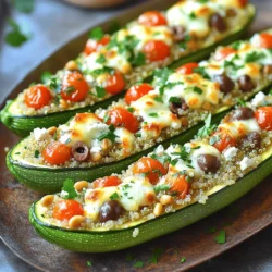 - 4 medium zucchinis - 1 cup cooked quinoa - 1 cup cherry tomatoes, halved - 1/2 cup kalamata olives, pitted and chopped - 1/2 cup feta cheese, crumbled - 1/4 cup pine nuts, toasted - 2 tablespoons fresh parsley, chopped - 2 tablespoons olive oil - 1 teaspoon dried oregano - Salt and pepper to taste - 1/2 cup shredded mozzarella cheese (for topping) You can swap quinoa for brown rice or farro for a different texture. If you want a vegan option, use plant-based cheese for the feta and mozzarella. This keeps the dish tasty and friendly for various diets. These stuffed zucchini boats are gluten-free and fit well into vegetarian and Mediterranean diets. They pack in nutrients while offering a burst of flavor. You can enjoy them guilt-free, knowing they are both healthy and satisfying. Check out the Full Recipe for detailed cooking steps and tips. - First, preheat your oven to 375°F (190°C). This step ensures even cooking. - Next, take your zucchinis and slice them in half lengthwise. Use a spoon to scoop out the insides. Leave about 1/4 inch of flesh. This creates your zucchini boats. - In a medium bowl, combine the scooped-out zucchini flesh, cooked quinoa, cherry tomatoes, olives, feta cheese, pine nuts, parsley, olive oil, oregano, salt, and pepper. Mix until all ingredients blend well. - Now, fill each zucchini half generously with your quinoa mixture. Press down gently to pack it in. Place each stuffed boat on a lined baking sheet. - Bake your stuffed zucchini boats in the preheated oven for 25-30 minutes. You want the zucchinis to be tender and the cheese to melt and turn golden brown. - To check for doneness, poke a fork into the zucchini. It should feel soft but not mushy. If you want extra color, broil for a minute at the end. For the full recipe, check out the link above. To avoid soggy zucchini, choose firm zucchinis. Cut the ends off and slice them in half. Scoop out the insides gently, leaving a thick shell. This helps keep the structure strong. For flavor enhancement, add spices like cumin or smoked paprika. Mixing in fresh herbs like basil or mint can add a nice twist. You can also try a splash of lemon juice for brightness. When serving stuffed zucchini boats, pair them with a light salad. A simple green salad with vinaigrette works well. You can also serve them with crusty bread or garlic bread. Garnishing can elevate your dish. Add a sprinkle of feta cheese or a drizzle of balsamic glaze. Fresh parsley or basil on top adds a great color and flavor. Plating your zucchini boats nicely makes them more appealing. Arrange them in a line on a large platter. You can also fan them out for a beautiful display. Using fresh herbs for decoration adds freshness. A few sprigs of parsley or basil placed around the boats brings life to your dish. The colors will pop and make your meal look gourmet. For the full recipe, check out the detailed instructions above. {{image_2}} You can change the protein in your stuffed zucchini boats to suit your taste. Ground turkey or chicken works great. They add a hearty touch and keep the dish light. Just cook the meat first, then mix it with your other ingredients. You can also use beans for a plant-based option. Black beans or chickpeas add protein and fiber. They make the dish filling and add a nice texture. This option works well for vegetarians too. Flavor is key in stuffed zucchini boats. You can choose between Mediterranean and Italian styles. For a Mediterranean twist, add olives, feta, and fresh herbs. This gives a bright and fresh taste. If you prefer Italian, use marinara sauce, mozzarella, and basil. This creates a comforting and classic flavor profile. You can also spice things up. Add red pepper flakes for heat or garlic for depth. Zucchini boats are just the start. You can use other squash varieties like yellow squash or pattypan. These alternatives give the dish a new look and taste. In the summer, try seasonal vegetables. Bell peppers or eggplants can make tasty boats too. They each offer unique flavors and textures. This way, you can enjoy stuffed veggies all year long! For the full recipe, check out the Cheesy Mediterranean Stuffed Zucchini Boats. To keep your stuffed zucchini boats fresh, place them in an airtight container. Make sure the container is tight to keep moisture in and air out. You can store them in the fridge for up to five days. When you want a quick meal, these make a great option. If you want to save some for later, freezing is a good idea. First, let the stuffed zucchini cool completely. Then, wrap each boat in plastic wrap and place them in a freezer-safe bag. They can last up to three months in the freezer. When you’re ready to eat, take them out and thaw in the fridge overnight. To heat them, bake at 375°F (190°C) for 20-25 minutes until warm. Making these stuffed zucchini boats ahead of time is easy. You can prepare the filling a day in advance. Just store it in the fridge until you are ready to stuff the zucchini. This is great for busy weeks. You can also batch-cook several boats at once. Try different fillings like beans or ground meat for variety. This way, you can enjoy a new meal every day! For the full recipe, check the earlier section. You can prepare stuffed zucchini boats in steps. First, scoop out the zucchini flesh and mix it with the filling. Store the filling in the fridge. Cut the zucchinis and keep them whole. When ready, fill the boats and bake them. This saves time and keeps the dish fresh. Yes, you can grill stuffed zucchini boats! Simply preheat the grill. Place the stuffed zucchinis on a grill-safe pan or directly on the grill. Grill for about 10-15 minutes. This gives a lovely smoky flavor. Grilling may take less time than baking, so keep an eye on them. Stuffed zucchini boats pair well with many sides. Try a fresh garden salad with cucumbers and tomatoes. A light garlic bread also works great. You can serve them with roasted vegetables for extra flavor. These sides will enhance your meal and add variety. Stuffed zucchini boats are a fun and tasty dish. You learned about the ingredients, prep steps, and cooking tips to make them perfect. We also explored variations and storage options for your leftovers. Final thoughts: enjoy being creative in the kitchen, and try new flavors. These boats can fit any diet and are great for meal prep. Let your taste buds guide you, and make it your own!