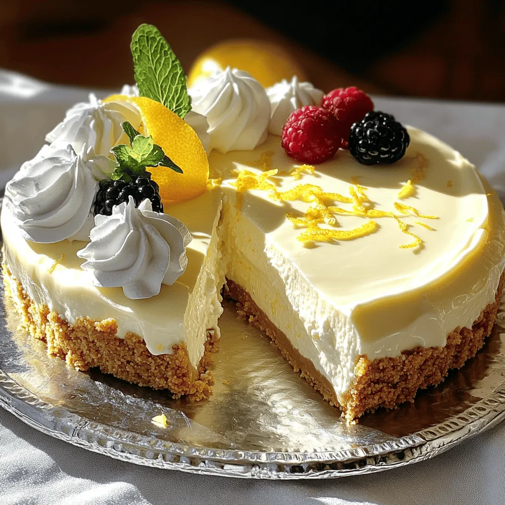 To make a no-bake lemon cheesecake, you need fresh and simple ingredients. Each one adds to the creamy, zesty flavor. Here’s what you will need: - 1 ½ cups graham cracker crumbs - ½ cup unsalted butter, melted - 2 (8 oz) packages cream cheese, softened - 1 cup powdered sugar - 1 cup heavy whipping cream - ½ cup fresh lemon juice - Zest of 2 lemons - 1 teaspoon vanilla extract - Pinch of salt These ingredients come together to create a delicious dessert that brightens your day. The graham cracker crumbs form a crunchy base, while the cream cheese and lemon juice bring rich, tangy flavor. Using fresh lemon juice and zest makes a big difference. It gives the cheesecake a fresh and lively taste. You can find the full recipe above to guide you through each step. This cheesecake is perfect for any occasion. To make the crust, first, combine graham cracker crumbs with melted butter in a bowl. Mix it well until every crumb is coated. This step is crucial for a tasty and firm base. Next, press the mixture into a 9-inch springform pan. Make sure it is even and compact. This will help it hold together after chilling. Now, let's make the filling. Beat the softened cream cheese in a large bowl using an electric mixer. Mix until it's smooth and creamy. This step is important for a nice texture. Gradually add the powdered sugar, mixing until fully combined. Then, pour in the fresh lemon juice and lemon zest. Don't forget the vanilla extract and a pinch of salt. Mix again until it's creamy and all the ingredients are well blended. Once your filling is ready, whip the heavy cream in another bowl until soft peaks form. This will add a light and airy feel to the cheesecake. Gently fold the whipped cream into the cream cheese mixture. Be careful not to deflate the whipped cream. After combining, pour the filling over the crust in the springform pan. Spread it evenly with a spatula. Cover the pan with plastic wrap and refrigerate for at least 4 hours. This chilling time is vital for the cheesecake to set properly. After it’s chilled, the cheesecake will be firm and ready to slice. For an extra treat, check out the Full Recipe for more tips on presentation! To ensure your crust is firm, press the graham cracker crumbs tightly into the pan. The more compact the crust, the better it holds together. Chilling the crust first helps it set. If you want alternatives to graham cracker crumbs, try using crushed cookies or nuts. Digestive biscuits work well, too. They offer a different flavor and texture. You can use various toppings and garnishes to enhance the flavor of your cheesecake. Fresh berries, lemon curd, or whipped cream can add a delicious touch. Try sprinkling some extra lemon zest on top for added brightness. For zesting lemons efficiently, use a microplane or fine grater. This method helps you get more zest without the bitter white pith. The best chilling practice is to cover your cheesecake with plastic wrap. Refrigerate it for at least four hours, but overnight is even better. This allows it to firm up nicely. To check if it’s firm, gently press the center with your finger. If it feels set and springs back, it’s ready to serve. Remember, chilling is key for the perfect no-bake lemon cheesecake. For the full recipe, refer to the earlier section. {{image_2}} You can play with flavors in your no-bake lemon cheesecake. One fun way is to add fruit purees. For example, try mixing in strawberry or raspberry puree. This gives your cheesecake a fruity twist and bright color. Additionally, you can create a chocolate version. Simply add melted chocolate to the cream cheese mix. This change makes a rich and creamy dessert that chocolate lovers will adore. If you need a gluten-free option, switch to gluten-free graham crackers. This simple swap keeps the crust intact while making it safe for those with gluten sensitivity. For vegan options, use coconut cream instead of cream cheese. You can also replace heavy cream with whipped coconut cream. These changes allow everyone to enjoy this tasty treat without missing out. For the full recipe, check out the detailed instructions above. To keep your no-bake lemon cheesecake fresh, refrigeration is key. Here are some best practices: - Cover the cheesecake: Use plastic wrap or aluminum foil to wrap the cheesecake. This helps keep it fresh and prevents it from absorbing other smells in the fridge. - Use an airtight container: If you have leftover slices, place them in an airtight container. This keeps them from drying out. If you want to save some cheesecake for later, freezing is a great option. Here are some tips: - Slice before freezing: Cut the cheesecake into individual slices. This makes it easier to thaw only what you need. - Wrap slices tightly: Use plastic wrap to tightly wrap each slice. Then, place them in a freezer-safe container or bag. How long does this cheesecake last in the fridge? When stored properly, your no-bake lemon cheesecake can last for about 3 to 5 days. Keep an eye out for signs that the cheesecake is no longer good: - Off smell: If it has a strange or sour smell, it’s time to toss it. - Change in texture: If the cheesecake becomes watery or develops a crust, don’t eat it. - Mold: Any signs of mold mean it’s best to discard it right away. For the full recipe, check out the complete guide to making this delightful dessert. Yes, you can make this cheesecake without gelatin. No-bake cheesecakes don't need it. Traditional cheesecakes often use gelatin to help them set. However, the mix of cream cheese and heavy cream in this no-bake recipe gives it a great texture. The whipped cream helps make it light and fluffy. If you want a different taste, you can use alternatives to cream cheese. Some good options are mascarpone cheese or Greek yogurt. Both can add a unique flavor. They also provide that creamy texture we love in cheesecakes. You might need to adjust the sugar, as Greek yogurt can be tangier. To check if your cheesecake is ready, gently shake the pan. If it jiggles slightly in the center, it's set. You can also insert a toothpick. If it comes out clean, your cheesecake is good to go. Let it chill for at least 4 hours, or overnight for the best results. You can use bottled lemon juice, but fresh lemon juice gives the best flavor. Fresh juice is bright and zesty, enhancing the cheesecake's taste. Bottled juice often lacks that fresh kick. If you do use bottled juice, make sure it's 100% lemon juice for the best results. This cheesecake recipe combines simple ingredients for a delightful dessert. You start with a buttery graham cracker crust and creamy lemon filling. Tips throughout the post help perfect the texture and flavor. Consider variations for unique twists, like adding fruit or making it vegan. Remember to store it properly for the best taste. Enjoy making this easy cheesecake that impresses without stress. Keep exploring your creativity in the kitchen!